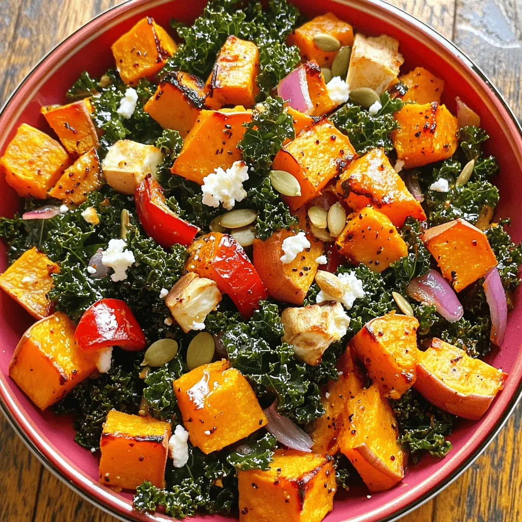 To make a delicious roasted sweet potato and kale medley, you need: - 2 medium sweet potatoes, cubed - 1 bunch of kale, stems removed and leaves roughly chopped - 1 red bell pepper, diced - 1 small red onion, sliced - 3 cloves garlic, minced - 2 tablespoons olive oil - 1 tablespoon maple syrup - 1 teaspoon smoked paprika - ½ teaspoon chili flakes (optional for heat) - Salt and pepper to taste You can enhance your dish with these extras: - ¼ cup feta cheese, crumbled - 2 tablespoons pumpkin seeds for garnish This medley packs a nutritious punch. Sweet potatoes are full of vitamins A and C. They also provide fiber, which aids digestion. Kale is a superfood rich in vitamins K and C, calcium, and iron. The olive oil offers healthy fats, good for your heart. Adding feta cheese gives you protein and calcium. Overall, this dish is tasty and good for you. Enjoy the flavors while knowing you are eating well. For the full recipe, check the earlier sections. First, wash all the veggies. For sweet potatoes, peel and cube them. Aim for bite-sized pieces. This helps them cook evenly. Next, remove the stems from the kale. Chop the leaves roughly, but not too small. Dice the red bell pepper and slice the red onion. Finally, mince the garlic. Place all these chopped veggies in a large mixing bowl. Now it’s time to roast! Preheat your oven to 425°F (220°C). In your big bowl of veggies, drizzle olive oil and maple syrup over everything. Add smoked paprika, chili flakes, salt, and pepper. Toss the veggies well until they are coated. Spread this mixture on a baking sheet lined with parchment paper. Roast for 25-30 minutes. Stir halfway through for the best results. Check for tenderness and a nice caramelized look. With about 10 minutes left, add the chopped kale to your baking sheet. Toss it gently with the sweet potato mix. This allows the kale to wilt and get crispy. Once the medley is fully cooked, take it out of the oven. Let it cool for a few minutes. If you want, sprinkle feta cheese and pumpkin seeds on top. This adds great flavor and crunch. For more details, check the Full Recipe. To make the roasted sweet potato and kale medley shine, proper techniques matter. Start by cutting the sweet potatoes into even cubes. This ensures they cook at the same rate. Use a large mixing bowl to combine all your veggies. Toss them well with oil and seasonings. This helps flavors mix better. Spread them out on the baking sheet. Avoid crowding them; this allows for even roasting. Stir halfway through to ensure that all sides get nice and crispy. You can easily boost the medley's flavor. Try adding herbs like thyme or rosemary. They add a fragrant touch. For a sweet kick, use honey instead of maple syrup. A splash of lemon juice before serving brightens the dish. If you love spice, add more chili flakes or a dash of hot sauce. For a richer taste, sprinkle feta cheese right before serving. The saltiness pairs well with the sweet potatoes. Serve this medley warm for the best taste. A colorful bowl makes it look appealing. Garnish with extra pumpkin seeds for crunch. Consider a drizzle of balsamic reduction for sweetness. This dish pairs well with grilled chicken or fish. It’s a perfect side for any meal. For a lighter option, serve it on a bed of greens. You can find the full recipe above to enjoy this dish soon! {{image_2}} If you don't have sweet potatoes, try butternut squash or carrots. These options give a similar taste and texture. You can also use regular potatoes for a milder flavor. Each choice brings its own charm to the dish. To make this medley a full meal, add protein. Chickpeas or black beans are great choices. They add heartiness and nutrition. If you enjoy meat, grilled chicken or shrimp works well too. Just roast them with the vegetables for added flavor. For a vegan twist, skip the feta cheese. You can replace it with nutritional yeast for a cheesy flavor. Also, check your maple syrup to ensure it is pure and vegan. This keeps the dish light and plant-based, perfect for any diet. You can find the detailed cooking steps in the Full Recipe. Store any leftover roasted sweet potato and kale medley in a sealed container. Make sure it cools down first. Keeping it in the fridge will keep it fresh. Use it within three to four days for the best taste. You can also separate the kale from the sweet potatoes if you prefer. To reheat, use an oven set to 350°F (175°C). Spread the medley on a baking sheet. Heat it for about 10-15 minutes until warm. You can also use a microwave. Place it in a microwave-safe bowl and heat for 1-2 minutes. Stir halfway through to ensure even warming. If you want to freeze the medley, let it cool completely first. Place it in a freezer-safe container. Use it within two to three months for the best quality. When you’re ready to eat, thaw it overnight in the fridge. Then, reheat it using the methods above. This will help keep the flavors and texture nice. Enjoy this tasty dish later with ease! Roasting sweet potatoes usually takes about 25 to 30 minutes. You want them soft and slightly caramelized for the best flavor. Make sure to cut them into even pieces for uniform cooking. Stirring halfway through helps ensure they roast evenly. Yes, you can prepare this medley ahead of time. Cook the sweet potatoes and peppers, then store them in the fridge. When ready to serve, just add the kale and reheat everything in the oven. This makes it quick for busy nights or gatherings. This medley pairs well with many dishes. You can serve it with grilled chicken or fish for protein. It also goes great with quinoa or brown rice for a hearty meal. If you want a lighter option, try it with a fresh salad. Check the Full Recipe for more ideas! This blog post covered a tasty recipe for roasted sweet potato and kale. We explored the main and optional ingredients, plus their health perks. Step-by-step instructions helped you prep, roast, and serve the dish well. I shared tips for cooking and flavoring, plus variations to fit your taste. Lastly, I included storage facts to keep leftovers fresh. Try this recipe to enjoy a simple, healthy meal. You'll love how easy and delicious it is!