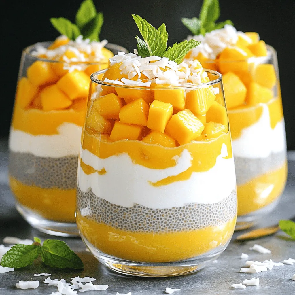 To make your Mango Coconut Chia Parfaits, gather these simple ingredients: - 1 cup coconut milk (canned or carton) - 1/4 cup chia seeds - 2 tablespoons maple syrup or honey - 1 teaspoon vanilla extract - 1 ripe mango, diced - 1/2 cup shredded coconut (unsweetened) - Fresh mint leaves for garnish (optional) These ingredients are easy to find. Coconut milk gives a rich taste. Chia seeds add texture and nutrients. You can choose maple syrup or honey for sweetness. The ripe mango brings a fresh flavor. Unsweetened coconut adds a nice crunch. If you like, mint leaves can give a bright touch. Once you have all the ingredients, you are ready to create a tasty treat. For the full recipe, check the section above. First, gather your ingredients. In a mixing bowl, you will combine the following: - 1 cup coconut milk (canned or carton) - 1/4 cup chia seeds - 2 tablespoons maple syrup or honey - 1 teaspoon vanilla extract Whisk these together until smooth. This step is key for a great texture. After mixing, cover the bowl. Let it sit for a bit to soak. Next, refrigerate the mixture for at least 4 hours or overnight. This soaking time helps the chia seeds expand. They will absorb the liquid and form a pudding-like texture. This step makes your parfait creamy. It also enhances the flavor as the seeds soak up the sweetness. Now, it’s time to layer your parfaits. Once the chia mixture is ready, stir it well. Grab your serving glasses or bowls. Start by adding a layer of chia pudding. Then, add a layer of diced mango. Repeat these layers until your glasses are full. For a finishing touch, sprinkle some shredded coconut on top. You can also add fresh mint leaves for a pop of color. This makes your dessert look fancy and inviting. For the complete recipe, make sure to check the Full Recipe section. Enjoy creating this delicious treat! To make great chia pudding, start with the right soak. Use a ratio of 1/4 cup chia seeds to 1 cup coconut milk. This gives the seeds enough liquid to bloom. Stir well after mixing to avoid clumps. Let it soak for at least 4 hours or overnight in the fridge. This allows the seeds to absorb the milk and thicken properly. To avoid clumping, whisk the mixture every 30 minutes during the first hour. This helps distribute the chia seeds evenly and prevents them from sticking together. Once the pudding sets, you’ll have a smooth texture that’s perfect for your parfait. For a stunning look, use clear glasses to serve your parfaits. This way, everyone can see the pretty layers of mango and chia pudding. The vibrant colors create a feast for the eyes. You can garnish with fresh mango slices on top. A sprig of mint adds a nice touch too. This not only looks great but also gives a fresh flavor boost. Serve your parfaits chilled for the best taste. They are refreshing and light, perfect for warm days. You can top them with extra shredded coconut or a drizzle of honey for added sweetness. These parfaits work well for breakfast or as a tasty dessert. They are easy to make and perfect for sharing. Enjoy them with friends or family, and don’t forget to refer to the Full Recipe for more tips! {{image_2}} You can switch up the flavor of your parfaits easily. Instead of coconut milk, try almond or cashew milk. This change can give a nice nutty taste to your dish. You can also play with sweeteners. Use agave syrup or stevia instead of honey. Each option gives a unique twist to your parfaits. While mango is delicious, feel free to explore other fruits. Berries, bananas, and kiwi all work well. Berries add a nice tartness, while bananas bring sweetness. Seasonal fruits are great too! In summer, use peaches or strawberries. In fall, consider pears or apples for a cozy flavor. If you're looking to make it vegan, just skip the honey and use maple syrup. For sugar-free options, stick with stevia or other sugar substitutes. This way, you can enjoy a tasty treat without the sugar rush. Also, all the ingredients are gluten-free, making it a great choice for everyone. To keep your mango coconut chia parfaits fresh, store them in the fridge. Use airtight containers or cover them well. This will help keep your parfaits from drying out. If you plan to eat them later, keep the layers intact. This way, the parfait looks great and tastes fresh when you’re ready to enjoy it. You can store chia parfaits in the fridge for up to five days. After that, they may lose their taste and texture. Look for signs of spoilage like an off smell or changes in color. If you see any mold, it’s time to toss them out. Always trust your nose and eyes when checking for freshness. If you have leftovers, don’t let them go to waste. You can repurpose them into smoothies by blending the parfait with some ice and extra fruit. For a quick flavor boost, add honey or a sprinkle of cinnamon. These simple changes can make your next meal exciting and new! Chia seeds are tiny but mighty. They are rich in fiber, protein, and healthy fats. Here are some key benefits: - High in Fiber: Chia seeds help keep you full. They also support digestion. - Omega-3 Fatty Acids: These good fats help heart health and reduce inflammation. - Protein Power: Chia seeds provide plant-based protein, great for muscles and energy. - Vitamins and Minerals: They contain calcium, magnesium, and phosphorus, which are good for bones. Eating chia seeds can boost your health in many ways. They are a simple addition to any meal. Yes, you can make these parfaits ahead of time. This is perfect for busy mornings or snacks. - Ideal Timeline: I suggest making them a day before. This allows the chia seeds to soak well. - Storage Notes: Keep the parfaits in sealed jars in the fridge. This keeps them fresh and tasty. Preparing in advance makes it easy to enjoy a healthy treat any time. If you don't have chia seeds, there are other options. Here are a few substitutes: - Flaxseeds: Ground flaxseeds work well. They also provide fiber and omega-3s. - Pudding Mix: Instant pudding mix can create a similar texture. Just follow package directions. - Tapioca Pearls: Cooked tapioca pearls can add chewiness. They won’t give the same nutrients, though. These alternatives can change the flavor and texture. Experiment to find what you like best! If you want your parfaits creamier, here are some tips: - Adjust Liquid Ratios: Use less coconut milk, or add more chia seeds. This will make the mixture thicker. - Blend Ingredients: Blend the coconut milk and chia seeds together. This way, the seeds mix in better. - Let It Soak Longer: Soaking the mixture overnight helps it become creamier. These tips can help you get the perfect texture for your parfaits. This blog post covered the steps to make delicious chia parfaits. We reviewed the ingredients, preparation, and storage tips. Remember to soak your chia seeds for the best texture. Use different fruits and milks for fun twists. Your parfait can be a healthy breakfast or dessert. Keep it fresh by storing it properly. Enjoy experimenting with flavors and presentations. This dish will impress friends and family. Dive in and have fun making your own version!