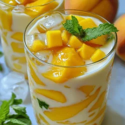 For this recipe, you need ripe peaches and mangoes. Ripe peaches should feel soft when you gently press them. They should smell sweet and juicy. Ripe mangoes should have a slight give when pressed. Their skin should show a bit of color, often yellow or red. Using fresh fruit is best. Fresh fruit tastes better and has more nutrients. Frozen fruit can work, but it may change the drink's texture. Fresh peaches and mangoes bring bright flavor. They also add a beautiful color to your drink. You can use different types of tea in this recipe. Black tea gives a strong flavor, while green tea adds a lighter taste. Choose what you like best. For milk, you have many options. You can use dairy milk or non-dairy milk like almond or oat milk. Each choice adds a unique twist to the drink. Non-dairy milk can be creamier, while dairy milk gives a classic taste. When sweetening your drink, you can choose honey or agave syrup. Honey has a rich flavor and can be a bit thicker. Agave syrup is sweeter and lighter. Both work well, so pick what you prefer. You might also want to add spices like cinnamon. Cinnamon gives a warm flavor that pairs well with peach and mango. It also has health benefits, like helping with digestion. A little can go a long way in enhancing your drink's taste. For the full recipe, refer to the section above. To make the fruit puree, start with fresh peaches and mangoes. Wash the fruit well. For the peach, slice it in half and remove the pit. Make thin slices from one half and then dice the other half into small pieces. For the mango, peel it. Cut the sides off the pit and dice the flesh. You want small, even pieces. This helps the puree blend smoothly. Now, grab your blender. Add the sliced peach and diced mango. Blend them until they are smooth. This is your fruit puree. Next, in a large pitcher, pour in the cooled brewed black tea. Add the milk and sweeteners. You can use honey or agave syrup, depending on your taste. Mix these well. If you want, add in the vanilla extract and ground cinnamon for more flavor. Stir until everything is combined. Choose your favorite glasses. Fill each glass with ice cubes. Pour the tea mixture into the glasses, filling them about three-quarters full. Now, scoop a generous spoonful of the peach-mango puree on top. Let it swirl into the milk tea for a lovely look. Finally, add fresh mint leaves on top for a nice touch. Enjoy your Peach Mango Milk Tea! You can find the full recipe [here](Full Recipe). To make a smooth puree, start with ripe fruit. Use one peach and one mango. Slice the peach and dice the mango. Place them in a blender. Blend until there are no lumps. If your puree seems thick, add a tiny splash of water. This will help it blend better. A smooth puree makes your drink look great and taste even better. Sweetness can change the whole drink. Start with two tablespoons of honey or agave syrup. Taste it after mixing. If you like it sweeter, add more. Some might want less sweetness, so adjust to your taste. Remember, the fruit adds natural sugar too. Always taste as you go to find the right balance. You can make your drink even more special with extra flavors. Try adding a teaspoon of vanilla extract for a nice touch. Ground cinnamon gives warmth and depth. If you want something fresh, add mint leaves for garnish. They look pretty and add a nice flavor. You can also explore other fruits like strawberries for a twist. {{image_2}} You can change the fruits in your peach mango milk tea. Try using strawberries for a sweet twist. You can also add passion fruit for a tangy kick. Mix and match based on what you love. The goal is to keep it fruity and fun. Each fruit brings its own flavor. This keeps your drink fresh and exciting. Using different teas can change the taste of your milk tea. Black tea gives a rich flavor, while green tea offers a lighter taste. Herbal teas, like chamomile, can add a calming touch. Experiment with what you have at home. Each tea base will give your drink a new vibe. So don’t be afraid to switch it up! If you want a vegan version, use plant-based milk. Almond milk or oat milk works well. You can also use maple syrup instead of honey for sweetness. For a keto option, use unsweetened almond milk and a low-carb sweetener. This way, you can enjoy peach mango milk tea without the carbs. These changes make it fit your diet while keeping it delicious. To keep your peaches and mangoes fresh, follow these tips: - Peaches: Store ripe peaches in the fridge. They stay fresh for about three to five days. If they are not ripe, keep them at room temperature until they soften. - Mangoes: Like peaches, keep ripe mangoes in the fridge. They can last about five days. If they are firm, leave them out to ripen first. Fresh fruit is best for your peach mango milk tea. Avoid frozen fruit if you want a bright, fresh flavor. After making your peach mango milk tea, you may want to store it. Here is how to do it right: - Refrigeration: Pour the milk tea into an airtight container. This helps keep it fresh and tasty. - Serving Later: When you serve it later, stir it well. The fruit puree may settle at the bottom, so mix it again. Your peach mango milk tea can last in the fridge for about two to three days. However, for the best flavor, enjoy it fresh. If you notice any change in taste or smell, it’s best to toss it out. Peach mango milk tea is a fruity drink made from fresh peaches and mangoes. You blend the fruits into a smooth puree. Then, you mix it with brewed black tea and milk for a creamy texture. This drink is sweet, refreshing, and perfect for hot days. You can find peach mango milk tea at many cafes and tea shops. Popular brands include Chatime and Gong Cha. They offer different versions of this drink. Local bubble tea cafes may also serve it. Check menus for special flavors and toppings. Peach mango milk tea has many health benefits. Peaches are high in vitamins A and C. They can help your skin and immune system. Mangoes are rich in antioxidants and fiber, which support digestion. Using milk adds calcium for strong bones. If you use honey or agave, you get a natural sweetener with fewer chemicals. Enjoy this drink as a tasty treat that is also good for you. In this article, we explored how to make delicious peach mango milk tea. We covered fresh ingredients, sweeteners, and the importance of using the right tea and milk. I shared tips for creating the perfect puree and adjusting sweetness to your taste. You can also experiment with different fruits and teas. Remember, storing your tea properly helps maintain its freshness. By following these steps, you can enjoy a tasty, healthy drink anytime. Enjoy your peach mango milk tea adventure!
