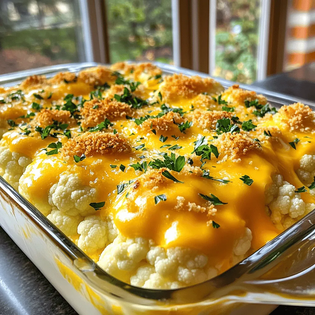 To make this cheesy delight, you need just a few main ingredients: - 1 large head of cauliflower, cut into florets - 2 cups shredded cheddar cheese - 1 cup cream cheese, softened - 1/2 cup sour cream - 1/2 cup grated Parmesan cheese - 1 teaspoon garlic powder - 1 teaspoon onion powder - 1/2 teaspoon paprika - Salt and pepper to taste These ingredients blend well together. The cream cheese and sour cream create a rich sauce. The cheddar and Parmesan give it that melty, cheesy goodness we all love. For added flavor and crunch, consider these optional toppings: - 1/2 cup breadcrumbs (for extra crunch) - Fresh parsley, chopped (for a fresh touch) Breadcrumbs add a nice texture. Parsley adds color and freshness to your dish. If you need to swap out some items, here are a few ideas: - Use Greek yogurt instead of sour cream for a healthier option. - Try a dairy-free cream cheese if you're lactose intolerant. - Swap cheddar for mozzarella for a different cheese flavor. These swaps keep the dish delicious while catering to your needs. Using these substitutions can also open up new flavor profiles for your Cheesy Cauliflower Bake. For the full recipe, check out the detailed cooking instructions. To start, you need to prepare the cauliflower. Cut one large head into bite-sized florets. Next, boil a large pot of salted water. Once bubbling, add the cauliflower. Cook for about 5-6 minutes until it’s slightly tender but still crisp. Drain the florets and set them aside. This step keeps the cauliflower from getting mushy. Now, let’s make the cheese mixture. In a large bowl, combine the following: - 1 cup of softened cream cheese - 1/2 cup of sour cream - 1 teaspoon of garlic powder - 1 teaspoon of onion powder - 1/2 teaspoon of paprika - 1 cup of shredded cheddar cheese (save half for later) Mix everything until it’s smooth. This creamy blend gives the bake its rich taste. Fold in the cooked cauliflower gently. Be careful not to break the florets. Season with salt and pepper to taste, and you’re ready for the next step! Now, let’s put it all together! Preheat your oven to 375°F (190°C). Grease a 9x13 inch baking dish with cooking spray or butter. Pour the cauliflower and cheese mixture into the dish. Spread it evenly. Next, sprinkle the remaining cheddar and 1/2 cup of grated Parmesan cheese on top. If you want a crunchy topping, add 1/2 cup of breadcrumbs. Bake this in your preheated oven for 25-30 minutes. You want the top to be golden and bubbly. After baking, let it cool for a few minutes. Then, add some chopped parsley for a fresh touch. For the full recipe, check the earlier section. Enjoy your cheesy delight! To get the best texture, don't overcook the cauliflower. Cook it just until it's tender but still crisp. This helps keep a nice bite. Drain it well to avoid a watery dish. A dry base helps the cheese stick better. You can change the flavor to suit your taste. Try adding cooked bacon bits for a smoky touch. If you like heat, sprinkle in some red pepper flakes. Fresh herbs like thyme or rosemary can add a lovely depth. You can also swap out the cheese for your favorites. Gouda or mozzarella work well and add a different twist. If you need to make this dish dairy-free, use plant-based cream cheese and cheese. Cauliflower is great for low-carb diets. You can also make it gluten-free by leaving out the breadcrumbs or using gluten-free options. For a lighter dish, swap sour cream for Greek yogurt. These changes keep the dish tasty while meeting your needs. For the complete recipe, check out the Full Recipe section. {{image_2}} You can easily add broccoli to your cheesy cauliflower bake. Just chop up a few florets of broccoli and mix them in with the cauliflower. This adds a nice crunch and extra nutrients. Bake it just as you would the original recipe. The cheese pairs well with both veggies, making it a fun twist. If you like heat, consider adding some spice. Mix in diced jalapeños or red pepper flakes into the cheese mixture. This gives your bake an exciting kick. You can also top it with hot sauce right before serving. This variation is great for those who enjoy bold flavors. Want a lighter option? You can use low-fat cream cheese and sour cream. Swap the cheddar for a reduced-fat cheese. This makes your bake a bit healthier but still tasty. You can also add more veggies like spinach or peppers to boost the nutrition. Try these changes for a guilt-free treat. For the full recipe, check out the Cheesy Cauliflower Bake section. After you enjoy your cheesy cauliflower bake, store the leftovers in an airtight container. Keep it in the fridge. It will stay fresh for about three to four days. Make sure to let it cool down before sealing it. This helps keep the texture nice. To reheat your cheesy cauliflower bake, preheat your oven to 350°F (175°C). Place the leftovers in an oven-safe dish. Cover it with foil to keep it from drying out. Heat for about 15 to 20 minutes. You can also use a microwave. Heat in short bursts of 1 to 2 minutes until warm. Stir in between to ensure even heating. You can freeze the cheesy cauliflower bake for later! Let it cool completely first. Then, wrap it tightly in plastic wrap and aluminum foil. Store it in the freezer for up to two months. To bake from frozen, thaw it overnight in the fridge. Then, follow the reheating instructions provided above. For best results, use the Full Recipe for detailed steps. Yes, you can make this dish ahead of time. Prepare it as usual, but do not bake it. Cover the dish and place it in the fridge. You can keep it for up to two days. When you are ready, bake it straight from the fridge. This saves time and lets the flavors blend. To make this recipe gluten-free, use gluten-free breadcrumbs or skip them entirely. The dish will still taste great without the topping. Also, check labels on cream cheese and sour cream to ensure they are gluten-free. This way, everyone can enjoy a tasty meal. You can serve Cheesy Cauliflower Bake with many dishes. It pairs well with grilled chicken, fish, or a fresh salad. You can also serve it as a side for hearty meats like steak or pork. This dish is versatile and fits well with many meals. You learned all about making a tasty Cheesy Cauliflower Bake. We covered key ingredients, prep steps, and tips for the best bake. I shared ideas for fun variations, and how to store leftovers. This dish is easy to customize for your taste and diet. With simple methods, you can enjoy a cheesy dish that is both tasty and healthy. Get cooking and enjoy your Cheesy Cauliflower Bake!