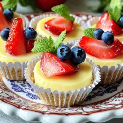 - 1 cup graham cracker crumbs - 4 tablespoons unsalted butter, melted - 2 tablespoons sugar - 8 oz cream cheese, softened - 1/2 cup sugar - 1 teaspoon vanilla extract - 2 large eggs - 1/2 cup sour cream - 1/3 cup fresh fruit topping (e.g., strawberries, blueberries, or raspberries) To create mini cheesecake bites, we start with a few key ingredients. First, the graham cracker crumbs give the crust a tasty, crunchy base. The butter and sugar help bind the crumbs. Then, cream cheese becomes the star of the show for that rich, creamy filling. Don’t forget the eggs and sour cream; they add a nice texture and flavor. Finally, fresh fruit toppings brighten each bite and add a pop of color. - Fresh mint leaves - Additional toppings (whipped cream, chocolate drizzle) Garnishes make your mini cheesecakes look even more appealing. Fresh mint leaves add a nice green touch. You can also use whipped cream or a drizzle of chocolate to make them extra special. These simple touches can impress your guests and make each bite feel like a treat. - Mini muffin tin - Mixing bowls - Electric mixer You will need some basic tools to make these cheesecake bites. A mini muffin tin is key for shaping the bites. Mixing bowls help combine the ingredients. An electric mixer makes it easy to beat the cream cheese until fluffy. Having these tools ready will ensure a smooth cooking process and delicious results. For the full recipe, you can check out the detailed steps and instructions on how to make these delightful bites. Enjoy the process and the tasty outcome! To start, mix graham cracker crumbs with melted butter and sugar. You want the crumbs to feel like wet sand. This helps the crust hold together. Next, preheat your oven to 325°F (160°C). Line a mini muffin tin with paper liners or grease it lightly. Press about one tablespoon of the crumb mixture into each muffin cup. Make sure it's compact. Bake the crust for five minutes until it turns slightly golden. After baking, let it cool. In a large bowl, beat softened cream cheese with an electric mixer. Mix it until it’s smooth and creamy. This should take about two to three minutes. Gradually add sugar and vanilla extract. Keep mixing until it all blends together. Now, add two large eggs one at a time. Mix on low speed after each egg until it’s just combined. Next, stir in sour cream until the mixture is smooth. Spoon the cheesecake filling over the cooled crust. Fill each cup about three-quarters full. Bake them for about 15 to 18 minutes. The edges should be set, but the centers will still jiggle slightly. Let the mini cheesecakes cool at room temperature for about 30 minutes. After that, refrigerate them for at least two hours to fully set. For the final touch, add fresh fruit on top before serving. Enjoy these tasty bites! For the complete recipe, check out the Full Recipe. To get the best texture, avoid over-mixing the batter. Over-mixing adds too much air, leading to cracks. Mix just until combined for a smooth finish. Using room temperature ingredients is key. Cold cream cheese does not mix well. Let your cream cheese sit out for 30 minutes before you start. This helps create a creamy and rich filling. Cooling your mini cheesecakes properly helps them set well. After baking, let them cool at room temperature for about 30 minutes. Then, refrigerate them for at least 2 hours. This keeps the tops smooth and prevents cracks. For serving, use a decorative platter. Arrange the mini cheesecakes with fresh fruit on top. Garnish with mint leaves for a pop of color. This makes them look as good as they taste! To boost the flavor, consider adding zest from lemons or limes. This brings a bright taste that lifts the cheesecake. You can also use flavored extracts. Almond or coconut extracts add unique notes. Just a little goes a long way. Experiment with these options to find your favorite flavor combination. For the full recipe, check out the Full Recipe section! {{image_2}} You can change the flavor of your mini cheesecake bites to match your mood. Chocolate mini cheesecakes are a crowd favorite. Just add melted chocolate to the cheesecake mix. This simple switch adds rich taste and a lovely dark color. Fruit-flavored versions are also fun. Try lemon for a zesty kick or strawberry for sweet freshness. Just mix in fruit puree or zest right into the batter. You’ll get a fruity twist that brightens each bite. Toppings can make your mini cheesecakes even better. Consider nut toppings like pecans or almonds. They add a nice crunch and flavor contrast. Sprinkle some chopped nuts on top before serving for extra texture. You can also use sauces. Drizzle caramel or chocolate sauce over each cheesecake bite. This adds sweetness and a glossy finish that looks great on your dessert table. If you need to make dietary changes, you can still enjoy mini cheesecakes. For a gluten-free crust, swap out graham cracker crumbs for almond flour or gluten-free cookies. This way, everyone can enjoy your tasty treats. If you want a vegan cheesecake, use cashew cream instead of cream cheese. Blend soaked cashews with coconut milk and a sweetener. This makes a creamy filling that tastes amazing, even without dairy. Try these variations to create your perfect mini cheesecake bites. For more details, check the Full Recipe for guidance on the main ingredients and preparation steps. To keep your mini cheesecake bites fresh, place them in the fridge. Use an airtight container for best results. This keeps moisture out and prevents them from drying. If you don’t have an airtight container, cover them well with plastic wrap. Make sure they are cool before storing to avoid condensation. You can freeze mini cheesecake bites before or after baking. If you freeze them before baking, wrap each bite in plastic wrap. Then, place them in a freezer bag. This method helps maintain their texture. If you freeze them after baking, let them cool completely first. Then, use the same wrapping method. To thaw, take them out of the freezer and place them in the fridge overnight. If you need them fast, you can leave them at room temperature for about an hour. Just be careful not to leave them out too long. These mini cheesecake bites last about 5 days in the fridge. Make sure to check for any signs of spoilage. If you see any mold or if they smell off, it's best to toss them. A fresh mini cheesecake should look smooth and creamy. If it starts to dry out or crack, it’s time to say goodbye! Yes, you can make Mini Cheesecake Bites ahead of time. I recommend making them a day before serving. This gives the flavors time to blend and enhances the taste. After baking, let them cool and chill in the fridge. Chilling helps set the cheesecake and makes it easier to serve. If you need a dairy-free option, you can use vegan cream cheese. Other alternatives include cashew cream or silken tofu blended until smooth. These options maintain a creamy texture and work well in the recipe. Just remember to adjust the sweetness if needed. You can check for doneness by looking at the edges. They should be set, while the center should still jiggle slightly. You can also gently touch the top. If it feels firm but soft, they are ready. Let them cool in the pan before transferring to the fridge. This helps keep their shape. Mini cheesecakes are fun and easy to make. We covered key ingredients, like graham cracker crumbs and cream cheese. I provided clear steps for crafting the perfect bites, from making the crust to baking. Tips can help improve texture and add flavor. You can also enjoy various toppings and dietary options. These cheesecakes store well, and I shared my favorites for freezing. Try making them and impress your friends with your tasty treats! Enjoy the process and share your creations with others.