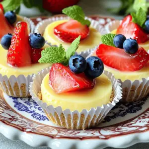 - 1 cup graham cracker crumbs - 4 tablespoons unsalted butter, melted - 2 tablespoons sugar - 8 oz cream cheese, softened - 1/2 cup sugar - 1 teaspoon vanilla extract - 2 large eggs - 1/2 cup sour cream - 1/3 cup fresh fruit topping (e.g., strawberries, blueberries, or raspberries) To create mini cheesecake bites, we start with a few key ingredients. First, the graham cracker crumbs give the crust a tasty, crunchy base. The butter and sugar help bind the crumbs. Then, cream cheese becomes the star of the show for that rich, creamy filling. Don’t forget the eggs and sour cream; they add a nice texture and flavor. Finally, fresh fruit toppings brighten each bite and add a pop of color. - Fresh mint leaves - Additional toppings (whipped cream, chocolate drizzle) Garnishes make your mini cheesecakes look even more appealing. Fresh mint leaves add a nice green touch. You can also use whipped cream or a drizzle of chocolate to make them extra special. These simple touches can impress your guests and make each bite feel like a treat. - Mini muffin tin - Mixing bowls - Electric mixer You will need some basic tools to make these cheesecake bites. A mini muffin tin is key for shaping the bites. Mixing bowls help combine the ingredients. An electric mixer makes it easy to beat the cream cheese until fluffy. Having these tools ready will ensure a smooth cooking process and delicious results. For the full recipe, you can check out the detailed steps and instructions on how to make these delightful bites. Enjoy the process and the tasty outcome! To start, mix graham cracker crumbs with melted butter and sugar. You want the crumbs to feel like wet sand. This helps the crust hold together. Next, preheat your oven to 325°F (160°C). Line a mini muffin tin with paper liners or grease it lightly. Press about one tablespoon of the crumb mixture into each muffin cup. Make sure it's compact. Bake the crust for five minutes until it turns slightly golden. After baking, let it cool. In a large bowl, beat softened cream cheese with an electric mixer. Mix it until it’s smooth and creamy. This should take about two to three minutes. Gradually add sugar and vanilla extract. Keep mixing until it all blends together. Now, add two large eggs one at a time. Mix on low speed after each egg until it’s just combined. Next, stir in sour cream until the mixture is smooth. Spoon the cheesecake filling over the cooled crust. Fill each cup about three-quarters full. Bake them for about 15 to 18 minutes. The edges should be set, but the centers will still jiggle slightly. Let the mini cheesecakes cool at room temperature for about 30 minutes. After that, refrigerate them for at least two hours to fully set. For the final touch, add fresh fruit on top before serving. Enjoy these tasty bites! For the complete recipe, check out the Full Recipe. To get the best texture, avoid over-mixing the batter. Over-mixing adds too much air, leading to cracks. Mix just until combined for a smooth finish. Using room temperature ingredients is key. Cold cream cheese does not mix well. Let your cream cheese sit out for 30 minutes before you start. This helps create a creamy and rich filling. Cooling your mini cheesecakes properly helps them set well. After baking, let them cool at room temperature for about 30 minutes. Then, refrigerate them for at least 2 hours. This keeps the tops smooth and prevents cracks. For serving, use a decorative platter. Arrange the mini cheesecakes with fresh fruit on top. Garnish with mint leaves for a pop of color. This makes them look as good as they taste! To boost the flavor, consider adding zest from lemons or limes. This brings a bright taste that lifts the cheesecake. You can also use flavored extracts. Almond or coconut extracts add unique notes. Just a little goes a long way. Experiment with these options to find your favorite flavor combination. For the full recipe, check out the Full Recipe section! {{image_2}} You can change the flavor of your mini cheesecake bites to match your mood. Chocolate mini cheesecakes are a crowd favorite. Just add melted chocolate to the cheesecake mix. This simple switch adds rich taste and a lovely dark color. Fruit-flavored versions are also fun. Try lemon for a zesty kick or strawberry for sweet freshness. Just mix in fruit puree or zest right into the batter. You’ll get a fruity twist that brightens each bite. Toppings can make your mini cheesecakes even better. Consider nut toppings like pecans or almonds. They add a nice crunch and flavor contrast. Sprinkle some chopped nuts on top before serving for extra texture. You can also use sauces. Drizzle caramel or chocolate sauce over each cheesecake bite. This adds sweetness and a glossy finish that looks great on your dessert table. If you need to make dietary changes, you can still enjoy mini cheesecakes. For a gluten-free crust, swap out graham cracker crumbs for almond flour or gluten-free cookies. This way, everyone can enjoy your tasty treats. If you want a vegan cheesecake, use cashew cream instead of cream cheese. Blend soaked cashews with coconut milk and a sweetener. This makes a creamy filling that tastes amazing, even without dairy. Try these variations to create your perfect mini cheesecake bites. For more details, check the Full Recipe for guidance on the main ingredients and preparation steps. To keep your mini cheesecake bites fresh, place them in the fridge. Use an airtight container for best results. This keeps moisture out and prevents them from drying. If you don’t have an airtight container, cover them well with plastic wrap. Make sure they are cool before storing to avoid condensation. You can freeze mini cheesecake bites before or after baking. If you freeze them before baking, wrap each bite in plastic wrap. Then, place them in a freezer bag. This method helps maintain their texture. If you freeze them after baking, let them cool completely first. Then, use the same wrapping method. To thaw, take them out of the freezer and place them in the fridge overnight. If you need them fast, you can leave them at room temperature for about an hour. Just be careful not to leave them out too long. These mini cheesecake bites last about 5 days in the fridge. Make sure to check for any signs of spoilage. If you see any mold or if they smell off, it's best to toss them. A fresh mini cheesecake should look smooth and creamy. If it starts to dry out or crack, it’s time to say goodbye! Yes, you can make Mini Cheesecake Bites ahead of time. I recommend making them a day before serving. This gives the flavors time to blend and enhances the taste. After baking, let them cool and chill in the fridge. Chilling helps set the cheesecake and makes it easier to serve. If you need a dairy-free option, you can use vegan cream cheese. Other alternatives include cashew cream or silken tofu blended until smooth. These options maintain a creamy texture and work well in the recipe. Just remember to adjust the sweetness if needed. You can check for doneness by looking at the edges. They should be set, while the center should still jiggle slightly. You can also gently touch the top. If it feels firm but soft, they are ready. Let them cool in the pan before transferring to the fridge. This helps keep their shape. Mini cheesecakes are fun and easy to make. We covered key ingredients, like graham cracker crumbs and cream cheese. I provided clear steps for crafting the perfect bites, from making the crust to baking. Tips can help improve texture and add flavor. You can also enjoy various toppings and dietary options. These cheesecakes store well, and I shared my favorites for freezing. Try making them and impress your friends with your tasty treats! Enjoy the process and share your creations with others.
