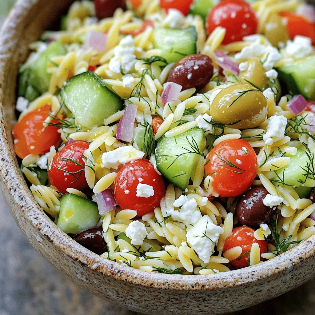 - 1 cup orzo pasta - 1 cucumber, diced - 1 cup cherry tomatoes, halved - 1/2 red onion, finely chopped - 1/2 cup Kalamata olives, pitted and halved - 1/2 cup feta cheese, crumbled Greek Orzo Salad is simple and fresh. The orzo pasta acts as the base. It has a light and fluffy texture that soaks up flavors well. The diced cucumber adds a nice crunch. Cherry tomatoes bring a sweet burst of color. Red onion adds a slight bite. Kalamata olives give a salty, briny flavor. Finally, feta cheese adds creaminess and tang. - 3 tablespoons olive oil - Juice of 1 lemon - Salt and pepper to taste - 2 tablespoons fresh dill, chopped The dressing is key to this salad. Olive oil adds richness while lemon juice brings brightness. I like to add salt and pepper for depth. Fresh dill gives a lovely herb taste. Together, these ingredients make the salad sing. For the full recipe, check out Greek Orzo Salad . Enjoy the process and the great flavors! To start, you need to cook the orzo pasta perfectly. Bring a pot of salted water to a boil. Add 1 cup of orzo and cook it according to the package instructions until it is al dente. This usually takes about 8 to 10 minutes. Drain the orzo in a colander. After draining, rinse the orzo under cold water. This step cools it down and stops the cooking process. Now it’s time to mix the salad components. In a large mixing bowl, combine the cooled orzo, diced cucumber, halved cherry tomatoes, finely chopped red onion, halved Kalamata olives, and crumbled feta cheese. Each of these ingredients adds a unique flavor and texture to the salad. Next, let’s make the dressing. In a small bowl, whisk together 3 tablespoons of olive oil, the juice of 1 lemon, and a pinch of salt and pepper. This dressing adds a bright and zesty flavor that ties everything together. Pour the dressing over the orzo salad mixture. Gently toss everything together until all the ingredients are well combined. It’s important to be gentle to avoid breaking the feta cheese. Refrigeration is key! Let the salad chill for at least 30 minutes. This time allows the flavors to meld together and become even more delicious. Enjoy your Greek Orzo Salad fresh and vibrant! For the full recipe, check the details above. To avoid mushy orzo, cook it until it is al dente, not soft. This means the orzo should be firm to the bite. Use salted water to enhance the flavor. After cooking, drain and rinse the orzo under cold water. This stops the cooking process and helps maintain texture. For chopping veggies, uniformity is key. Use a sharp knife to cut all pieces to about the same size. This helps them mix well and look nice in the salad. Try to aim for small, bite-sized pieces. This makes eating the salad easier and more enjoyable. You can customize the dressing to match your taste. If you like it tangy, add more lemon juice. If you prefer a richer flavor, increase the olive oil. Don’t forget to season with salt and pepper to enhance the taste. Herbs can add extra flavor and freshness. Fresh dill works great here, but you can also try parsley or oregano. Just chop your chosen herbs finely before adding them to the dressing. Greek Orzo Salad pairs well with grilled meats, like chicken or lamb. It also works as a side dish for fish. For a light meal, serve it with pita bread or tzatziki. Presentation matters! Serve the salad in a large bowl and sprinkle extra feta and herbs on top. This makes the dish look appealing. You can also use a colorful platter for serving. It adds to the overall appeal and makes your meal feel special. For more details on how to make this dish, check out the Full Recipe. {{image_2}} You can make a great vegan Greek orzo salad by swapping out the feta cheese. Use a vegan feta or even a creamy avocado. This keeps the dish rich and tasty without dairy. Adding more vegetables makes it even better. Try bell peppers, radishes, or even artichokes. These additions give your salad a colorful look and a crunch that everyone will love. Adding protein can make this salad heartier. Grilled chicken or shrimp works well. They both add a nice flavor and texture. If you're vegetarian, chickpeas are a fantastic option. They help make the salad filling and nutritious. Simply toss in a cup of cooked chickpeas. This way, everyone can enjoy a satisfying meal. To elevate the taste, add spices or fresh herbs. Oregano, basil, or mint can really enhance the flavor. If you want a kick, try crushed red pepper. You can also change it up with seasonal ingredients. In the summer, use fresh corn or zucchini. In the fall, add roasted butternut squash or brussels sprouts. These tweaks keep your Greek orzo salad exciting and fresh. For the full recipe, check out the recipe section above. To keep your Greek Orzo Salad fresh, store it in the fridge. Use an airtight container to seal in flavors. Make sure the salad is cool before you put it away. This helps prevent condensation inside the container. You can enjoy your leftovers for up to three days. Can Greek Orzo Salad be frozen? Yes, but it may change texture. For best results, freeze it without the dressing. Pour the salad into a freezer-safe bag or container. When you’re ready to eat, thaw it in the fridge overnight. Serve it cold or at room temperature. How long does Greek Orzo Salad last in the fridge? It stays fresh for about three days. Check for signs of spoilage before eating. If you see mold or a sour smell, it’s time to toss it. Always trust your senses; they guide you in the kitchen. Yes, you can make Greek Orzo Salad ahead of time. This salad tastes even better after it sits. For meal prep, prepare the salad a few hours before serving. This allows the flavors to blend well. If you make it a day in advance, store it in the fridge. Serve it cold or at room temperature for best taste. If you don’t have orzo, other small pasta shapes work well. You can use ditalini, couscous, or even farro. For a healthier twist, try quinoa. Quinoa adds protein and a nutty flavor. Just follow the cooking instructions on the package for best results. Traditional orzo is not gluten-free, but alternatives exist. Look for gluten-free pasta made from rice or corn. These options fit well in the salad. Always check labels to ensure they meet your needs. You can also use grains like quinoa to make it gluten-free. Quinoa is safe for those with gluten sensitivity. Greek Orzo Salad is fresh, tasty, and easy to make. You learned about key ingredients, step-by-step instructions, and many tips. You also saw fun variations to try. Whether you want it vegan, meaty, or with more flavors, there is a mix for you. Remember to store leftovers well, and check for spoilage. Now, gather your ingredients and make this easy dish. Enjoy the vibrant flavors of the Mediterranean in every bite.