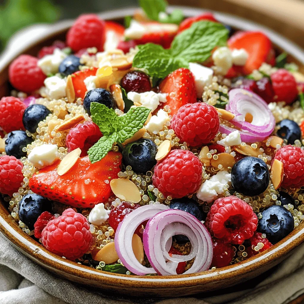 - 1 cup quinoa - 1 cup mixed berries (strawberries, blueberries, raspberries) - 1/4 cup red onion, thinly sliced - 1/4 cup feta cheese, crumbled - 1/4 cup fresh mint leaves, chopped - 1/4 cup chopped nuts (almonds or walnuts) - 2 tablespoons honey - 2 tablespoons fresh lemon juice - Salt and pepper to taste The right ingredients make this salad shine. Quinoa serves as a great base, packing protein and fiber. Mixed berries add a sweet burst of flavor. Strawberries, blueberries, and raspberries work well together. I love how they bring color and freshness. Red onion gives a nice crunch and a bit of zing. Feta cheese adds creaminess and a salty kick. Fresh mint leaves bring brightness. They lift the dish and add a hint of coolness. Chopped nuts provide crunch, making each bite fun. I often use almonds or walnuts for their great texture. Honey and lemon juice create a simple dressing. This blend balances sweetness and acidity. A pinch of salt and pepper enhances all the flavors. For the full recipe, check out the complete guide. It covers every step to make this salad perfect. - Medium saucepan - Mixing bowl - Whisk - Serving bowls Using the right tools makes cooking easier. A medium saucepan helps cook quinoa perfectly. A mixing bowl is essential for combining all the ingredients. A whisk is great for making the dressing smooth. Finally, serving bowls make it easy to enjoy this tasty salad! - Bring 2 cups of water or vegetable broth to a boil in a medium saucepan. - Add 1 cup rinsed quinoa to the boiling liquid. Reduce the heat to low and cover. Let it simmer for about 15 minutes. The quinoa should be fluffy and the liquid absorbed. After cooking, remove it from heat and let it cool. - In a small bowl, whisk together 2 tablespoons honey, 2 tablespoons fresh lemon juice, and salt and pepper to taste. Adjust the sweetness and acidity to your liking. - In a large mixing bowl, combine the cooled quinoa, 1 cup mixed berries, 1/4 cup thinly sliced red onion, 1/4 cup crumbled feta cheese, and 1/4 cup chopped fresh mint leaves. - Drizzle the honey-lemon dressing over the salad and toss gently. Be careful not to mash the berries. - Finally, sprinkle 1/4 cup chopped nuts on top for extra crunch. - Allow the salad to sit for 10 minutes before serving to let the flavors meld together. You can find the full recipe to make this vibrant dish easily at home. Enjoy the fresh flavors! Let your salad sit for 10 minutes before serving. This step helps the flavors blend. You can also adjust the honey and lemon juice to suit your taste. A little extra honey adds sweetness, while more lemon juice gives a bright zing. Serve your salad in a large bowl or in individual servings. This makes it fun for guests. For a fresh look, garnish with extra mint and a sprinkle of nuts. The colors will pop, making the dish even more appealing. Rinse the quinoa well before cooking. This step removes any bitterness. Use a 2:1 water-to-quinoa ratio. For every cup of quinoa, add two cups of water or broth. This keeps your quinoa fluffy and perfectly cooked. {{image_2}} You can easily change this salad to suit your taste. Try different nuts or seeds. Almonds and walnuts work great, but pumpkin seeds add a nice crunch. If you want a creamier texture, swap feta for goat cheese. For a vegan option, just leave out the cheese entirely. This simple swap keeps the salad fresh and tasty. The best part about this salad is its flexibility. You can add seasonal fruits like ripe peaches or sweet cherries. These fruits give a juicy twist to your dish. If you want to add more crunch, toss in some diced cucumbers or bell peppers. This change makes the salad even more colorful and fun. While the honey-lemon dressing is delicious, you can switch it up. A balsamic vinaigrette adds a tangy kick. For a creamier option, mix in some yogurt. This change gives the salad a smooth finish. Don't be afraid to experiment! You might discover your new favorite dressing. For the full recipe, check out the detailed instructions above. You should store your Summer Berry Quinoa Salad in an airtight container. This keeps it fresh and safe. Make sure to refrigerate it right after serving. You should eat it within 3-4 days for the best taste and quality. If you see any signs of spoilage, throw it away. If you want to freeze quinoa, do it separately from the salad. Cooked quinoa freezes well. Place it in a freezer bag and remove as much air as you can. For the salad, it’s best made fresh. Freezing will change the texture of the berries and dressing. If you freeze quinoa, you can rehydrate it easily. Just soak it in warm water for about 10 minutes. This helps bring it back to life. For serving, I recommend keeping the salad chilled. It tastes best cold, especially on hot summer days. For a burst of flavor, add a squeeze of fresh lemon juice just before serving. For the full recipe, check out the Summer Berry Quinoa Salad. Cooking quinoa usually takes about 15 minutes. Start by boiling 2 cups of water or broth. Once it boils, add 1 cup of rinsed quinoa. Lower the heat, cover, and let it simmer. The quinoa is done when it absorbs all the water and is fluffy. After cooking, remove it from heat and let it cool for a few minutes. This method ensures perfect quinoa every time. Yes, you can make this salad a day ahead! In fact, making it early allows the flavors to mix and deepen. To prepare, follow the recipe and store the salad in an airtight container. Keep the nuts separate until you serve. This way, they stay crunchy. When you're ready to eat, just add the nuts, and enjoy a tasty meal. Quinoa is a superfood packed with nutrients. It is high in protein and has all nine essential amino acids. This makes it a great choice for vegetarians and vegans. Quinoa also contains fiber, magnesium, and iron. Eating quinoa can help with digestion and support heart health. Adding it to your meals boosts your nutrition in a simple way. For extra flavor, try different dressings! A simple vinaigrette made with olive oil and balsamic vinegar works well. You can also use a yogurt-based dressing for creaminess. If you want a spicy kick, add some sriracha or chili flakes. Explore your taste preferences and find what you love best. Yes, Summer Berry Quinoa Salad is gluten-free! Quinoa itself is a gluten-free grain. This makes it a fantastic option for those with gluten sensitivities. If you are looking for alternatives, you can swap the feta with a dairy-free cheese. Enjoy this salad knowing it fits many dietary needs. For the full recipe, check out the earlier section. This blog post shows you how to make a delicious Summer Berry Quinoa Salad. You learned about the key ingredients, cooking steps, and useful tips for flavor. Feel free to add your favorite fruits or nuts. Remember, storage and meal prep can help save time. Enjoy this healthy dish fresh or as leftovers. With its bright flavors and easy prep, this salad is a great choice for any meal. Embrace your culinary creativity and make it your own!