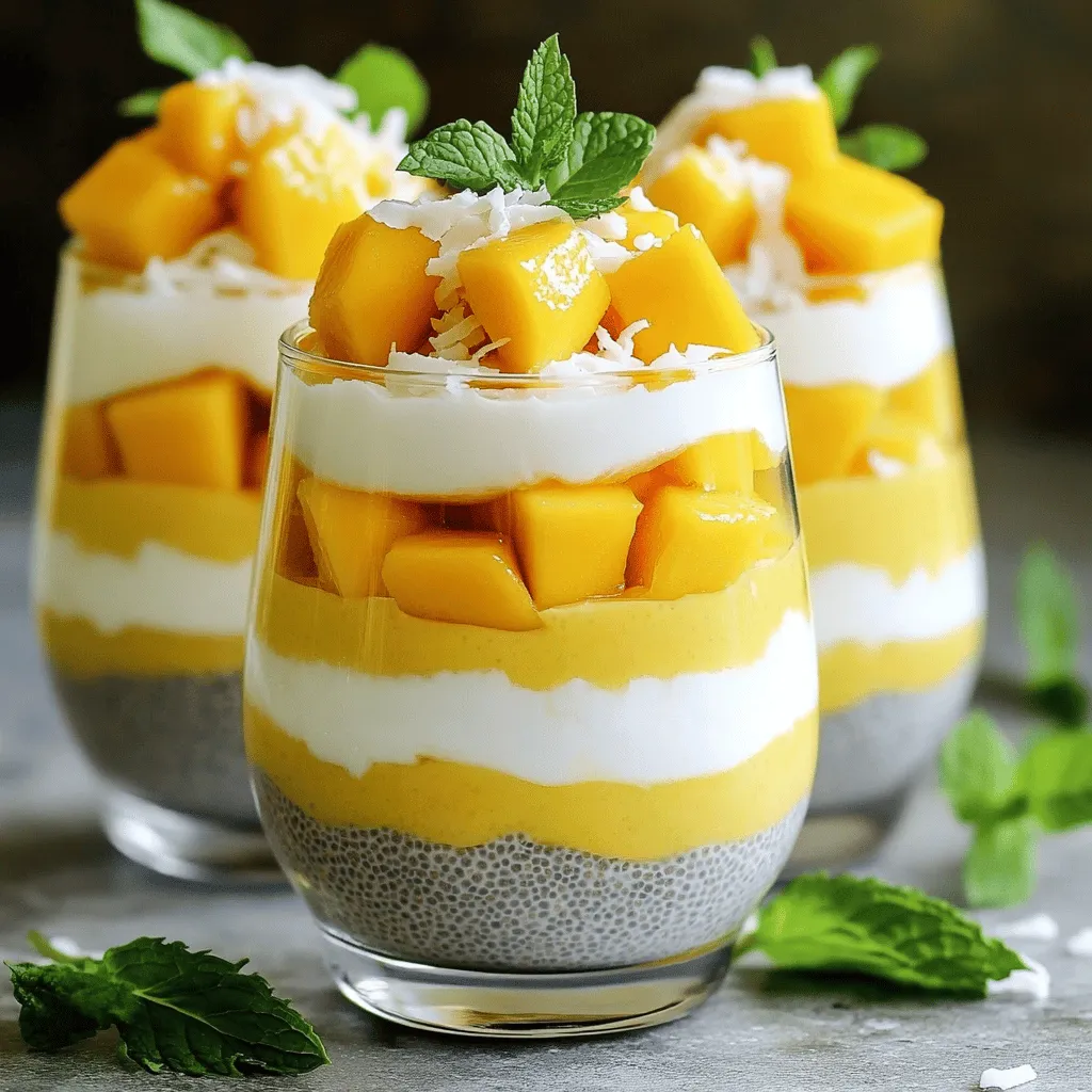 - 1 cup coconut milk (canned or carton) - 1 cup diced ripe mango (plus extra for topping) - 1/4 cup chia seeds - 2 tablespoons maple syrup (or honey) - 1 teaspoon vanilla extract - Pinch of salt Coconut milk brings a rich, creamy texture. It makes the pudding smooth and flavorful. You can use canned or carton coconut milk. Both work well. Diced ripe mango adds sweetness and a lovely color. Choose a ripe mango for the best taste. The fruit gives a tropical flair to your dish. Chia seeds are the magic ingredient. They soak up liquid and create a pudding-like texture. Plus, they pack a nutritional punch, offering fiber and healthy fats. Sweeteners, like maple syrup or honey, balance the flavors. You can adjust the amount based on your taste. This step is key to making the pudding just right. Flavorings, such as vanilla extract and a pinch of salt, boost the overall taste. Vanilla adds warmth, and salt brings out the sweetness. This combination makes each bite delightful. - Additional diced mango - Shredded coconut - Fresh mint leaves Toppings can make your pudding even more special. Extra diced mango adds freshness. It also makes the dish look pretty. Shredded coconut adds a fun texture. It gives a taste of the tropics too. Fresh mint leaves are a great garnish. They add color and a hint of coolness. Plus, they make the dish look fancy. For the full recipe, check the detailed instructions to bring this dish to life. To make this tasty mango coconut chia pudding, start by blending. - In a blender, add: - 1 cup coconut milk - 1 cup diced ripe mango - 2 tablespoons maple syrup or honey - 1 teaspoon vanilla extract - A pinch of salt Blend the mixture until it is smooth and creamy. This step helps combine all the flavors well. Next, combine the chia seeds. - In a mixing bowl, add: - 1/4 cup chia seeds Pour the mango coconut mixture over the chia seeds. Stir well to mix everything together. This ensures all seeds are coated evenly. Now, let’s chill and set the pudding. - Allow the mixture to sit for about 5 minutes. - Stir again to prevent clumping of chia seeds. This step is crucial for a smooth pudding texture. Cover the bowl and refrigerate. - Chill for at least 4 hours, or if you can, overnight. This time allows the chia seeds to swell and create that lovely pudding-like texture. Once the pudding is ready, it’s time to serve. - Use individual cups or bowls for a nice presentation. - Top with extra diced mango for added flavor. - You can also sprinkle shredded coconut for a fun texture. For an extra touch, garnish with fresh mint leaves. This makes your dessert look beautiful and fresh. Enjoy your delicious mango coconut chia pudding! For the complete recipe, refer to the [Full Recipe]. To store mango coconut chia pudding, use an airtight container. Place it in your fridge. This keeps it fresh. The pudding lasts for up to five days. Enjoy it as a snack or breakfast! If your pudding is too thick, add more coconut milk. Stir it well to mix. This helps achieve a creamier texture. For a perfect pudding, aim for a texture like soft yogurt. Taste your pudding before serving. If you want it sweeter, add more maple syrup or honey. You can also enhance the flavor by adding a splash of lime juice. This brightens the taste and adds a nice twist. For more ideas, check out the Full Recipe. {{image_2}} You can switch up the fruit in this recipe. Try using pineapple or passionfruit for a fun twist. These fruits add a bright flavor and new texture. If you want something different, mix in berries like strawberries or blueberries. They bring a sweet and tart taste that balances well with coconut. This recipe is easy to adapt for different diets. To make it vegan, simply use maple syrup as the sweetener. It works great and keeps everything plant-based. This pudding is also gluten-free. All the ingredients are naturally gluten-free, so you don’t have to worry about that. You can add spices to enhance the taste. A sprinkle of cinnamon or nutmeg can bring warmth and depth. It’s a simple way to change the flavor profile. If you like flavored coconut milk, use it instead of plain. Coconut milk with a hint of vanilla or almond can make this pudding even better. For the Full Recipe, refer back to the main article. Chia seeds are tiny but mighty. They are full of fiber, protein, and healthy fats. Just two tablespoons give you about 11 grams of fiber. This helps keep your tummy happy. Chia seeds also provide omega-3 fatty acids. These fats are good for your heart and brain. Coconut milk adds a creamy texture and tropical flavor. It is rich in medium-chain triglycerides (MCTs). These fats can boost energy and help with weight loss. Coconut milk also has vitamins C, E, and B vitamins. These nutrients support your immune system and skin health. Mango is not only sweet but also packed with vitamins. One cup of diced mango has over 100% of your daily vitamin C needs. This vitamin helps your body heal and fight off sickness. Mango also contains vitamin A, which is good for your eyes. Plus, it has plenty of antioxidants that help keep your body healthy. Each serving of Mango Coconut Chia Pudding has around 270 calories. This makes it a great snack or dessert. The pudding has about: - Fat: 15 grams - Carbohydrates: 36 grams - Protein: 4 grams This balance of nutrients helps keep you full and satisfied. You can enjoy this pudding without guilt while treating your taste buds. For the full recipe, check out the section above! Mango coconut chia pudding can last about 5 days in the fridge. Make sure to keep it in a jar or an airtight container. This helps keep it fresh and tasty. If you see any changes in smell or texture, throw it away. Yes, you can use almond milk instead of coconut milk. However, it will change the flavor. Almond milk is lighter and less creamy. If you want a rich taste, stick with coconut milk. It pairs well with mango and adds creaminess. Yes, it is necessary to refrigerate chia pudding before eating. Chia seeds need time to soak and expand. This helps create that pudding-like texture. I recommend chilling it for at least 4 hours for the best results. Absolutely! You can make mango coconut chia pudding ahead of time. It is a great option for meal prep. Just make it the night before and let it chill overnight. This makes for a quick and healthy breakfast or snack. The best way to tell if chia pudding is ready is by its thickness. It should be thick and creamy, not watery. You can stir it after chilling to check. If it is too thick, add a bit more coconut milk to loosen it. This blog post covered how to make Mango Coconut Chia Pudding. We explored the key ingredients like coconut milk, mango, and chia seeds. You learned how to prepare and chill the pudding, along with storing leftovers. We looked at fun variations and tips for flavoring too. Chia pudding is easy to make and full of nutrients. Try different fruits or flavors to make it your own. Enjoy this healthy, tasty treat!