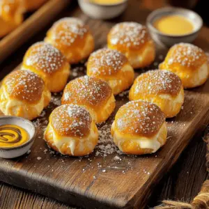 To make homemade pretzel bites, you will need the following: - 1 ½ cups warm water (110°F to 115°F) - 1 packet active dry yeast (2 ¼ teaspoons) - 1 tablespoon granulated sugar - 4 cups all-purpose flour - 1 teaspoon kosher salt - ½ cup baking soda - 1 large egg, beaten (for egg wash) - Coarse sea salt (for sprinkling) - Optional: melted butter for brushing If you need to swap some ingredients, here are some ideas: - Use honey instead of granulated sugar for a different flavor. - Whole wheat flour can replace all-purpose flour for a healthier twist. - Baking powder can work in place of baking soda, but the texture will change. - If avoiding eggs, use milk or oil for brushing the tops. Here are the tools you will need for making these tasty bites: - Large mixing bowl - Slotted spoon - Baking sheet lined with parchment paper - Rolling pin - Knife or dough cutter - Measuring cups and spoons - Clean kitchen towel for covering dough These ingredients and tools ensure a fun and easy cooking experience. Enjoy the process! First, grab a large mixing bowl. Pour in 1 ½ cups of warm water, about 110°F to 115°F. Add 1 packet of active dry yeast and 1 tablespoon of sugar. Stir gently, then let it sit for 5 to 10 minutes. You will see bubbles forming. This means the yeast is active and ready! Next, add 4 cups of all-purpose flour and 1 teaspoon of kosher salt into the yeast mixture. Mix until you see a dough form. Now it's time to knead! Place the dough on a floured surface and knead for about 5 minutes. The dough should feel smooth and elastic. Once done, place it in a greased bowl. Cover it with a damp cloth and let it rise in a warm spot for about 1 hour. Look for it to double in size. After the dough has risen, preheat your oven to 450°F (230°C). In a large pot, bring 10 cups of water to a boil. Once boiling, carefully add ½ cup of baking soda. Watch out! It will bubble up. Punch down the risen dough and divide it into 8 equal pieces. Roll each piece into a rope about ½ inch thick, then cut it into 1-inch pieces. Now, boil each pretzel bite in the baking soda water for 30 seconds. Use a slotted spoon to remove them and place them on a lined baking sheet. Brush the tops of the pretzel bites with a beaten egg. Sprinkle coarse sea salt on top for flavor. Bake them in the preheated oven for 12 to 15 minutes, or until they turn golden brown. If you like, brush them with melted butter right after baking for extra flavor. Enjoy your tasty snack! For the full recipe, check out the details above. To get that perfect pretzel bite texture, follow these steps. First, knead the dough well. This helps develop gluten, which gives the pretzels a chewy bite. Next, boil the pretzel bites in the baking soda water. This step is key for that classic pretzel flavor and dark brown color. Make sure the water is at a rolling boil before adding the bites. Finally, don’t skip the egg wash! This gives them a shiny, golden finish. Serve your pretzel bites warm for the best taste. They make a great snack for movie nights or parties. You can also serve them at a game day gathering. Pair them with some fun toppings like cheese or mustard. For a twist, try adding spices like garlic powder or paprika to the dough before baking. This adds a nice kick to your snack. Dipping sauces can take your pretzel bites to the next level. Classic mustard works well, but don’t stop there. Cheese sauce is always a hit, especially for kids. If you want something spicy, try a sriracha mayo. For something sweet, a chocolate dip can be fun too. You can mix and match sauces for a snack platter that everyone will love. For more ideas, check out the full recipe. {{image_2}} You can make your pretzel bites even better with tasty add-ins. Adding cheese is a great choice. Try mixing in shredded cheddar or mozzarella into the dough. Fresh herbs like rosemary or thyme can add a nice touch too. Just chop them finely and fold them into the dough. This way, every bite is full of flavor. If you want something sweet, you can easily change the recipe. Instead of using salt on top, sprinkle sugar before baking. You can also add cinnamon to the dough. Serve these sweet pretzel bites with a dip made from cream cheese or chocolate. They make a great dessert or treat for kids. You can enjoy pretzel bites even if you’re gluten-free. Just swap the all-purpose flour for a gluten-free flour blend. Make sure it has xanthan gum to help with texture. Follow the same steps in the recipe. Your gluten-free pretzel bites will still taste amazing! For the complete process, check out the Full Recipe. After making your homemade pretzel bites, let them cool completely. Place them in an airtight container. This helps keep them fresh and soft. You can store them at room temperature for up to two days. If you want to keep them longer, move on to freezing. To freeze your pretzel bites, first cool them fully. Then, arrange them in a single layer on a baking sheet. Put the baking sheet in the freezer for about an hour. Once frozen, transfer the bites to a freezer-safe bag. This method prevents them from sticking together. You can freeze them for up to three months. When you're ready to enjoy the pretzel bites again, preheat your oven to 350°F. Place the bites on a baking sheet and cover them with foil. Heat for about 10-15 minutes, until warm. For a crispier texture, remove the foil for the last 5 minutes. You can also reheat in a microwave, but they may become soft. Enjoy your tasty snack! For the full recipe, check out the details above. Yes, you can make pretzel bites ahead of time. Prepare them, then store them in the fridge. They can stay fresh for up to 2 days before baking. Just remember to let the dough rise and shape them before you store. If you want to freeze them, do so after boiling but before baking. To store pretzel bites, place them in an airtight container. Keep them at room temperature for one day. For longer storage, use the fridge. Just make sure they are cool before sealing. When you're ready to eat, reheat them in the oven for a crispy finish. If you want to make more pretzel bites, simply double or triple the ingredients. Each ingredient should be multiplied equally. This way, you keep the taste and texture just right. You can also bake them in batches if your oven space is limited. Yes, you can try different types of flour. Whole wheat flour gives a nuttier taste. Gluten-free flour can also work, but make sure it's a blend meant for baking. Just keep in mind that the texture may change a bit. Always check for dough consistency to ensure it's right. For the full recipe, refer to the beginning of this article. These pretzel bites are fun and easy to make at home. We covered the ingredients, tools, and step-by-step instructions. You learned tips for great texture and tasty dipping sauces. Plus, we explored variations for different flavors and dietary needs. We also discussed best storage practices to keep them fresh. With these details, you can confidently enjoy making pretzel bites. Dive in and enjoy each delicious bite with family and friends. Happy baking!
