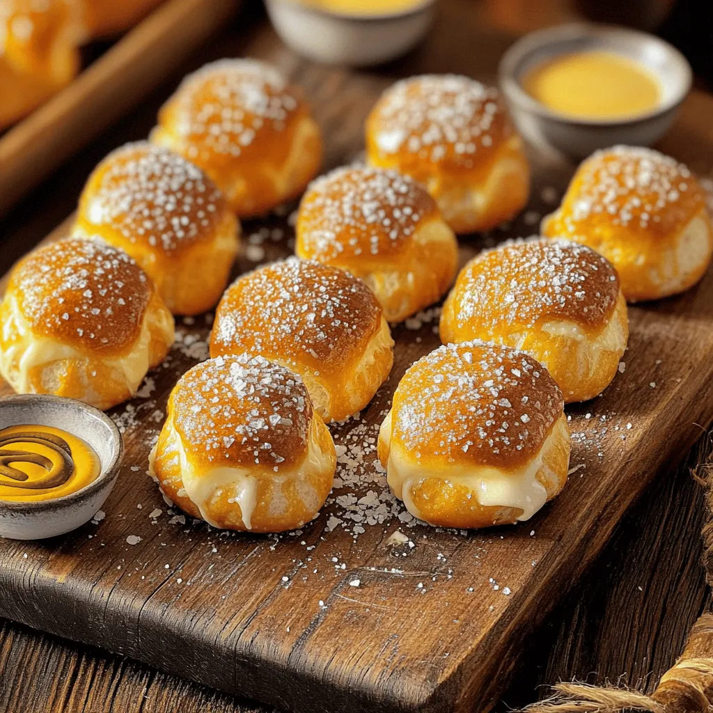 To make homemade pretzel bites, you will need the following: - 1 ½ cups warm water (110°F to 115°F) - 1 packet active dry yeast (2 ¼ teaspoons) - 1 tablespoon granulated sugar - 4 cups all-purpose flour - 1 teaspoon kosher salt - ½ cup baking soda - 1 large egg, beaten (for egg wash) - Coarse sea salt (for sprinkling) - Optional: melted butter for brushing If you need to swap some ingredients, here are some ideas: - Use honey instead of granulated sugar for a different flavor. - Whole wheat flour can replace all-purpose flour for a healthier twist. - Baking powder can work in place of baking soda, but the texture will change. - If avoiding eggs, use milk or oil for brushing the tops. Here are the tools you will need for making these tasty bites: - Large mixing bowl - Slotted spoon - Baking sheet lined with parchment paper - Rolling pin - Knife or dough cutter - Measuring cups and spoons - Clean kitchen towel for covering dough These ingredients and tools ensure a fun and easy cooking experience. Enjoy the process! First, grab a large mixing bowl. Pour in 1 ½ cups of warm water, about 110°F to 115°F. Add 1 packet of active dry yeast and 1 tablespoon of sugar. Stir gently, then let it sit for 5 to 10 minutes. You will see bubbles forming. This means the yeast is active and ready! Next, add 4 cups of all-purpose flour and 1 teaspoon of kosher salt into the yeast mixture. Mix until you see a dough form. Now it's time to knead! Place the dough on a floured surface and knead for about 5 minutes. The dough should feel smooth and elastic. Once done, place it in a greased bowl. Cover it with a damp cloth and let it rise in a warm spot for about 1 hour. Look for it to double in size. After the dough has risen, preheat your oven to 450°F (230°C). In a large pot, bring 10 cups of water to a boil. Once boiling, carefully add ½ cup of baking soda. Watch out! It will bubble up. Punch down the risen dough and divide it into 8 equal pieces. Roll each piece into a rope about ½ inch thick, then cut it into 1-inch pieces. Now, boil each pretzel bite in the baking soda water for 30 seconds. Use a slotted spoon to remove them and place them on a lined baking sheet. Brush the tops of the pretzel bites with a beaten egg. Sprinkle coarse sea salt on top for flavor. Bake them in the preheated oven for 12 to 15 minutes, or until they turn golden brown. If you like, brush them with melted butter right after baking for extra flavor. Enjoy your tasty snack! For the full recipe, check out the details above. To get that perfect pretzel bite texture, follow these steps. First, knead the dough well. This helps develop gluten, which gives the pretzels a chewy bite. Next, boil the pretzel bites in the baking soda water. This step is key for that classic pretzel flavor and dark brown color. Make sure the water is at a rolling boil before adding the bites. Finally, don’t skip the egg wash! This gives them a shiny, golden finish. Serve your pretzel bites warm for the best taste. They make a great snack for movie nights or parties. You can also serve them at a game day gathering. Pair them with some fun toppings like cheese or mustard. For a twist, try adding spices like garlic powder or paprika to the dough before baking. This adds a nice kick to your snack. Dipping sauces can take your pretzel bites to the next level. Classic mustard works well, but don’t stop there. Cheese sauce is always a hit, especially for kids. If you want something spicy, try a sriracha mayo. For something sweet, a chocolate dip can be fun too. You can mix and match sauces for a snack platter that everyone will love. For more ideas, check out the full recipe. {{image_2}} You can make your pretzel bites even better with tasty add-ins. Adding cheese is a great choice. Try mixing in shredded cheddar or mozzarella into the dough. Fresh herbs like rosemary or thyme can add a nice touch too. Just chop them finely and fold them into the dough. This way, every bite is full of flavor. If you want something sweet, you can easily change the recipe. Instead of using salt on top, sprinkle sugar before baking. You can also add cinnamon to the dough. Serve these sweet pretzel bites with a dip made from cream cheese or chocolate. They make a great dessert or treat for kids. You can enjoy pretzel bites even if you’re gluten-free. Just swap the all-purpose flour for a gluten-free flour blend. Make sure it has xanthan gum to help with texture. Follow the same steps in the recipe. Your gluten-free pretzel bites will still taste amazing! For the complete process, check out the Full Recipe. After making your homemade pretzel bites, let them cool completely. Place them in an airtight container. This helps keep them fresh and soft. You can store them at room temperature for up to two days. If you want to keep them longer, move on to freezing. To freeze your pretzel bites, first cool them fully. Then, arrange them in a single layer on a baking sheet. Put the baking sheet in the freezer for about an hour. Once frozen, transfer the bites to a freezer-safe bag. This method prevents them from sticking together. You can freeze them for up to three months. When you're ready to enjoy the pretzel bites again, preheat your oven to 350°F. Place the bites on a baking sheet and cover them with foil. Heat for about 10-15 minutes, until warm. For a crispier texture, remove the foil for the last 5 minutes. You can also reheat in a microwave, but they may become soft. Enjoy your tasty snack! For the full recipe, check out the details above. Yes, you can make pretzel bites ahead of time. Prepare them, then store them in the fridge. They can stay fresh for up to 2 days before baking. Just remember to let the dough rise and shape them before you store. If you want to freeze them, do so after boiling but before baking. To store pretzel bites, place them in an airtight container. Keep them at room temperature for one day. For longer storage, use the fridge. Just make sure they are cool before sealing. When you're ready to eat, reheat them in the oven for a crispy finish. If you want to make more pretzel bites, simply double or triple the ingredients. Each ingredient should be multiplied equally. This way, you keep the taste and texture just right. You can also bake them in batches if your oven space is limited. Yes, you can try different types of flour. Whole wheat flour gives a nuttier taste. Gluten-free flour can also work, but make sure it's a blend meant for baking. Just keep in mind that the texture may change a bit. Always check for dough consistency to ensure it's right. For the full recipe, refer to the beginning of this article. These pretzel bites are fun and easy to make at home. We covered the ingredients, tools, and step-by-step instructions. You learned tips for great texture and tasty dipping sauces. Plus, we explored variations for different flavors and dietary needs. We also discussed best storage practices to keep them fresh. With these details, you can confidently enjoy making pretzel bites. Dive in and enjoy each delicious bite with family and friends. Happy baking!