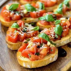 To create fresh tomato basil bruschetta, you need just a few key ingredients. Here’s what I use: - 4 ripe medium tomatoes, diced - 1 cup fresh basil leaves, chopped - 2 cloves garlic, minced - 1 tablespoon balsamic glaze - 3 tablespoons extra virgin olive oil - Salt and pepper to taste - 1 French baguette, sliced into 1-inch pieces These ingredients bring bright flavors to every bite. Ripe tomatoes give that sweet, juicy taste, while fresh basil adds a lovely aroma. You can enhance your bruschetta with some optional ingredients. Here are a few I recommend: - Shaved Parmesan cheese for garnish - A dash of red pepper flakes for heat - A sprinkle of oregano or thyme for an herbal twist These extras can elevate your dish and add a personal touch. Feel free to mix and match! Choosing the right tomatoes is key. Look for tomatoes that are: - Firm but slightly soft to the touch - Bright in color, with a rich red hue - Free of blemishes or cracks For fresh basil, pick leaves that are: - Vibrant green and fragrant - Crisp and free of brown spots - Not wilting or limp Fresh ingredients make a big difference in flavor. When you have great tomatoes and basil, your bruschetta will shine! For the full recipe, check out the details above. To make fresh tomato basil bruschetta, start by gathering all your ingredients. You will need ripe tomatoes, fresh basil, garlic, balsamic glaze, olive oil, salt, and pepper. 1. In a medium bowl, mix diced tomatoes, chopped basil, and minced garlic. 2. Add balsamic glaze and olive oil. Toss gently to coat everything. 3. Season with salt and pepper to taste. Let it sit for 10-15 minutes. This allows the flavors to blend well. The tomato mixture is the star of your bruschetta. Choose ripe, juicy tomatoes for the best taste. Dice them into small pieces. Next, chop fresh basil leaves finely. This brings out their lovely aroma. Mince your garlic finely to avoid large chunks. When you combine these, the colors and smells will excite you. The balsamic glaze adds a nice sweet note, while the olive oil makes the mix rich. This combination is simple yet so flavorful. Now, let’s toast the baguette slices. Preheat your oven to 400°F (200°C). While the oven heats, slice the French baguette into 1-inch pieces. Arrange them on a baking sheet. Brush the tops lightly with olive oil. Once your oven is ready, bake the bread for about 5-7 minutes. Watch for them to turn golden brown. When they are crispy, take them out. Now, the fun part! Spoon the tomato mixture generously onto each toasted slice. If you like, top it with shaved Parmesan cheese for extra flavor. Serve your bruschetta right away for the best taste. For the full recipe, refer to the section above. To make your bruschetta shine, focus on a few key tips. First, use ripe tomatoes. The best tomatoes have a deep red color and feel firm but not hard. Second, chop fresh basil just before using it. This keeps the flavor bright and fresh. Third, toast your baguette slices until golden brown. This adds crunch and holds the topping well. Finally, let your tomato mixture rest for 10-15 minutes. This helps the flavors blend and taste their best. When serving bruschetta, presentation matters. Arrange the slices on a large platter. Drizzle with extra balsamic glaze for a pretty touch. You can add a sprinkle of sea salt or cracked pepper for extra flavor. Serve the bruschetta as an appetizer or snack. It pairs well with a light white wine or sparkling water. For a fun twist, offer different toppings on the side. This lets your guests create their own perfect bite. Avoid these mistakes to get the best bruschetta. First, don’t skimp on the salt. It enhances the flavor of your tomatoes. Next, don’t assemble the bruschetta too early. The bread can get soggy if you wait too long. Also, avoid using canned or bad-quality tomatoes. Fresh is always best for this dish. Lastly, don’t forget to taste your mixture before serving. Adjust the salt, pepper, or balsamic glaze as needed. These small steps lead to a great bruschetta experience. {{image_2}} Bruschetta is fun because you can change it up! You can add fruits like peaches or strawberries for a sweet twist. Try mixing in some diced avocado for a creamy texture. You can even swap the tomatoes for roasted red peppers. Each twist brings new flavors to the classic dish. You can get creative with toppings too. Here are some ideas: - Feta Cheese: Crumble it on top for a tangy flavor. - Olives: Add chopped olives for extra saltiness. - Capers: They give a nice briny kick. - Roasted Garlic: This adds a sweet, mellow taste. You can mix and match these toppings to find your favorite combo. You can easily make bruschetta fit your diet. For a vegan option, skip the cheese or use a plant-based version. If you need a gluten-free dish, choose gluten-free bread. Just ensure it toasts well. These simple changes keep the dish tasty while meeting your needs. For the full recipe, visit the Fresh Tomato Basil Bruschetta section. To keep leftover bruschetta fresh, store the tomato mix and bread separately. Use an airtight container for the tomato mix. Make sure to cover it well. For the bread, place it in a paper bag. This helps keep it from getting soggy. You can store both in the fridge for up to two days. Always try to mix the tomato topping fresh. If you must, add the mix to the bread just before serving. This prevents the bread from becoming mushy. If you have extra basil, keep it in a glass of water. Cover it loosely with a plastic bag to keep it fresh longer. If your baguette goes stale, don’t toss it! You can revive it. Preheat your oven to 350°F (175°C). Lightly spritz the bread with water. Place it in the oven for about 5-10 minutes. This should make it warm and crispy again. Enjoy it just like you made it fresh! For the full recipe, refer to the earlier section. You can store bruschetta for about two days. Keep it in an airtight container. The tomato mix can get soggy if left too long. To prevent this, store the tomato mixture and bread separately. Yes, you can prep bruschetta ahead. Make the tomato mix and store it in the fridge. Toast the bread right before serving. This keeps the bread crisp and the mix fresh. I recommend using ripe Roma or vine-ripened tomatoes. They have great flavor and fewer seeds. Their firm texture holds well on the bread. Fresh, juicy tomatoes make the best bruschetta. Absolutely! You can skip the garlic if you prefer a milder taste. You can add more herbs or spices instead. Experiment with flavors that you love for your own twist. For the full recipe, check out the Fresh Tomato Basil Bruschetta section above. Fresh Tomato Basil Bruschetta is simple and tasty. We covered essential ingredients and tips for choosing ripe tomatoes and fresh basil. I shared step-by-step instructions for preparing the dish, toasting the baguette, and avoiding common mistakes. You can explore creative variations and learn how to store leftovers properly. Bruschetta is versatile and easy to make. Enjoy it as a snack or appetizer. With these tips, you’ll impress your friends and family. Explore, create, and savor this delicious dish anytime!
