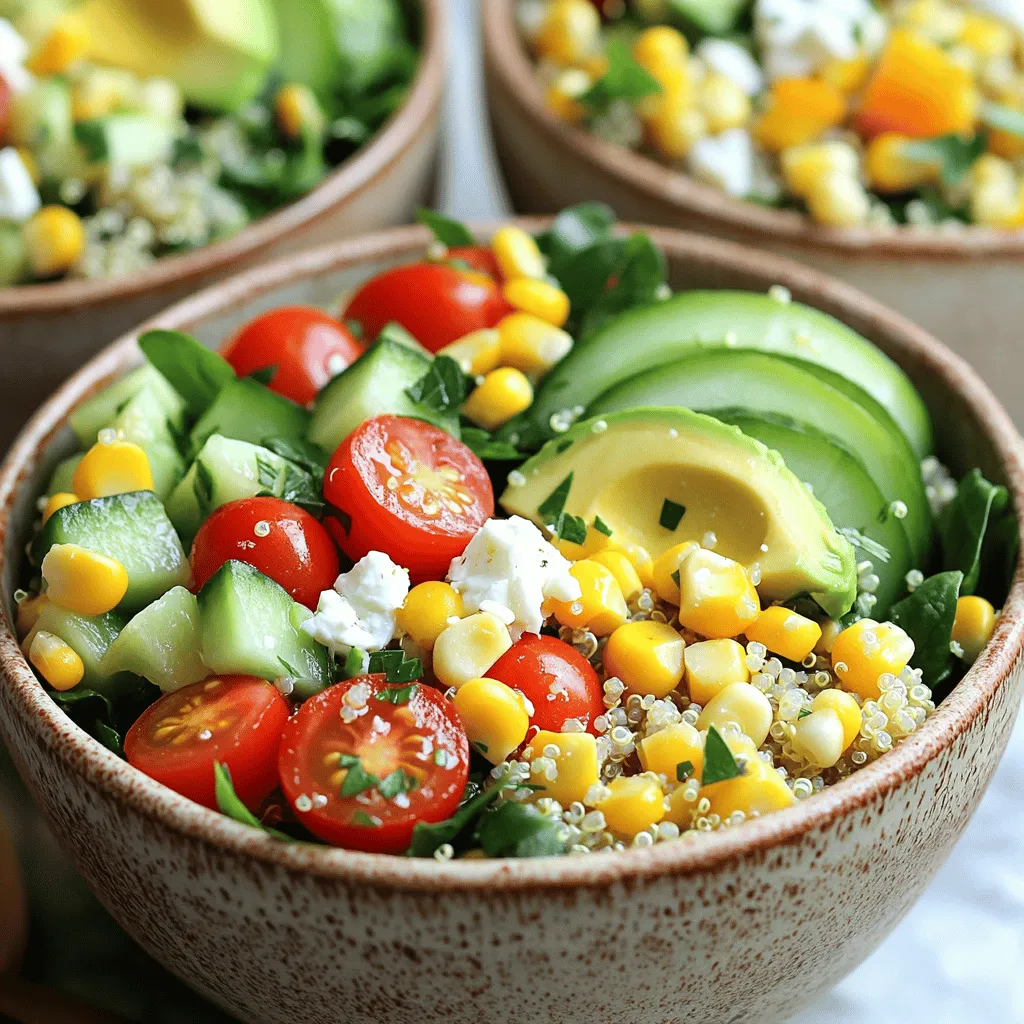 - 1 cup quinoa, rinsed - 2 cups vegetable broth or water - 1 cup cherry tomatoes, halved - 1 cucumber, diced - 1 bell pepper (red or yellow), chopped - 1 cup corn (frozen and thawed or fresh) - 1 avocado, sliced - 1 cup spinach or mixed greens - ½ cup feta cheese, crumbled (optional) - ¼ cup fresh parsley, chopped The core of the Garden Fresh Quinoa Power Bowls starts with quinoa. This grain is packed with protein and fiber. It cooks easily and adds a nice texture. Next, we use fresh garden vegetables. Cherry tomatoes bring sweetness, while cucumbers add crunch. A bell pepper adds color and flavor. Corn completes the mix with its sweetness. You can add proteins like chicken or chickpeas for more nutrition. Toppings like avocado and feta cheese create a rich taste. - 2 tablespoons olive oil - 1 tablespoon fresh lemon juice - Salt and pepper to taste - ½ teaspoon cumin (optional) The dressing is simple yet tasty. Olive oil gives a smooth feel, while lemon juice adds a fresh zing. Salt and pepper enhance all the flavors. Cumin is optional but provides an earthy note. Together, these seasonings make the meal pop. - Calories per serving: Approximately 350 - Macronutrient breakdown: - Protein: 12g - Carbohydrates: 50g - Fat: 15g This meal packs a good punch in nutrients. Each serving brings around 350 calories, making it a filling choice. The protein helps build muscles, while carbs give you energy. Healthy fats from olive oil and avocado keep you full longer. You can enjoy this dish guilt-free! For the full recipe, check [Full Recipe]. To cook the quinoa, start by rinsing it well. Rinsing removes the bitter coating called saponin. Use a fine mesh strainer for best results. After rinsing, combine 1 cup of quinoa with 2 cups of vegetable broth or water in a medium saucepan. Bring it to a boil over high heat. Once boiling, reduce the heat to low, cover the pot, and let it simmer for 15 minutes. The quinoa should absorb all the liquid. After cooking, remove the pot from heat and let it sit for 5 minutes. Finally, fluff the quinoa with a fork for a light texture. While the quinoa cooks, prepare your vegetables. Start with the cherry tomatoes. Cut them in half and set them aside. Next, dice the cucumber and chop the bell pepper. Make sure to keep your cuts uniform for even mixing. If using corn, thaw it if frozen. Combine all the chopped vegetables in a large mixing bowl. This way, they mix well and create a tasty base for your power bowl. Now for the dressing! In a small bowl, whisk together 2 tablespoons of olive oil, 1 tablespoon of fresh lemon juice, and season with salt and pepper. If you like, add ½ teaspoon of cumin for extra flavor. Taste and adjust as needed. Once the quinoa is cool, add it to the bowl with the veggies. Pour the dressing over the mixture. Gently combine everything until it is evenly coated. Divide the mixture into serving bowls. Top each bowl with sliced avocado and, if you wish, crumbled feta cheese. Enjoy your fresh and energizing meal! For the full recipe, check the recipe section above. - Making ahead for quick lunches: Prepare the quinoa and veggies in advance. Store them in separate containers. This helps keep them fresh. You can mix them just before eating. - Storing tips for freshness: Keep the bowls in the fridge for up to two days. Use airtight containers to keep everything crisp. Add avocado just before serving to prevent browning. - Vegan and gluten-free alternatives: Use brown rice or millet instead of quinoa. Swap feta with a vegan cheese or omit it. Choose a gluten-free broth to keep it safe for all diets. - Seasonal vegetable suggestions: In summer, add zucchini or bell peppers. In winter, try roasted root veggies like carrots or sweet potatoes. These swaps add new flavors and colors to your bowl. - Overcooking quinoa: Cook quinoa until it is fluffy and water is absorbed. If you overcook, it can become mushy. Keep an eye on the time and liquid. - Imbalance of flavors: Ensure the dressing has enough seasoning. Taste as you mix. Add more salt, lemon juice, or cumin if needed. This helps create a well-rounded flavor in each bite. For the full recipe, check out the Garden Fresh Quinoa Power Bowls. {{image_2}} You can easily boost the protein in your quinoa power bowl. Chickpeas and black beans add great flavor and texture. They are also easy to prepare. Just rinse them well and toss them in. Grilled chicken or shrimp also work well. They add a nice, hearty feel to the meal. Cook them simply with salt and pepper for best results. To change up the taste, you can add different flavors. For a Mediterranean twist, mix in olives. They add a briny taste that pairs well with the fresh veggies. If you prefer a Southwestern flair, add beans and spices. You can use cumin, chili powder, or smoked paprika to give it a kick. This will make your bowl more exciting. Using local produce makes your dish fresh and fun. Visit your farmer's market to find seasonal fruits and veggies. For example, ripe tomatoes or fresh corn can enhance your bowl. You can also swap in whatever is in season. This keeps your meals interesting and supports local farmers. Store any leftover quinoa power bowls in the fridge. Use airtight containers to keep them fresh. Label the containers with the date. This way, you know when you made them. Keep the bowls in the fridge for up to 2 days. If you want to keep them longer, consider freezing. You can freeze quinoa power bowls. To do this, let the bowls cool completely. Then, place them in freezer-safe containers. Make sure to leave some space for expansion. When you’re ready to eat, thaw in the fridge overnight. Reheat in the microwave or on the stove until hot. Quinoa power bowls last for about 2 days in the fridge. If they smell sour or look off, they may be spoiled. Check for any mold or changes in texture. If you see any signs, it’s best to throw them away. Always trust your senses when it comes to food safety. To cook quinoa perfectly, start by rinsing it. Rinse under cold water for a few minutes. This removes the bitter coating. Use a ratio of 1 cup quinoa to 2 cups broth or water. Bring it to a boil, then lower the heat. Cover and simmer for 15 minutes. Once the liquid is absorbed, let it sit for 5 minutes. Fluff it with a fork for light and fluffy quinoa. Yes, you can make these bowls ahead of time. They are great for meal prep! Cook the quinoa and store it in the fridge for up to 4 days. Prepare the veggies and dressing separately. Mix everything together before serving. This keeps the veggies fresh and crunchy. Quinoa is a superfood packed with nutrients. It is high in protein and fiber. It contains all nine essential amino acids. Quinoa is gluten-free, making it great for many diets. It also has vitamins and minerals that support overall health. Eating quinoa can help you feel full longer. Absolutely! You can add any veggies you like. Try carrots, broccoli, or bell peppers. Use seasonal vegetables to keep it fresh. You can also mix in roasted vegetables for a different flavor. The options are endless, so customize it to your taste! Making a vegan dressing is simple! Swap out any dairy for plant-based options. Combine olive oil and lemon juice for a fresh taste. You can add herbs like basil or dill for extra flavor. Use salt and pepper to season. This way, your dressing stays light and healthy. For more details, check out the Full Recipe. You learned how to make delicious quinoa power bowls with fresh vegetables and tasty dressings. We covered main ingredients, cooking tips, and nutritional facts. I shared storage methods and answered common questions. Keep experimenting with flavors and toppings. This will make your meals fun and healthy. Enjoy your cooking, and remember, the best meals come from creativity and fresh ingredients!