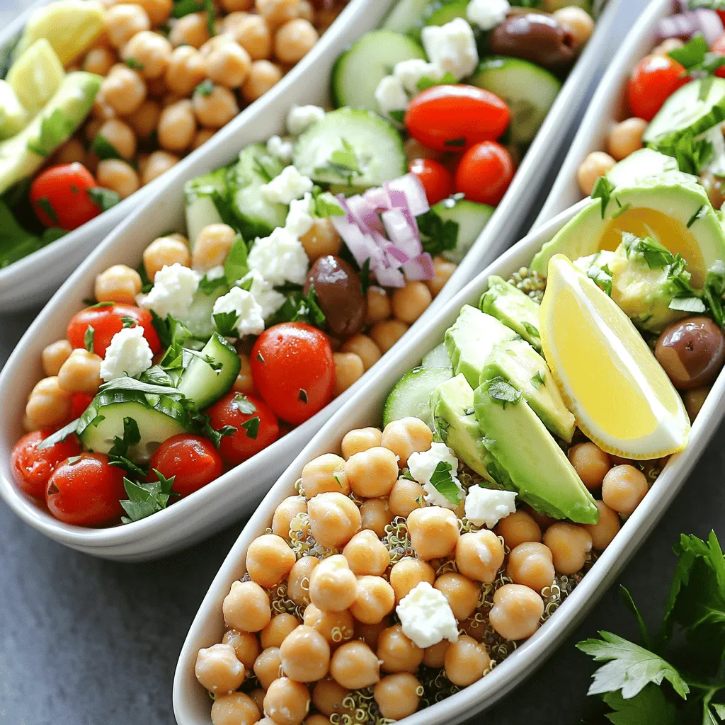 - 1 can (15 oz) chickpeas, drained and rinsed - 1 cup cooked quinoa - 1 cucumber, diced - 1 cup cherry tomatoes, halved - ½ red onion, finely chopped - ½ cup kalamata olives, pitted and halved - ½ cup feta cheese, crumbled - 2 tablespoons olive oil - 1 tablespoon lemon juice - 1 teaspoon dried oregano - Salt and pepper to taste - Fresh parsley, chopped - 1 avocado, sliced When I prepare Mediterranean Chickpea Power Bowls, I love how fresh and vibrant the flavors are. Each ingredient plays a role, making the dish both tasty and healthy. The chickpeas serve as a protein base, while quinoa adds a nutty flavor and texture. I often start with the main ingredients. The chickpeas are a great source of fiber, and they add heartiness to the bowl. The cooked quinoa provides a light, fluffy texture and complements the chickpeas well. You can use any type of quinoa you have, but I prefer the white variety for its mild flavor. Next, I dice a cucumber. It adds a refreshing crunch. Cherry tomatoes bring sweetness and color. Red onion gives a slight bite. I love the kalamata olives for their rich, briny taste. Finally, I sprinkle crumbled feta cheese on top for a creamy finish. For the dressing, I mix olive oil, lemon juice, and dried oregano. This simple blend brings everything together. It adds brightness and depth. You can adjust the salt and pepper to your liking. If you want to make it even better, consider optional toppings. Fresh parsley adds a pop of color and flavor. Sliced avocado gives creaminess and healthy fats. All these ingredients combine to create a colorful and nutritious meal. You can find the full recipe in this article to guide your cooking journey! - Combine chickpeas, quinoa, cucumber, tomatoes, red onion, and olives in a bowl. - Whisk together olive oil, lemon juice, oregano, salt, and pepper. In the first step, I take a large bowl. I add a can of drained and rinsed chickpeas. Then, I toss in a cup of cooked quinoa. Next, I chop a cucumber and add it to the mix. I slice cherry tomatoes in half and throw them in too. Finishing this step, I finely chop half a red onion and add kalamata olives. For the dressing, I grab a small bowl. I measure out two tablespoons of olive oil. Then, I squeeze one tablespoon of lemon juice into the bowl. I sprinkle in one teaspoon of dried oregano. Finally, I add salt and pepper to taste. I whisk it all together until it is well blended. - Pour dressing over the salad mixture and toss gently. - Divide into serving bowls and top with feta cheese and avocado slices. Next, I pour the dressing over the salad mixture. I toss it gently so every piece gets coated. Then, I scoop the mixture into serving bowls. I crumble feta cheese on top of each bowl. If I want more creaminess, I add sliced avocado for extra flavor. - Garnish with freshly chopped parsley. - Serve with a lemon wedge for added freshness. To finish, I chop fresh parsley and sprinkle it over the bowls. This adds a pop of color and flavor. I also serve each bowl with a lemon wedge. This extra touch gives a bright flavor when squeezed over the salad. For the full recipe, check the details above and enjoy! - Prepare the salad mixture in advance and store separately from the dressing for freshness. - Cook quinoa ahead of time for quicker assembly. Meal prep saves time. When you get home, you want to eat, not cook. I often make the salad mix a day before. It keeps well in the fridge. Just remember to keep the dressing separate. This way, your ingredients stay crisp. Cooking quinoa beforehand helps too. Quinoa cooks quickly, but having it ready makes assembly faster. You can use it in many meals, not just this bowl. - Marinate chickpeas overnight for deeper flavor. - Experiment with additional spices such as cumin or paprika. Chickpeas can be plain, so I like to marinate them. Just soak them in olive oil and spices overnight. This helps them soak up all the flavors. You can also use cumin or paprika for a unique taste. Each spice adds a different kick to your dish. - Use wide, shallow dishes for a beautiful presentation. - Arrange the ingredients in sections for visual appeal. A great meal looks good too. I prefer using wide, shallow bowls. This way, you can see all the colors. Arrange the salad in sections. It makes the dish more inviting. You can even add a lemon wedge on the side for a fresh touch. For more tips, check out the full recipe. Enjoy your cooking! {{image_2}} You can easily change the protein in your Mediterranean chickpea power bowls. Add grilled chicken or shrimp for a tasty boost. Both options bring flavor and make the meal heartier. If you want a different base, try using black beans or lentils instead of chickpeas. Both are rich in protein and work well in this dish. For a vegan take, simply leave out the cheese. This way, the dish remains plant-based and delicious. You can also swap feta cheese for hummus. Hummus adds creaminess and pairs perfectly with the other fresh ingredients. This alternative keeps the bowl packed with flavor while catering to dietary needs. Changing up your veggies can make this meal exciting. In spring or summer, add fresh bell peppers or zucchini for extra crunch. In fall or winter, try roasted root vegetables for a warm touch. You can also switch up the dressing based on what herbs you have on hand. Fresh basil or mint can brighten the bowl and add a seasonal twist. For the full recipe, check out the Mediterranean Chickpea Power Bowls! Store leftovers in an airtight container in the fridge for up to 3 days. Keeping the dressing separate helps keep everything fresh and tasty. This way, your Mediterranean Chickpea Power Bowls stay vibrant and crunchy. Freezing power bowls is not recommended. Fresh ingredients lose their texture when frozen. If you want to freeze, cook the quinoa and freeze it separately. This method keeps the quinoa fresh for future meals. When you reheat the chickpea and quinoa mix, do it gently in the microwave. A short time on low power works best. If you want a refreshing option, eat it cold as a salad. It’s still delicious and packed with flavor! To make your bowls gluten-free, substitute quinoa with rice. You can also ensure your quinoa is certified gluten-free. This way, you enjoy full flavor without gluten concerns. Absolutely! You can assemble the bowls and store them in the fridge. This makes for quick meals on busy days. Just grab and go for a tasty lunch or dinner. If you need a substitute for feta cheese, try crumbled goat cheese. You can also use nutritional yeast for a cheesy flavor or skip the cheese entirely for a vegan option. Leftovers can last up to three days in the fridge. Just make sure to store them in an airtight container to keep them fresh and delicious. If you run out of olive oil, use avocado oil instead. A store-bought vinaigrette also works well. Both will keep your bowls tasty and vibrant. Yes, this dish is perfect for meal prepping. It holds up well and remains nutritious, making it a great choice for your weekly meal prep routine. In this blog post, we explored how to create delicious Mediterranean Chickpea Power Bowls. We discussed key ingredients, step-by-step instructions, and tips for meal prep. These bowls offer a nutritious balance of flavors and textures. I encourage you to customize your bowl by adding your favorite toppings or proteins. With easy storage and great longevity, these bowls are perfect for your busy days. Enjoy making this healthy meal that satisfies both your taste buds and your wellness goals.