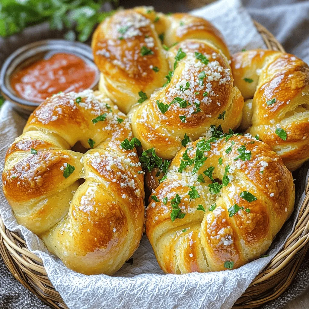 - 2 cups all-purpose flour - 2 teaspoons instant yeast - 1 teaspoon sugar - 1 teaspoon salt - 3/4 cup warm water (about 110°F) - 2 tablespoons olive oil - 4 tablespoons unsalted butter, melted - 4 cloves garlic, minced - 2 tablespoons fresh parsley, chopped - 1/2 teaspoon crushed red pepper flakes (optional) - Grated Parmesan cheese for topping To make these garlic knots, gather your ingredients first. The flour is the base for the dough. Yeast helps it rise and become fluffy. Sugar feeds the yeast, while salt adds flavor. Warm water activates the yeast. Olive oil makes the dough smooth and rich. Next, we have the garlic and parsley. These add a fresh, vibrant taste. If you like heat, consider adding red pepper flakes. Finally, the Parmesan gives a lovely finish. You can find the full recipe for these irresistible garlic knots in the article. This list ensures you have everything for a yummy treat. 1. In a large bowl, combine 2 cups of all-purpose flour, 2 teaspoons of instant yeast, 1 teaspoon of sugar, and 1 teaspoon of salt. Mix them well. 2. Slowly add 3/4 cup of warm water and 2 tablespoons of olive oil to the dry mix. Stir until a rough dough forms. 3. Turn the dough out onto a floured surface. Knead it for about 5 to 7 minutes. You want it smooth and elastic. 1. Place the dough in a greased bowl. Cover it with a kitchen towel. Let it rise in a warm area for about 1 hour or until it doubles in size. 2. Once risen, punch down the dough. Turn it out onto a floured surface and divide it into 8 equal pieces. 1. Preheat your oven to 375°F (190°C). Line a baking sheet with parchment paper. 2. Roll each piece into a rope about 10 inches long. Tie each rope into a knot and place them on the baking sheet. 3. In a small bowl, mix 4 tablespoons of melted butter, 4 cloves of minced garlic, 2 tablespoons of chopped parsley, and optional crushed red pepper flakes. Brush this mixture on the knots. 4. Bake the knots for about 15 to 20 minutes or until they turn golden brown. 5. Remove them from the oven. Sprinkle grated Parmesan cheese on top while they are still warm. For more details, check the Full Recipe. When making garlic knots, avoid over-kneading or under-kneading the dough. Over-kneading makes the knots tough, while under-kneading leads to dough that does not rise well. Aim for a smooth and elastic texture after about 5-7 minutes of kneading. Also, always use warm water for yeast activation. If the water is too hot, it will kill the yeast. If it’s too cold, the yeast won’t activate. Aim for about 110°F to get the yeast bubbling nicely. Adjusting the garlic and parsley quantities can enhance your knots. If you love garlic, add an extra clove or two. Fresh parsley brightens the flavor, so feel free to add more to taste. Consider adding toppings like crushed red pepper or cheese for extra flavor. A sprinkle of grated Parmesan before serving can elevate your garlic knots to gourmet status. Serve your garlic knots with great accompaniments like marinara sauce or a garlic dip. These dips add a delightful taste. For presentation, arrange the knots in a basket lined with a clean kitchen towel. This keeps them warm and looks inviting. You can also add a small dish of marinara sauce for dipping to make your serving even more appealing. For the full recipe, check out the detailed instructions above. {{image_2}} You can make garlic knots more exciting with different flavors. Start by adding herbs like oregano or basil. These herbs pair well with garlic. They bring freshness to each bite. You can mix them into the dough or sprinkle them on top. Another fun option is to experiment with cheese fillings. Try stuffing the knots with mozzarella or cheddar. This melted cheese will add a rich texture. It also complements the garlic flavor perfectly. If you're gluten-free, don't worry! You can still enjoy garlic knots. Use gluten-free flour blends designed for baking. These blends work great to create a soft dough. Just follow the same steps in the recipe. For those looking for vegan options, substitute butter with plant-based alternatives. Use olive oil or vegan butter instead. This keeps the flavor while making it dairy-free. Enjoying garlic knots can be simple, no matter your diet! To keep your garlic knots fresh, follow these tips. First, let them cool completely. Storing warm knots can create steam, making them soggy. Place the cooled knots in an airtight container. You can also wrap them in plastic wrap. This helps keep them soft. If you plan to eat them in a few days, store them in the fridge. Garlic knots last about three days in the fridge. For longer storage, freeze them. Place the knots in a freezer bag. They can stay good for up to three months in the freezer. To enjoy your garlic knots again, you need to re-crisp them. The oven works best for this. Preheat your oven to 350°F (175°C). Place the knots on a baking sheet. Heat them for about 10 minutes. This will make them warm and crispy again. If you're in a hurry, you can use the microwave. Heat them for 20-30 seconds. However, the microwave won't make them crispy. For the best taste, use the oven. You can find the full recipe for these irresistible garlic knots in the earlier sections. To check if your yeast is active, mix it with warm water and sugar. Wait about 5 to 10 minutes. If it bubbles and foams, your yeast is active. If not, it might be old or dead. Always store yeast in a cool, dry place. This way, it stays fresh longer. Using active yeast is key for fluffy garlic knots. Yes, you can make garlic knots ahead of time. You have two options: prepare the dough or shape the knots. For the dough, let it rise, then refrigerate it. Use it within 24 hours. For shaped knots, place them on a baking sheet and cover them. You can store them in the fridge for up to 8 hours. Before baking, let them warm up for about 30 minutes. If your garlic knots are not fluffy, check the yeast. If the yeast was inactive, your dough won’t rise well. Kneading is also important. If you don’t knead enough, the dough won't develop strength. Lastly, don’t skip the rising time. Letting your dough rise fully gives it air. This helps create that soft and fluffy texture. Making garlic knots at home is simple and fun. We covered important ingredients, step-by-step instructions, and tips for success. You learned how to shape, bake, and serve these tasty treats. With variations and storage info, you can enjoy them fresh or later. Trust me, trying these recipes will impress anyone. Now, gather your ingredients and get started. Enjoy the delicious results!