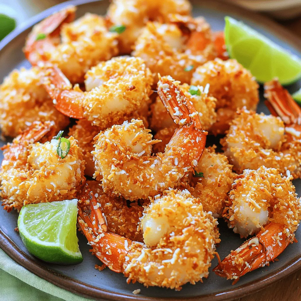 To make crispy coconut shrimp, you need simple and fresh ingredients. Here is what you'll need: - 1 pound large shrimp, peeled and deveined - 1 cup all-purpose flour - 2 large eggs - 1 cup shredded coconut (unsweetened) - 1 cup panko breadcrumbs - 1 teaspoon paprika - 1 teaspoon garlic powder - 1 teaspoon salt - 1/2 teaspoon black pepper - 1/2 teaspoon cayenne pepper (optional, for heat) - Oil for frying (coconut oil or vegetable oil) - Lime wedges, for serving The essential ingredients are shrimp, flour, eggs, coconut, and panko. These create a tasty base for the dish. - Essential Ingredients: - Shrimp - Flour - Eggs - Coconut - Panko Optional additions like cayenne pepper add heat. You can skip it if you prefer mild flavors. You can try different seasonings to change up the flavor. Here are some ideas: - Add spices: Use chili powder or cumin for a kick. - Herbs: Try adding dried herbs, like parsley or cilantro, to the breadcrumb mix. - Coconut type: Use sweetened coconut for a different taste, but keep it balanced. Feel free to experiment! Each tweak can lead to a unique and delightful dish. For the complete recipe, check out the [Full Recipe]. Start by gathering your ingredients. You need one pound of large shrimp, peeled and deveined. Get one cup of all-purpose flour, two large eggs, and one cup of unsweetened shredded coconut. You also want one cup of panko breadcrumbs, one teaspoon of paprika, one teaspoon of garlic powder, one teaspoon of salt, and half a teaspoon of black pepper. For some heat, include half a teaspoon of cayenne pepper. Lastly, have oil ready for frying and lime wedges for serving. Set up your breading station. Put the flour in one bowl, and beat the eggs in another. In a third bowl, mix the shredded coconut, panko breadcrumbs, paprika, garlic powder, salt, black pepper, and cayenne pepper. This station helps you coat the shrimp easily. Next, heat the oil in a deep skillet or large frying pan over medium-high heat. You want about one to two inches of oil in the pan. The oil should reach around 350°F or 175°C for perfect frying. Now, take each shrimp. First, dredge it in the flour, shaking off any extra. Then, dip the floured shrimp into the beaten eggs, letting any excess drip off. Finally, coat the shrimp in the coconut and panko mixture. Press gently to make sure it sticks well. Once the oil is hot, add the shrimp in batches. Avoid overcrowding the pan. Fry each side for about two to three minutes until they turn golden brown and crispy. Use a slotted spoon to remove the shrimp, and place them on a paper towel-lined plate to drain excess oil. To ensure your shrimp are crispy, pay attention to the oil temperature. Use a thermometer to check it regularly. If the oil is too cool, the shrimp will absorb more oil and become soggy. If it's too hot, they may burn before cooking through. Press the coconut and panko mixture onto the shrimp firmly. This step helps the coating stick well during frying. Serve the shrimp right away for the best crunch. Enjoy with fresh lime wedges from the Full Recipe. When making crispy coconut shrimp, avoid these common mistakes: - Skipping the dredging step: Always coat shrimp in flour first. This helps the egg and coating stick. - Not pressing the coating: After coating in coconut and panko, press gently. This helps the coating stick better during frying. - Overcrowding the pan: Fry shrimp in small batches. Overcrowding lowers oil temperature and leads to soggy shrimp. Breading shrimp can be simple if you follow these best practices: - Set up a breading station: Have three bowls ready for flour, eggs, and the coconut mix. Keep it organized. - Use dry hands: Wet hands can make the breading process messy. Dry hands help keep the coating intact. - Coat evenly: Make sure each shrimp has an even layer of breading. This ensures they fry up nice and crispy. Temperature control is key for crispy results: - Use a thermometer: Aim for oil at 350°F (175°C). This is the sweet spot for frying. - Test the oil: Drop a small piece of bread in the oil. If it sizzles and browns in about 60 seconds, the oil is ready. - Adjust heat as needed: If shrimp cook too fast, lower the heat. If they take too long, raise it slightly. For more detailed steps and ingredients, check out the Full Recipe. {{image_2}} You can play with the coating for crispy coconut shrimp. Try using crushed cornflakes instead of panko for more crunch. You can also add spices like curry powder or cayenne to the coconut mix. For a sweet touch, mix honey or maple syrup into the egg wash. This change gives a fun twist to the classic recipe. Crispy coconut shrimp shines with fresh flavors. Serve it with a tangy mango salsa for a tropical vibe. A zesty lime dipping sauce complements the shrimp perfectly. You can also pair it with a simple green salad or coconut rice. Both options balance the dish well and make it feel complete. If you need a gluten-free version, swap all-purpose flour with rice flour. Use gluten-free panko or crushed nuts instead of traditional panko. This way, you can enjoy crispy coconut shrimp without worries. Always check labels to ensure all ingredients are gluten-free. This keeps everyone happy and healthy at your table. For the full recipe, visit [Full Recipe]. To keep your crispy coconut shrimp fresh, let them cool first. Place them in an airtight container. You can refrigerate them for up to three days. If the shrimp are warm, they can create steam and become soggy. So, cool them down before storage. For the best taste, reheat the shrimp in an oven. Preheat your oven to 350°F (175°C). Spread the shrimp on a baking sheet in a single layer. Heat for about 10-12 minutes. This method keeps them crispy. You can also use an air fryer for quick reheating. Set it to 350°F (175°C) and cook for about 5-7 minutes. If you want to freeze the shrimp, do it right after cooking. Lay them on a baking sheet first, and freeze until solid. Then, transfer them to a freezer-safe bag. They can stay frozen for up to three months. To thaw, move them to the fridge overnight. For a quick method, place them in cold water for about an hour. Once thawed, reheat them using the oven or air fryer. This keeps them crispy and tasty. For the full recipe, check out the detailed steps to make your own crispy coconut shrimp. You can make crispy coconut shrimp without frying by baking them. Start by preheating your oven to 400°F (200°C). Follow the same breading steps from the recipe. Place the shrimp on a baking sheet lined with parchment paper. Spray them lightly with cooking oil to help them crisp up. Bake for about 15-20 minutes. Turn them halfway through for even cooking. You’ll get a lighter version of this tasty dish! The best dipping sauce for coconut shrimp is a sweet and spicy sauce. A mix of sweet chili sauce and a splash of lime juice works great. You can also try a mango salsa or a creamy coconut sauce. These options add a bright flavor that complements the shrimp perfectly. Feel free to experiment with your favorite flavors! Yes, you can bake crispy coconut shrimp instead of frying! Baking is a healthy option. It still gives you a crispy texture. Follow the breading process from the recipe. Preheat your oven and arrange the shrimp on a baking sheet. Bake for 15-20 minutes until they are golden brown. This method is quick and easy! Check out the full recipe for more details. Crispy coconut shrimp is easy and fun to make. We covered the key ingredients and gave detailed steps for crispiness. You now have tips to avoid common mistakes and explore tasty variations. Remember, these shrimp can be stored, reheated, and even frozen for later. With this guide, you can enjoy delicious shrimp any time. Try different flavors and sauces to make it your own. Cooking should be exciting and enjoyable for you!