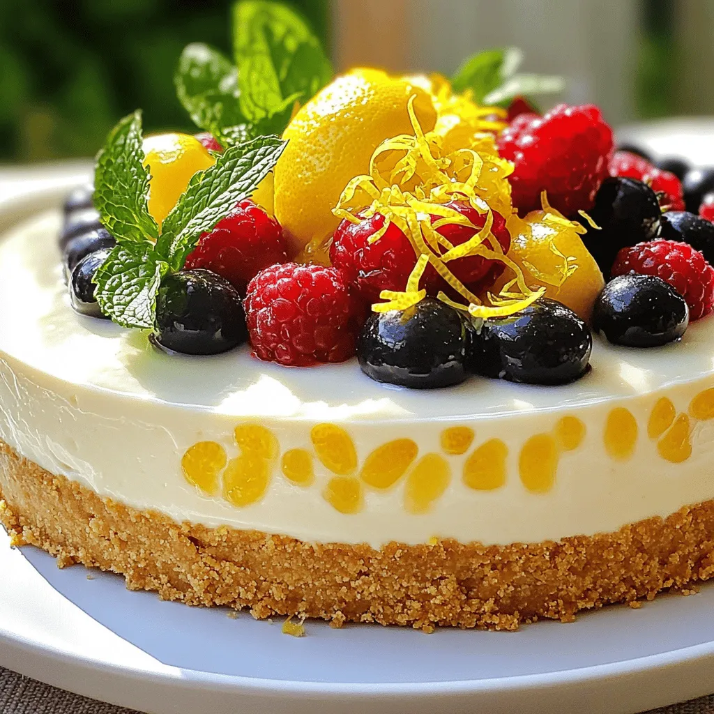 To make this no-bake lemon cheesecake, you'll need a few simple ingredients. Each one plays a key role in creating that fresh, zesty flavor. - 1 ½ cups graham cracker crumbs - ½ cup unsalted butter, melted - 2 cups cream cheese, softened - 1 cup powdered sugar - 1/3 cup fresh lemon juice - Zest of 2 lemons - 1 teaspoon vanilla extract - 1 cup heavy whipping cream - Fresh berries and mint leaves, for garnish These ingredients come together to create a creamy, light dessert. The graham cracker crumbs form a crunchy base, while the cream cheese provides that rich texture. Fresh lemon juice and zest give it a bright flavor. The heavy cream adds a fluffy touch. You can find the full recipe to get started right away! To start your delicious no-bake lemon cheesecake, mix 1 ½ cups of graham cracker crumbs with ½ cup of melted unsalted butter in a large bowl. Stir well until the crumbs are fully coated in butter. This will give your crust a rich flavor. Next, take a 9-inch springform pan and press the crumb mixture evenly into the bottom. Use your fingers or the bottom of a glass to make it compact. Once done, place the pan in the refrigerator to chill while you prepare the filling. In a large bowl, beat 2 cups of softened cream cheese until it's smooth and creamy. An electric mixer works best for this step. Slowly add 1 cup of powdered sugar, mixing until well combined. The sugar will add sweetness and help achieve a silky texture. Now, mix in 1/3 cup of fresh lemon juice, the zest of 2 lemons, and 1 teaspoon of vanilla extract. Stir until everything is well blended. This mixture is where your cheesecake gets its bright and zesty flavor. In a separate bowl, whip 1 cup of heavy cream until stiff peaks form. This step is crucial as it adds lightness to your cheesecake. Now, gently fold the whipped cream into the lemon cream cheese mixture. Use a spatula and be careful to maintain the lightness. You want to see no white streaks left in the filling. Pour the cheesecake filling over your chilled crust, smoothing the top with a spatula. Cover the cheesecake with plastic wrap and place it in the refrigerator. Chill for at least 4 hours, or even overnight for the best results. Once set, release the cheesecake from the springform pan. Enjoy your refreshing dessert! For the full recipe, check out the details above. To make a great no-bake lemon cheesecake, start with softened cream cheese. Soft cream cheese blends easily and gives a smooth texture. Leave it out for 30 minutes before mixing. This small step makes a big difference. Next, when you whip the heavy cream, don’t rush. Whip it until stiff peaks form. This adds fluffiness to your cheesecake. When you fold the whipped cream into the lemon mixture, be gentle. Use a spatula and fold carefully. This keeps the air in the whipped cream, making your cheesecake light and airy. For toppings, fresh berries work wonders. Strawberries, blueberries, or raspberries add color and flavor. You can also use mint leaves for a fresh touch. Just sprinkle them on top before serving. Pair your cheesecake with a bright beverage. A glass of lemonade or iced tea complements the lemon flavor. For dessert pairings, serve it with a light sorbet. This keeps the meal refreshing and delightful. For a complete experience, check out the Full Recipe for more details on how to create this delicious dessert. {{image_2}} You can easily change the taste of your cheesecake. Adding citrus like lime or orange gives it a fun twist. Just swap out some lemon juice for lime or orange juice. This mix creates a bright flavor that is just as refreshing. You could also try different extracts. Instead of vanilla, use almond or coconut. This simple swap can create a whole new flavor profile. If you want a lighter dessert, you can use low-fat cream cheese. This option keeps the creamy texture without all the fat. You can also create a gluten-free crust. Use almond flour or gluten-free graham crackers instead of regular ones. This way, everyone can enjoy a slice. Feel free to explore these variations in the full recipe to make it your own! To keep your no-bake lemon cheesecake fresh, store it in the fridge. Use an airtight container or cover it tightly with plastic wrap. This helps keep the cheesecake moist and prevents it from absorbing other smells. Make sure to eat your leftovers within four to five days for the best taste. If you want to serve it cool, take it out of the fridge just a few minutes before serving. You can also freeze your cheesecake if you have extra. Start by letting it set in the fridge for at least four hours. Once it’s firm, wrap it tightly in plastic wrap. Then, put it in a freezer-safe container or bag. It can last in the freezer for up to two months. When you're ready to enjoy it, take it out and let it thaw in the fridge overnight. This keeps the texture smooth and creamy. You’ll love how refreshing it tastes even after freezing! The cheesecake needs to set for at least 4 hours. For best results, let it chill overnight. This time allows the flavors to blend well. It also helps the cheesecake firm up nicely. Yes, you can make this cheesecake ahead of time. It stores well in the refrigerator. Preparing it a day in advance is a smart move. This way, you save time on the day of your event or gathering. You can substitute some ingredients if needed. Use graham cracker crumbs for a different crust. Try using different citrus juices like lime or orange for a twist. You may also use low-fat cream cheese to make it lighter. Always check the consistency to ensure great results. For the full recipe and more details, check out the [Full Recipe]. You now have all the tools to make a delicious cheesecake. We covered the ingredients, step-by-step instructions, and helpful tips. You learned how to store and even freeze your cheesecake for later enjoyment. With variations and healthier options, you can adapt this dessert to fit your taste. Remember, practice makes perfect, so don’t hesitate to experiment. Enjoy making and sharing this cheesecake with family and friends!