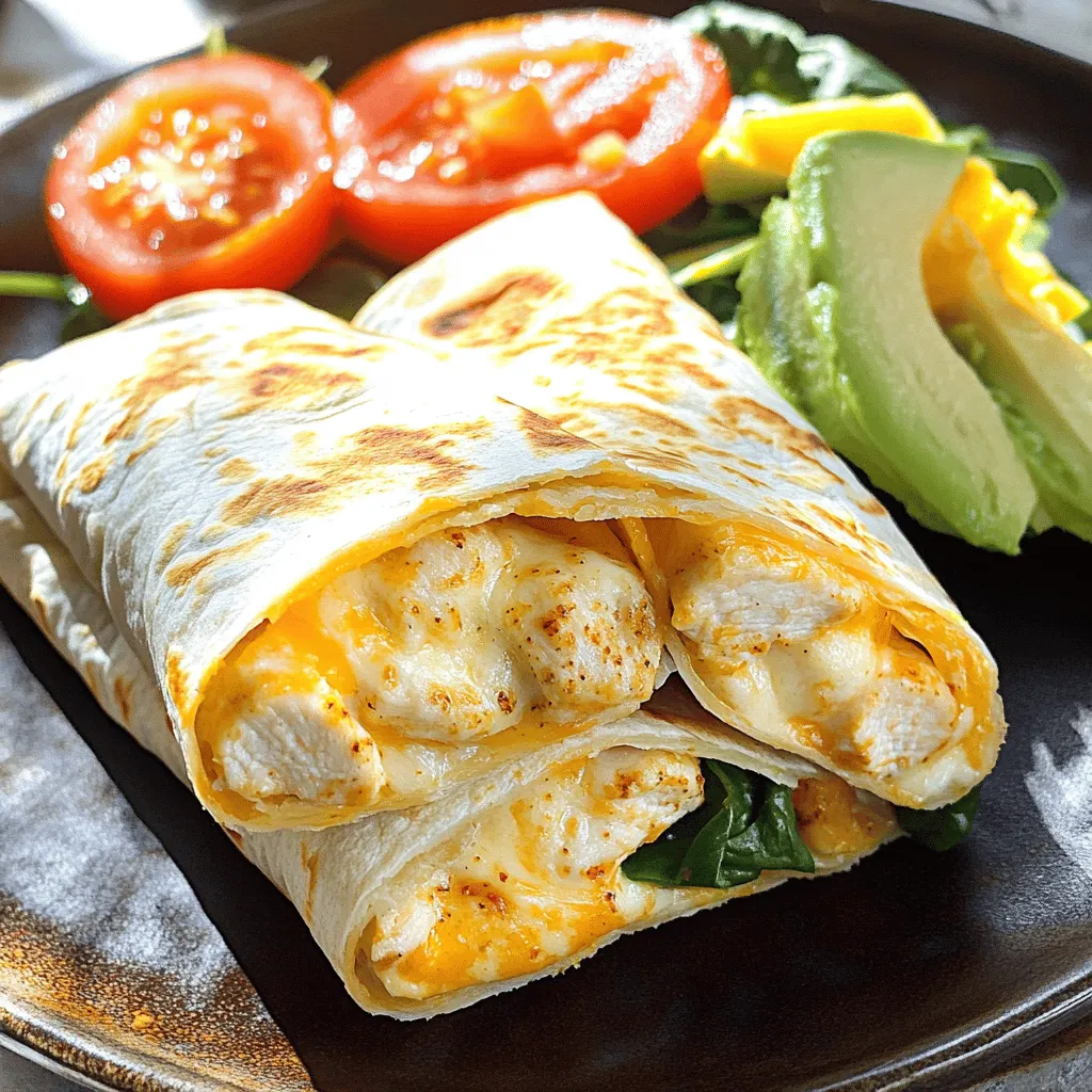 - 2 boneless, skinless chicken breasts - 1 cup shredded mozzarella cheese - 1/2 cup cream cheese - 4 large tortillas (flour or whole wheat) - 1 teaspoon garlic powder - 1 teaspoon onion powder - 1 teaspoon smoked paprika - Salt and pepper to taste - Fresh spinach leaves - Sliced tomatoes - Sliced avocado To make Quick Cheesy Garlic Chicken Wraps, you need fresh and tasty ingredients. Start with chicken breasts. They provide a nice base for our wraps. Use mozzarella and cream cheese to bring the cheesy flavor. The tortillas hold everything together, making it easy to eat. Next, seasonings add the right kick. Garlic powder, onion powder, and smoked paprika are key. They give the chicken a warm taste. Don’t forget salt and pepper; they enhance all the flavors. You can also add fresh toppings. Spinach leaves add crunch. Sliced tomatoes and avocado bring freshness to each bite. These choices make your wraps even better. For the full recipe, follow the steps outlined to create a delicious meal. Enjoy the process and make it your own! First, mix the diced chicken with the garlic powder, onion powder, smoked paprika, salt, and pepper. Make sure every piece is coated well. Next, heat olive oil in a skillet over medium heat. Add in the seasoned chicken. Cook it for about 5 to 7 minutes. Stir the chicken often until it is golden brown and fully cooked. Once the chicken is cooked, lower the heat. Add the cream cheese to the skillet. Stir until it melts and mixes well with the chicken. Now, sprinkle the shredded mozzarella cheese on top. Cover the skillet with a lid. Let it cook for another 2 to 3 minutes until the cheese melts completely. Lay out the tortillas on a clean surface. Place a generous amount of the cheesy chicken mixture in the middle of each tortilla. Next, add a handful of fresh spinach leaves. You can also include optional toppings like sliced tomatoes and avocado. Now, fold in the sides of each tortilla. Roll it up tightly from the bottom. Secure the wraps with a toothpick if you need to. Repeat this process for the remaining tortillas. For a crispy finish, place the wraps seam-side down in the skillet. Cook for 1 to 2 minutes on each side until they are golden brown. Enjoy your Quick Cheesy Garlic Chicken Wraps! For the full recipe, check out the main section. To adjust spice levels, start with less seasoning. You can always add more. If you like heat, try adding a pinch of cayenne or chili powder. For a milder taste, use just salt and pepper. You can also swap in fresh herbs like parsley or basil for a fresh kick. For even cooking of chicken, cut it into small, uniform pieces. This helps the chicken cook through without burning. Always cook on medium heat, stirring often. To melt cheese without burning, lower the heat once you add mozzarella. Cover the pan to trap steam, which helps the cheese melt evenly. Pair your wraps with a side salad for a fresh crunch. You can also serve them with sweet potato fries for a tasty contrast. Dips like ranch or salsa are perfect companions. They add extra flavor and moisture to each bite. For a fun twist, try guacamole or a zesty yogurt sauce. You can find the full recipe to make these wraps in my previous section. {{image_2}} To make these wraps healthier, consider using whole wheat tortillas. Whole wheat adds fiber and nutrients. You can also add extra veggies to the filling. Chopped bell peppers, onions, or zucchini enhance flavor and nutrition. You can switch out mozzarella for cheddar or a cheese blend. Cheddar adds a sharper taste. If you prefer a dairy-free option, try dairy-free cheese. It melts well and tastes great. Adding fresh herbs like basil or cilantro can elevate the taste. These herbs bring freshness and vibrancy. You can also experiment with different spices. Try adding cumin or chili powder for a kick. These small changes can create new, exciting flavors in your wraps. To keep your wraps fresh, cool them down first. Let them sit for about 10 minutes. Then, wrap each one in plastic wrap. You can also use aluminum foil. Place the wraps in an airtight container. This keeps air out and moisture in. Store them in the fridge for up to three days. When you want to eat the wraps again, use a skillet for the best taste. Heat the skillet over medium heat. Place the wrap in the skillet for about 2-3 minutes per side. This will help keep the cheese melty and the wrap crispy. If you're in a hurry, the microwave works too. Heat on high for 30 seconds, then check. Add more time if needed, but be careful not to overcook. If you want to save wraps for later, freeze them. Wrap each one tightly in plastic wrap. Then, place them in a freezer bag. Be sure to remove excess air. These can last for up to three months. When you’re ready to eat, let the wrap thaw in the fridge overnight. Reheat it in the skillet as mentioned above for the best texture. Yes, you can make these wraps ahead of time. Here’s how: - Cook the Chicken: Prepare the chicken mixture as directed in the recipe. - Cool Down: Let the mixture cool before wrapping. This helps prevent soggy wraps. - Wrap and Store: Place the filling in tortillas and wrap tightly. Use plastic wrap to keep them fresh. - Refrigerate: Store in the fridge for up to two days. If you want a vegetarian option, try these: - Tofu: Use firm tofu, diced and seasoned like chicken. - Beans: Black beans or chickpeas add protein and flavor. - Mushrooms: Sauté mushrooms for a meaty texture and rich taste. These options work well with the cheese and spices in the wrap. Keeping wraps crispy is easy with a few tips: - Use Fresh Tortillas: Fresh tortillas are less likely to soak up moisture. - Drain Excess Liquid: Make sure your chicken and veggies are not too wet before wrapping. - Wrap Tightly: Secure the wraps tightly to minimize air exposure. - Serve Immediately: If possible, serve right after making them for the best texture. These steps ensure your tasty wraps stay crispy and delicious! Cheesy garlic chicken wraps are simple and tasty. You start with seasoned chicken and creamy cheese. Then, you wrap everything in tortillas with fresh veggies. Tweaking flavors can make each bite unique. You can choose healthier options or different cheeses. Proper storage can keep your wraps fresh for later. Enjoy making these wraps your way. These meals can fit your taste and lifestyle easily. Cooking can be fun and rewarding with the right recipes!