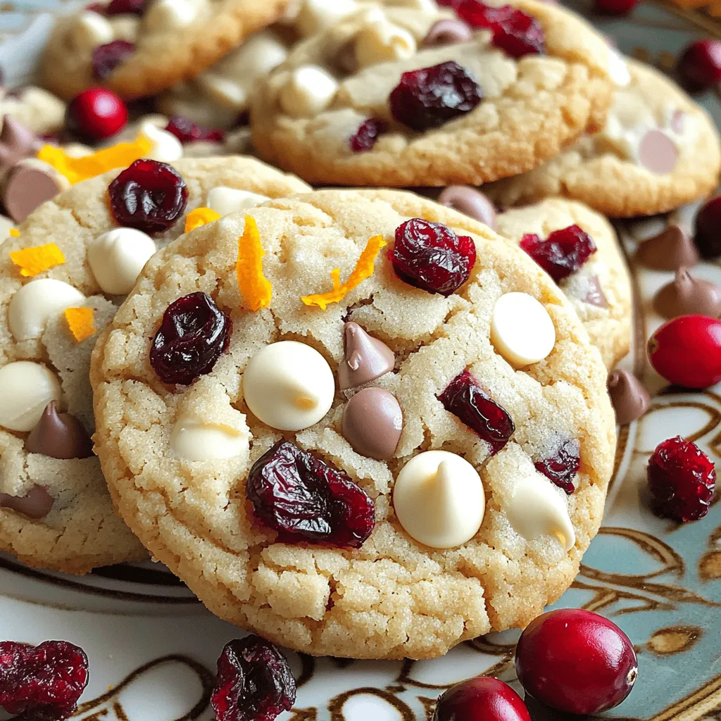 To make these delightful white chocolate cranberry cookies, gather these essential ingredients: - 1 cup unsalted butter, softened - ¾ cup brown sugar, packed - ½ cup granulated sugar - 2 large eggs - 1 teaspoon vanilla extract - 2 cups all-purpose flour - 1 teaspoon baking soda - ½ teaspoon salt - 1 cup white chocolate chips - 1 cup dried cranberries - ½ cup chopped walnuts or pecans (optional) - Zest of 1 orange You can change up your cookies with these fun options: - Use different nuts, like almonds or pistachios. - Swap white chocolate for milk or dark chocolate. - Add a pinch of cinnamon or nutmeg for extra flavor. Each cookie has about 120 calories. They offer: - 2 grams of protein - 6 grams of fat - 15 grams of carbs These cookies not only taste great but also provide some energy! For the full recipe, check out the details above. 1. First, preheat your oven to 350°F (175°C). This step is key for even baking. 2. Line a baking sheet with parchment paper. This keeps cookies from sticking. 3. In a large mixing bowl, cream together 1 cup of softened butter, ¾ cup of brown sugar, and ½ cup of granulated sugar. Mix until the mixture is light and fluffy. This step adds air into the dough, making your cookies soft. 1. Next, add 2 large eggs to the creamed mixture. Mix well after each egg. 2. Then, stir in 1 teaspoon of vanilla extract. This will add a warm flavor to your cookies. 3. In another bowl, whisk together 2 cups of all-purpose flour, 1 teaspoon of baking soda, and ½ teaspoon of salt. 4. Gradually add this dry mix to the wet mix. Stir until just combined. You want to avoid over-mixing for soft cookies. 1. Using a cookie scoop or tablespoon, drop dough balls onto the prepared baking sheet. Space them about 2 inches apart. 2. Bake in the preheated oven for 10-12 minutes. The edges should be lightly golden, while the centers remain soft. 3. Check for doneness by gently pressing the center. If it feels set, they're ready. 4. Allow cookies to cool on the baking sheet for about 5 minutes. Then move them to a wire rack to cool completely. For the full recipe, refer to the earlier section. Enjoy these delightful cookies fresh from the oven! To get the best texture for your white chocolate cranberry cookies, follow these tips: - Use softened butter. This helps create a fluffy dough. - Don’t overmix the dough after adding the flour. Mix until just combined. - Chill the dough for about 30 minutes before baking. This helps prevent spreading. To stop cookies from spreading too much, try these methods: - Make sure your baking sheet is cool before putting more dough on it. - Use parchment paper to create a non-stick surface. - If the dough feels too soft, add a bit more flour to help hold its shape. Storing your cookies properly keeps them fresh longer. Here’s how: - Store cookies in an airtight container at room temperature. This keeps them soft. - For extra freshness, place a slice of bread in the container. It adds moisture. - Keep cookies away from heat and sunlight to avoid drying out. To keep cookies soft, try these ideas: - Wrap cookies in plastic wrap if you plan to eat them later. - Do not stack warm cookies. Let them cool first to avoid becoming soggy. Pair your white chocolate cranberry cookies with drinks for a tasty treat. Here are some ideas: - Enjoy them with a glass of cold milk. It balances the sweetness. - A cup of hot cocoa or tea makes a cozy pairing. For a creative presentation, consider these options: - Stack cookies on a decorative plate and sprinkle extra cranberries on top. - Place cookies in a festive tin, perfect for gifting or sharing at parties. These tips will help you create delightful white chocolate cranberry cookies that everyone will love. For the full recipe, check the earlier section in this article! {{image_2}} You can change the taste of your white chocolate cranberry cookies in fun ways. For a warm twist, add spices like cinnamon or nutmeg. These spices give the cookies a cozy aroma, perfect for the holidays. You can also mix in different dried fruits. Try raisins or apricots for a fruity surprise. Each fruit adds a new layer of flavor and color. If you want gluten-free cookies, use alternative flours like almond or coconut flour. These flours create a soft texture without gluten. For those who prefer vegan recipes, you can substitute butter with coconut oil and use flax eggs instead of regular eggs. This way, everyone can enjoy these tasty treats. While white chocolate is a classic choice, you can use milk or dark chocolate instead. Each type gives a different taste and sweetness level. For a fun mix, try blending white and dark chocolate. This combination creates a rich and unique flavor. It also adds visual appeal to your cookies. For the full recipe, check out the detailed steps to create these delightful treats! To keep your White Chocolate Cranberry Cookies fresh, store them at room temperature. Place them in an airtight container for best results. If you want to keep them longer, the fridge is a good option but may change the texture slightly. Cookie jars look nice, but they are not great for keeping cookies fresh. Airtight containers work better to prevent air and moisture from getting in. You can freeze unbaked cookie dough. This lets you bake cookies fresh later. Shape the dough into balls and place them on a baking sheet. Freeze the balls until firm, then transfer them to a freezer bag. When you want to bake, just add a few extra minutes to the bake time. Baked cookies can also be frozen. Place cooled cookies in a single layer on a baking sheet to freeze. Once they are firm, transfer to a freezer bag. You can thaw them in the fridge or at room temperature. White Chocolate Cranberry Cookies last up to a week at room temperature. If stored in the fridge, they can last about two weeks. Look for signs of spoilage, like a change in smell or texture. If they feel hard or dry, they may not taste good anymore. Enjoy your cookies while they are fresh for the best flavor! White chocolate cranberry cookies stand out due to their unique blend of flavors and textures. The creamy sweetness of white chocolate contrasts beautifully with the tartness of dried cranberries. Each bite offers a delightful mix of chewy cookie dough and soft chocolate chunks. This combination makes them a festive treat, perfect for any occasion. You can use fresh cranberries, but there are pros and cons. Fresh cranberries are more tart and juicy. They can add a fresh burst of flavor. However, they also have more moisture. This may lead to cookies that spread too much or become soggy. If you want to use them, chop them and reduce other liquids in the recipe. To keep your cookies soft and chewy, follow these key tips: - Use room temperature butter for mixing. - Do not overmix the dough; mix until just combined. - Bake until the edges are golden but the centers are soft. - Let cookies cool on the baking sheet for a few minutes before moving them. Using these methods helps maintain the perfect texture in every cookie. You can find the full recipe [here](#). You learned how to make delicious white chocolate cranberry cookies. I covered the essential ingredients, step-by-step instructions, and useful tips. You can experiment with variations to suit your taste and dietary needs. Proper storage helps keep them fresh and tasty. Now you’re ready to bake and enjoy these treats with friends and family. I hope you find joy in creating and sharing them!