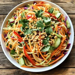 - 200g rice noodles - 1 cup shredded carrots - 1 cup red bell pepper, thinly sliced - 1 cup cucumber, julienned - 1/2 cup red cabbage, shredded - 1/4 cup fresh cilantro, chopped - 1/4 cup green onions, sliced - 1/4 cup roasted peanuts, crushed - 3 tablespoons lime juice - 2 tablespoons sesame oil - 1 tablespoon fish sauce (or soy sauce for a vegetarian option) - 1 tablespoon honey or maple syrup - 1-2 teaspoons chili garlic sauce - Salt to taste Using fresh vegetables is key to great taste. I always choose bright, crisp produce. Fresh carrots and cucumbers add crunch. Look for vibrant bell peppers and cabbage for color. For noodles, pick high-quality rice noodles. They should cook up soft and chewy. I like using brands that have no preservatives. This makes sure your salad tastes fresh and clean. For the dressing, fresh lime juice brightens flavors. Sesame oil adds depth. Adjust the chili sauce to suit your spice level. Use good quality fish sauce or soy sauce for a rich umami flavor. This recipe is all about balance and freshness, so treat each ingredient with care. If you want the full recipe, check out the [Full Recipe]. Start by boiling a large pot of water. Add the rice noodles and cook them for 4-6 minutes. Check the package for exact times. When they are done, drain the noodles. Rinse them under cold water. This stops the cooking process and cools them down. While the noodles cook, chop your vegetables. Use a sharp knife for thin slices. Cut the carrots, bell pepper, cucumber, and red cabbage. Keep the cuts uniform for a nice look. For a pretty salad, arrange them in colorful layers. In a small bowl, combine the lime juice, sesame oil, fish sauce, honey, and chili garlic sauce. Whisk the ingredients until they blend well. If you like it spicier, add more chili sauce. Taste it and adjust the salt as needed. In a large bowl, mix the cooled noodles with the prepared vegetables. Pour the dressing over this mix. Toss everything gently to coat. Make sure the dressing reaches all parts of the salad. Sprinkle the crushed peanuts on top for a crunchy finish. You can also add other toppings like sesame seeds or extra herbs. Let the salad rest for about 10 minutes before serving. This helps the flavors meld together. You can find the full recipe in the article to guide you through these steps. To make your dressing just right, start with lime juice. Adjust it based on your taste. If you like it sweeter, add more honey or maple syrup. For a saltier flavor, add a bit more fish sauce or soy sauce. Spice is key in this salad. If you want more heat, add extra chili garlic sauce. You can start with one teaspoon and taste. Add more until it suits your spice level. Everyone's taste is different, so feel free to play around! This salad shines with fresh flavors. For a great meal, serve it with grilled chicken or shrimp. A cool drink pairs well too. Try icy lemonade or coconut water for a refreshing touch. Serve the salad cold or at room temperature. This gives the flavors time to meld. If you make it ahead of time, keep it in the fridge until serving. Plating makes a big difference. Use a large bowl or a stylish platter. Spread the salad evenly for a nice look. Garnish with crushed peanuts on top for crunch. Fresh cilantro adds a pop of color. You can also add lime wedges on the side. It looks pretty and gives a fresh squeeze when served. For the full recipe, check out the details above. {{image_2}} You can swap out vegetables to create new flavors in your Spicy Thai Noodle Salad. Try using snap peas for a sweet crunch. You could also add bean sprouts for a fresh bite. If you want heat, consider sliced jalapeños. For a vegan option, use mushrooms instead of chicken. To make it gluten-free, choose rice noodles made from 100% rice. You can also substitute soy sauce with tamari. This way, everyone can enjoy the salad. Adding protein can make your salad more filling. You can use grilled chicken for a hearty option. Shrimp is another great choice and adds a nice touch. If you prefer plant-based protein, tofu works well too. Just cube it and sauté for extra flavor. If you want a nutty taste, consider adding more nuts or seeds. Toasted sesame seeds pair nicely. Crushed cashews also give a tasty crunch. You can change the dressing to suit your taste. Try a peanut dressing by blending peanut butter with lime juice and a bit of water. This gives a creamy texture and rich flavor. If you want a creamy option, use Greek yogurt mixed with lime juice. It adds a nice tang and creaminess. You can also mix in a bit of sriracha for an extra kick. For the full recipe, see the earlier section. To keep your Spicy Thai Noodle Salad fresh, use airtight containers. This helps keep out air and moisture. Store the salad in the refrigerator right after serving. If you have extra dressing, store it separately. This prevents the noodles from becoming soggy. When stored properly, the salad lasts about 3 days in the fridge. After that, the freshness fades. Signs of spoilage include a sour smell or a change in color. If you notice these signs, it’s best to toss it out. For leftovers, you don’t need to reheat the salad. Serve it cold or at room temperature. If it feels dry, add a bit of the dressing to refresh it. This keeps the flavor and texture just right. Enjoy your meal! Making Spicy Thai Noodle Salad is quick and easy. You need about 15 minutes to prep and 30 minutes total. This includes cooking the noodles and mixing the salad. If you want a vegetarian option, use soy sauce instead of fish sauce. You can also try coconut aminos for a lighter taste. Both work well and keep the flavor balanced. Yes, you can prepare the salad a few hours before serving. Just store the dressing separately. Mix it in right before you serve to keep everything fresh and crunchy. The spice level depends on how much chili garlic sauce you use. Start with one teaspoon for a mild kick. You can add more if you want it spicier. Remember, you can always add heat but can’t take it away! Yes, this salad is healthy! It has fresh veggies like carrots, bell peppers, and cucumbers. The rice noodles provide energy, and the peanuts add protein. It’s a tasty way to get your nutrients in a colorful dish. For the full recipe, check out the earlier section. This blog post explored the vibrant world of Spicy Thai Noodle Salad. You learned the main ingredients, cooking and prep steps, and tips for the best flavor. We discussed ideas for variations and how to store leftovers. Spicy Thai Noodle Salad is fun to make and enjoy. With fresh ingredients and custom flavors, it suits everyone. Use these tips to create your perfect salad and impress your guests. Happy cooking!