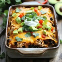 - 2 cups cooked chicken, shredded - 1 can (15 oz) black beans, drained and rinsed - 1 can (10 oz) enchilada sauce (red or green) - 1 cup corn (fresh or frozen) - 1 cup shredded cheddar cheese - 1 cup diced bell peppers (any color) - 1 small red onion, chopped - 8 small corn tortillas - 1 teaspoon cumin - 1 teaspoon garlic powder - Salt and pepper to taste - Fresh cilantro for garnish In this recipe, we start with simple, fresh ingredients. The chicken gives the dish protein. The black beans add fiber and flavor. The corn brings sweetness, while the bell peppers add crunch. The red onion adds a bit of bite. Enchilada sauce ties everything together with delicious spice. - Additional toppings: sour cream, avocado, jalapeños - Alternative cheese options: Monterey Jack, pepper jack You can make this dish your own. Add toppings like sour cream or avocado for creaminess. Jalapeños can spice things up. If you want a different flavor, use Monterey Jack or pepper jack cheese. These changes keep the meal fun and unique! For the full recipe, check out the instructions later. Enjoy gathering these tasty ingredients for your Easy Chicken Enchilada Casserole! - Preheat the oven to 350°F (175°C). - In a large mixing bowl, combine the chicken, black beans, corn, bell peppers, red onion, enchilada sauce, cumin, garlic powder, salt, and pepper. First, I recommend using shredded chicken. It blends well and adds great flavor. You can use store-bought or cook chicken yourself. If you cook it, ensure it cools before shredding. Next, mix all the ingredients well. This step is key for even flavor throughout the dish. - Spread a small amount of the chicken mixture on the bottom of the baking dish. - Layer corn tortillas and chicken mixture according to the recipe. I like to use a 9x13 inch baking dish for this recipe. Start by adding a thin layer of the chicken mixture at the bottom. This helps the tortillas stick and keeps them from getting too dry. Then, lay down four corn tortillas. Tear them if needed to cover the bottom. Don’t worry about making it perfect; it will taste great! Next, add half of the chicken mix and sprinkle half of the cheese on top. Repeat with another layer of tortillas, chicken mix, and cheese. - Cover the dish with aluminum foil and bake for 25 minutes. - Remove the foil and continue to bake until bubbly and golden. Once layered, cover the dish with aluminum foil. This helps the casserole cook evenly. Bake it for 25 minutes. After that, remove the foil and bake it for another 10-15 minutes. You want the cheese to melt and turn golden. It will bubble nicely, showing that it's ready. Let it sit for 5 minutes before slicing. This helps it hold its shape. You can find the full recipe details above. To shred chicken easily, use two forks. Hold one fork in each hand. Pull the chicken apart in opposite directions. This method is fast and keeps the chicken moist. Let your casserole sit for five minutes before cutting. This step allows the layers to set. It helps keep the casserole from falling apart when you serve it. If you want to boost the spice level, add chopped jalapeños or a pinch of cayenne. You can also mix in chili powder for a warm kick. Taste as you go to find the right heat for your family. For garnishing, fresh herbs make a big impact. Chopped cilantro or green onions add color and flavor. They brighten up the dish and make it look fresh and inviting. Serve your casserole hot. For extra flair, add sour cream and avocado slices on the side. This not only looks good but also adds creamy flavors. When plating for special occasions, use a clean white plate. It makes the colors pop. Cut the casserole into neat squares for a polished look. A sprinkle of fresh cilantro on top is the finishing touch. {{image_2}} You can easily change this dish to fit your needs. For a vegetarian option, replace chicken with beans and add more veggies like zucchini or spinach. This keeps the dish hearty and tasty. If you need gluten-free tortillas, look for corn or rice-based options. They work great and hold the flavors well. You have choices when it comes to enchilada sauce. Red sauce is rich and smooth, while green sauce has a fresh, zesty flavor. Try both to see which you prefer. For a twist, add unique ingredients like black olives or different cheeses. Pepper jack gives a nice kick, while feta adds a tangy taste. Pair this casserole with simple sides for a full meal. A fresh salad or rice complements the dish well. If you have leftovers, transform them into new meals. You can make quesadillas or wraps using the casserole, adding a fun twist to your next meal. For the Full Recipe, you can refer back to the main article. To keep your Easy Chicken Enchilada Casserole fresh, store it in the fridge. Use an airtight container. This keeps the flavors in and moisture out. Make sure the casserole cools first before sealing it. You can also freeze it. Slice the casserole into portions. Wrap each piece tightly in plastic wrap, then foil. This prevents freezer burn. You have two good options for reheating. The oven works best for even heat. Preheat it to 350°F (175°C). Place the casserole in a baking dish, cover it with foil, and heat for about 20 minutes. If you’re short on time, the microwave is quick. Heat it in short bursts, stirring in between. This helps keep the moisture. This casserole can last in the fridge for about 3 to 4 days. If you freeze it, it can last up to 3 months. Look for signs of spoilage. If you see mold or smell anything off, throw it away. Always trust your senses. They are your best guide for safe eating. Can I make Easy Chicken Enchilada Casserole ahead of time? Yes, you can prepare the casserole a day before. Just store it in the fridge. When ready, bake it straight from the fridge. This saves time on busy nights. How to make this casserole spicier? Add chopped jalapeños or a dash of hot sauce. You can also use spicy enchilada sauce. Adjust the heat to fit your taste. What can I substitute for chicken? For a meatless option, use black beans or lentils. You can also try shredded beef or turkey. Experiment to find your favorite mix. Can I use flour tortillas instead of corn? Yes, flour tortillas work well. They might change the texture a bit but will still taste great. Just layer them like you would corn tortillas. Can this casserole be frozen? Absolutely! Freeze it before baking for the best results. Just wrap it tightly. When ready, thaw overnight and bake as usual. What to do if the casserole turns out dry? If your casserole is dry, next time add more sauce or cheese. You can also cover it while baking to trap moisture. This makes a big difference. How to fix burnt or overcooked cheese on top? If the cheese burns, cover the dish with foil to prevent further browning. You can add fresh cheese on top during the last few minutes of baking. How to adjust the recipe for larger families? To make a bigger batch, simply double the ingredients. Use a larger baking dish to fit everything. This will ensure everyone gets enough. Best methods to scale the recipe down for fewer servings? For fewer servings, halve the ingredients. This works well for smaller families or couples. You can always save leftovers for lunch! This blog post has covered how to make a tasty Easy Chicken Enchilada Casserole. We talked about required and optional ingredients, as well as step-by-step baking instructions. You learned tips for enhancing flavor and presentation. We also looked at variations to fit different diets and how to store leftovers. In the end, this dish is perfect for any meal. It’s easy, flavorful, and fun to share. Now, it's time to gather your ingredients and enjoy making this delicious casserole!