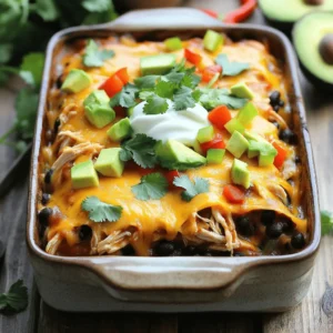 - 2 cups cooked chicken, shredded - 1 can (15 oz) black beans, drained and rinsed - 1 can (10 oz) enchilada sauce (red or green) - 1 cup corn (fresh or frozen) - 1 cup shredded cheddar cheese - 1 cup diced bell peppers (any color) - 1 small red onion, chopped - 8 small corn tortillas - 1 teaspoon cumin - 1 teaspoon garlic powder - Salt and pepper to taste - Fresh cilantro for garnish In this recipe, we start with simple, fresh ingredients. The chicken gives the dish protein. The black beans add fiber and flavor. The corn brings sweetness, while the bell peppers add crunch. The red onion adds a bit of bite. Enchilada sauce ties everything together with delicious spice. - Additional toppings: sour cream, avocado, jalapeños - Alternative cheese options: Monterey Jack, pepper jack You can make this dish your own. Add toppings like sour cream or avocado for creaminess. Jalapeños can spice things up. If you want a different flavor, use Monterey Jack or pepper jack cheese. These changes keep the meal fun and unique! For the full recipe, check out the instructions later. Enjoy gathering these tasty ingredients for your Easy Chicken Enchilada Casserole! - Preheat the oven to 350°F (175°C). - In a large mixing bowl, combine the chicken, black beans, corn, bell peppers, red onion, enchilada sauce, cumin, garlic powder, salt, and pepper. First, I recommend using shredded chicken. It blends well and adds great flavor. You can use store-bought or cook chicken yourself. If you cook it, ensure it cools before shredding. Next, mix all the ingredients well. This step is key for even flavor throughout the dish. - Spread a small amount of the chicken mixture on the bottom of the baking dish. - Layer corn tortillas and chicken mixture according to the recipe. I like to use a 9x13 inch baking dish for this recipe. Start by adding a thin layer of the chicken mixture at the bottom. This helps the tortillas stick and keeps them from getting too dry. Then, lay down four corn tortillas. Tear them if needed to cover the bottom. Don’t worry about making it perfect; it will taste great! Next, add half of the chicken mix and sprinkle half of the cheese on top. Repeat with another layer of tortillas, chicken mix, and cheese. - Cover the dish with aluminum foil and bake for 25 minutes. - Remove the foil and continue to bake until bubbly and golden. Once layered, cover the dish with aluminum foil. This helps the casserole cook evenly. Bake it for 25 minutes. After that, remove the foil and bake it for another 10-15 minutes. You want the cheese to melt and turn golden. It will bubble nicely, showing that it's ready. Let it sit for 5 minutes before slicing. This helps it hold its shape. You can find the full recipe details above. To shred chicken easily, use two forks. Hold one fork in each hand. Pull the chicken apart in opposite directions. This method is fast and keeps the chicken moist. Let your casserole sit for five minutes before cutting. This step allows the layers to set. It helps keep the casserole from falling apart when you serve it. If you want to boost the spice level, add chopped jalapeños or a pinch of cayenne. You can also mix in chili powder for a warm kick. Taste as you go to find the right heat for your family. For garnishing, fresh herbs make a big impact. Chopped cilantro or green onions add color and flavor. They brighten up the dish and make it look fresh and inviting. Serve your casserole hot. For extra flair, add sour cream and avocado slices on the side. This not only looks good but also adds creamy flavors. When plating for special occasions, use a clean white plate. It makes the colors pop. Cut the casserole into neat squares for a polished look. A sprinkle of fresh cilantro on top is the finishing touch. {{image_2}} You can easily change this dish to fit your needs. For a vegetarian option, replace chicken with beans and add more veggies like zucchini or spinach. This keeps the dish hearty and tasty. If you need gluten-free tortillas, look for corn or rice-based options. They work great and hold the flavors well. You have choices when it comes to enchilada sauce. Red sauce is rich and smooth, while green sauce has a fresh, zesty flavor. Try both to see which you prefer. For a twist, add unique ingredients like black olives or different cheeses. Pepper jack gives a nice kick, while feta adds a tangy taste. Pair this casserole with simple sides for a full meal. A fresh salad or rice complements the dish well. If you have leftovers, transform them into new meals. You can make quesadillas or wraps using the casserole, adding a fun twist to your next meal. For the Full Recipe, you can refer back to the main article. To keep your Easy Chicken Enchilada Casserole fresh, store it in the fridge. Use an airtight container. This keeps the flavors in and moisture out. Make sure the casserole cools first before sealing it. You can also freeze it. Slice the casserole into portions. Wrap each piece tightly in plastic wrap, then foil. This prevents freezer burn. You have two good options for reheating. The oven works best for even heat. Preheat it to 350°F (175°C). Place the casserole in a baking dish, cover it with foil, and heat for about 20 minutes. If you’re short on time, the microwave is quick. Heat it in short bursts, stirring in between. This helps keep the moisture. This casserole can last in the fridge for about 3 to 4 days. If you freeze it, it can last up to 3 months. Look for signs of spoilage. If you see mold or smell anything off, throw it away. Always trust your senses. They are your best guide for safe eating. Can I make Easy Chicken Enchilada Casserole ahead of time? Yes, you can prepare the casserole a day before. Just store it in the fridge. When ready, bake it straight from the fridge. This saves time on busy nights. How to make this casserole spicier? Add chopped jalapeños or a dash of hot sauce. You can also use spicy enchilada sauce. Adjust the heat to fit your taste. What can I substitute for chicken? For a meatless option, use black beans or lentils. You can also try shredded beef or turkey. Experiment to find your favorite mix. Can I use flour tortillas instead of corn? Yes, flour tortillas work well. They might change the texture a bit but will still taste great. Just layer them like you would corn tortillas. Can this casserole be frozen? Absolutely! Freeze it before baking for the best results. Just wrap it tightly. When ready, thaw overnight and bake as usual. What to do if the casserole turns out dry? If your casserole is dry, next time add more sauce or cheese. You can also cover it while baking to trap moisture. This makes a big difference. How to fix burnt or overcooked cheese on top? If the cheese burns, cover the dish with foil to prevent further browning. You can add fresh cheese on top during the last few minutes of baking. How to adjust the recipe for larger families? To make a bigger batch, simply double the ingredients. Use a larger baking dish to fit everything. This will ensure everyone gets enough. Best methods to scale the recipe down for fewer servings? For fewer servings, halve the ingredients. This works well for smaller families or couples. You can always save leftovers for lunch! This blog post has covered how to make a tasty Easy Chicken Enchilada Casserole. We talked about required and optional ingredients, as well as step-by-step baking instructions. You learned tips for enhancing flavor and presentation. We also looked at variations to fit different diets and how to store leftovers. In the end, this dish is perfect for any meal. It’s easy, flavorful, and fun to share. Now, it's time to gather your ingredients and enjoy making this delicious casserole!