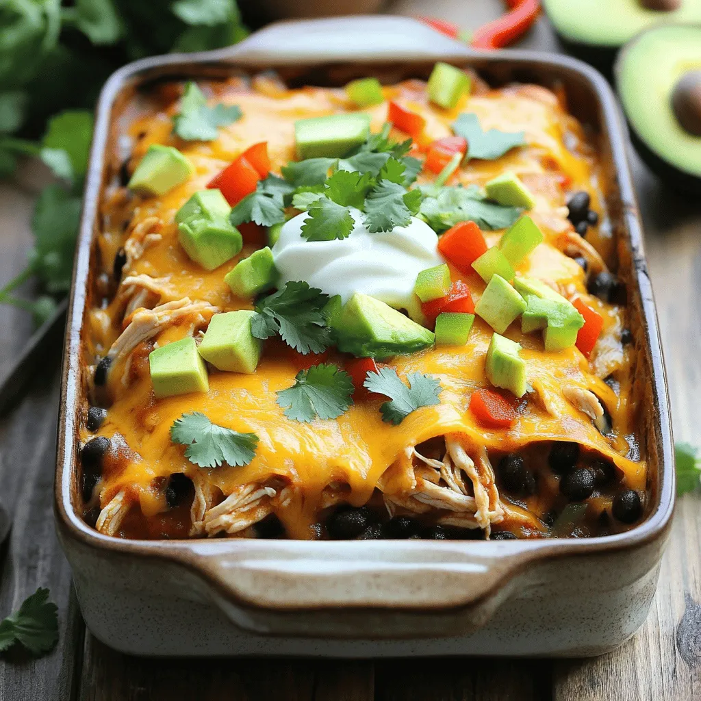 - 2 cups cooked chicken, shredded - 1 can (15 oz) black beans, drained and rinsed - 1 can (10 oz) enchilada sauce (red or green) - 1 cup corn (fresh or frozen) - 1 cup shredded cheddar cheese - 1 cup diced bell peppers (any color) - 1 small red onion, chopped - 8 small corn tortillas - 1 teaspoon cumin - 1 teaspoon garlic powder - Salt and pepper to taste - Fresh cilantro for garnish In this recipe, we start with simple, fresh ingredients. The chicken gives the dish protein. The black beans add fiber and flavor. The corn brings sweetness, while the bell peppers add crunch. The red onion adds a bit of bite. Enchilada sauce ties everything together with delicious spice. - Additional toppings: sour cream, avocado, jalapeños - Alternative cheese options: Monterey Jack, pepper jack You can make this dish your own. Add toppings like sour cream or avocado for creaminess. Jalapeños can spice things up. If you want a different flavor, use Monterey Jack or pepper jack cheese. These changes keep the meal fun and unique! For the full recipe, check out the instructions later. Enjoy gathering these tasty ingredients for your Easy Chicken Enchilada Casserole! - Preheat the oven to 350°F (175°C). - In a large mixing bowl, combine the chicken, black beans, corn, bell peppers, red onion, enchilada sauce, cumin, garlic powder, salt, and pepper. First, I recommend using shredded chicken. It blends well and adds great flavor. You can use store-bought or cook chicken yourself. If you cook it, ensure it cools before shredding. Next, mix all the ingredients well. This step is key for even flavor throughout the dish. - Spread a small amount of the chicken mixture on the bottom of the baking dish. - Layer corn tortillas and chicken mixture according to the recipe. I like to use a 9x13 inch baking dish for this recipe. Start by adding a thin layer of the chicken mixture at the bottom. This helps the tortillas stick and keeps them from getting too dry. Then, lay down four corn tortillas. Tear them if needed to cover the bottom. Don’t worry about making it perfect; it will taste great! Next, add half of the chicken mix and sprinkle half of the cheese on top. Repeat with another layer of tortillas, chicken mix, and cheese. - Cover the dish with aluminum foil and bake for 25 minutes. - Remove the foil and continue to bake until bubbly and golden. Once layered, cover the dish with aluminum foil. This helps the casserole cook evenly. Bake it for 25 minutes. After that, remove the foil and bake it for another 10-15 minutes. You want the cheese to melt and turn golden. It will bubble nicely, showing that it's ready. Let it sit for 5 minutes before slicing. This helps it hold its shape. You can find the full recipe details above. To shred chicken easily, use two forks. Hold one fork in each hand. Pull the chicken apart in opposite directions. This method is fast and keeps the chicken moist. Let your casserole sit for five minutes before cutting. This step allows the layers to set. It helps keep the casserole from falling apart when you serve it. If you want to boost the spice level, add chopped jalapeños or a pinch of cayenne. You can also mix in chili powder for a warm kick. Taste as you go to find the right heat for your family. For garnishing, fresh herbs make a big impact. Chopped cilantro or green onions add color and flavor. They brighten up the dish and make it look fresh and inviting. Serve your casserole hot. For extra flair, add sour cream and avocado slices on the side. This not only looks good but also adds creamy flavors. When plating for special occasions, use a clean white plate. It makes the colors pop. Cut the casserole into neat squares for a polished look. A sprinkle of fresh cilantro on top is the finishing touch. {{image_2}} You can easily change this dish to fit your needs. For a vegetarian option, replace chicken with beans and add more veggies like zucchini or spinach. This keeps the dish hearty and tasty. If you need gluten-free tortillas, look for corn or rice-based options. They work great and hold the flavors well. You have choices when it comes to enchilada sauce. Red sauce is rich and smooth, while green sauce has a fresh, zesty flavor. Try both to see which you prefer. For a twist, add unique ingredients like black olives or different cheeses. Pepper jack gives a nice kick, while feta adds a tangy taste. Pair this casserole with simple sides for a full meal. A fresh salad or rice complements the dish well. If you have leftovers, transform them into new meals. You can make quesadillas or wraps using the casserole, adding a fun twist to your next meal. For the Full Recipe, you can refer back to the main article. To keep your Easy Chicken Enchilada Casserole fresh, store it in the fridge. Use an airtight container. This keeps the flavors in and moisture out. Make sure the casserole cools first before sealing it. You can also freeze it. Slice the casserole into portions. Wrap each piece tightly in plastic wrap, then foil. This prevents freezer burn. You have two good options for reheating. The oven works best for even heat. Preheat it to 350°F (175°C). Place the casserole in a baking dish, cover it with foil, and heat for about 20 minutes. If you’re short on time, the microwave is quick. Heat it in short bursts, stirring in between. This helps keep the moisture. This casserole can last in the fridge for about 3 to 4 days. If you freeze it, it can last up to 3 months. Look for signs of spoilage. If you see mold or smell anything off, throw it away. Always trust your senses. They are your best guide for safe eating. Can I make Easy Chicken Enchilada Casserole ahead of time? Yes, you can prepare the casserole a day before. Just store it in the fridge. When ready, bake it straight from the fridge. This saves time on busy nights. How to make this casserole spicier? Add chopped jalapeños or a dash of hot sauce. You can also use spicy enchilada sauce. Adjust the heat to fit your taste. What can I substitute for chicken? For a meatless option, use black beans or lentils. You can also try shredded beef or turkey. Experiment to find your favorite mix. Can I use flour tortillas instead of corn? Yes, flour tortillas work well. They might change the texture a bit but will still taste great. Just layer them like you would corn tortillas. Can this casserole be frozen? Absolutely! Freeze it before baking for the best results. Just wrap it tightly. When ready, thaw overnight and bake as usual. What to do if the casserole turns out dry? If your casserole is dry, next time add more sauce or cheese. You can also cover it while baking to trap moisture. This makes a big difference. How to fix burnt or overcooked cheese on top? If the cheese burns, cover the dish with foil to prevent further browning. You can add fresh cheese on top during the last few minutes of baking. How to adjust the recipe for larger families? To make a bigger batch, simply double the ingredients. Use a larger baking dish to fit everything. This will ensure everyone gets enough. Best methods to scale the recipe down for fewer servings? For fewer servings, halve the ingredients. This works well for smaller families or couples. You can always save leftovers for lunch! This blog post has covered how to make a tasty Easy Chicken Enchilada Casserole. We talked about required and optional ingredients, as well as step-by-step baking instructions. You learned tips for enhancing flavor and presentation. We also looked at variations to fit different diets and how to store leftovers. In the end, this dish is perfect for any meal. It’s easy, flavorful, and fun to share. Now, it's time to gather your ingredients and enjoy making this delicious casserole!