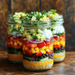 For the base of your salad jars, you'll need these tasty ingredients: - 1 cup quinoa, rinsed - 2 cups vegetable broth - 1 can (15 oz) black beans, rinsed and drained - 1 cup corn kernels (fresh, frozen, or canned) - 1 red bell pepper, diced - 1/2 cup red onion, finely chopped - 1 avocado, diced - 1/4 cup fresh cilantro, chopped These ingredients come together to create a delicious, colorful mix. Quinoa adds protein and fiber. Black beans boost nutrition, while corn and bell pepper add sweetness and crunch. The red onion gives a bit of zing, and avocado adds creaminess. Cilantro brings a fresh note to the dish. Next, let's talk about the dressing. You’ll need: - 1 teaspoon cumin - 1 teaspoon chili powder - 1/2 teaspoon garlic powder - Salt and pepper to taste - 1/4 cup lime juice - 1/4 cup olive oil This dressing packs a punch! Cumin and chili powder bring warm flavors. The garlic powder adds depth. Lime juice gives a bright, zesty flavor. Olive oil ties everything together, making it smooth and rich. Want to make your salad even better? Try these add-ins: - Diced jalapeños for heat - Chopped green onions for more crunch - Sliced olives for a briny taste - Feta cheese for a creamy touch These add-ins let you customize your jars. You can make them spicier, crunchier, or creamier based on your taste. Feel free to mix and match! For the full recipe, check out the details above. To start, measure 1 cup of quinoa and rinse it well under cold water. Rinsing removes the bitter taste. In a medium saucepan, combine the rinsed quinoa and 2 cups of vegetable broth. Bring this mix to a boil over medium heat. Once it boils, reduce the heat to low. Cover the saucepan and let it simmer for about 15 minutes. When done, the quinoa should look fluffy and tender. Remove it from heat and let it cool while you prepare the rest. For the dressing, grab a small bowl. Add 1/4 cup of lime juice and 1/4 cup of olive oil. Then, mix in 1 teaspoon of cumin, 1 teaspoon of chili powder, and 1/2 teaspoon of garlic powder. Next, season with salt and pepper to taste. Whisk the ingredients together until they blend well. This dressing adds a zesty kick to the salad jars. Now, let’s put the jars together. Start by adding a layer of cooked quinoa at the bottom of each jar. Then, layer in 1 can of black beans, rinsed and drained. Next, add 1 cup of corn kernels, followed by diced red bell pepper and finely chopped red onion. Top it off with diced avocado. Pour a small amount of the dressing over each layer as you go. Use about half of the dressing across all jars. Finally, sprinkle 1/4 cup of chopped cilantro on top and drizzle the remaining dressing over everything. Seal the jars tightly and refrigerate for at least 30 minutes. This helps the flavors mix and develop. Enjoy your fresh and flavorful Southwest Quinoa Salad Jars! To make great quinoa, start by rinsing it well. Rinsing removes bitter saponins. Use two cups of vegetable broth for extra flavor. Bring it to a boil, then lower the heat. Cover and cook for about 15 minutes. When done, let it cool. Fluff it with a fork. This makes it light and airy. Store your jars in the fridge. This keeps the salad fresh. Make sure the lids are tight. You can keep them for up to five days. If you notice any moisture, use a paper towel to soak it up. This helps maintain crunchiness in the veggies and prevents sogginess. Serve these jars cold for a refreshing meal. You can enjoy them for lunch or dinner. Pair with tortilla chips for added crunch. You can also add grilled chicken for protein. For a zesty kick, add hot sauce or a squeeze of lime. For the full experience, check out the Full Recipe. {{image_2}} You can easily add protein to your Southwest Quinoa Salad Jars. This makes the meal more filling. Here are some great options: - Grilled chicken - Shrimp - Tofu - Tempeh - Diced ham These proteins pair well with the salad's flavors. They add texture and nutrition. Choose what you like best, and feel free to mix them up! This salad is great for vegans and those on gluten-free diets. The base of quinoa is gluten-free. For a vegan twist, skip any animal protein. You can add more beans or nuts. This keeps the meal hearty and satisfying. Use gluten-free dressing if you have sensitivities. This way, everyone can enjoy it! You can swap ingredients based on the season. This keeps your salad fresh and exciting. In spring, try adding peas or asparagus. In summer, add fresh tomatoes or cucumbers. In fall, consider roasted sweet potatoes or butternut squash. In winter, use hearty greens like kale. These swaps keep your salad vibrant and tasty. For the full recipe, check out the Southwest Quinoa Salad Jars! To keep your Southwest Quinoa Salad Jars fresh, use clean, dry jars. Layer your ingredients wisely. Start with quinoa at the bottom to soak up moisture. Add beans, corn, and veggies on top. This keeps everything crisp. Seal the jars tightly after filling. Store them in the fridge until you are ready to eat. You can store these jars for up to five days. The flavors blend nicely over time. However, the avocado may brown after a day or two. To avoid this, add the avocado just before serving. It will stay fresh and bright. These salad jars are best served cold. Just grab a jar from the fridge and shake it up. If you prefer warm quinoa, heat the quinoa separately. Then, mix it with the other ingredients. This keeps everything tasty. You can also add more lime juice or hot sauce for extra zing. Enjoy your fresh and flavorful meal! To make these jars, start by cooking the quinoa. Rinse 1 cup of quinoa. Combine it with 2 cups of vegetable broth in a pot. Bring it to a boil, then lower the heat. Cover and let it simmer for about 15 minutes. When done, fluff it with a fork and let it cool. Next, prepare the dressing. Whisk together lime juice, olive oil, cumin, chili powder, garlic powder, salt, and pepper in a bowl. Now, layer the ingredients in clean jars. Start with quinoa, then add black beans, corn, diced red bell pepper, red onion, and avocado. Drizzle some dressing on each layer. Finish with chopped cilantro and any leftover dressing. Seal the jars and refrigerate for at least 30 minutes. This lets the flavors mix well. For the full recipe, check the details above. Yes, you can make these jars ahead of time. They are great for meal prep. Just remember to seal them tightly. Store them in the fridge. They can last for about 4 to 5 days. This helps you have a quick meal ready. Just grab a jar, and you can enjoy a healthy lunch or snack. If you want a different grain, try brown rice or farro. Both are good options. They will add a nice texture. You can also use couscous or bulgur. Just remember, the cooking times may vary. Check the package for instructions. This way, you can still enjoy a tasty salad jar without quinoa. Absolutely! These jars are packed with nutrients. Quinoa is a complete protein, meaning it has all essential amino acids. Black beans add fiber and protein. Fresh veggies like bell peppers and avocado provide vitamins. The olive oil offers healthy fats. The lime juice adds flavor without extra calories. Overall, this salad is a balanced meal that is both filling and nutritious. Southwest quinoa salad jars are a tasty and healthy choice. We covered key ingredients, easy steps, and storage tips. These jars offer versatile options for everyone. You can add proteins, adjust for diets, and use seasonal items. Remember to store your jars properly and enjoy them fresh. Bringing flavor and nutrition together is simple. Keep experimenting with different flavors to make this salad yours. Eating well can be fun and easy!