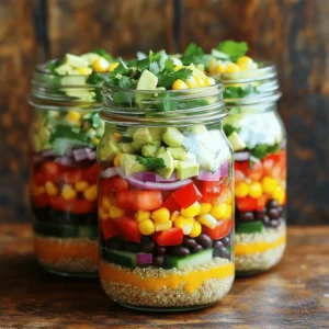 For the base of your salad jars, you'll need these tasty ingredients: - 1 cup quinoa, rinsed - 2 cups vegetable broth - 1 can (15 oz) black beans, rinsed and drained - 1 cup corn kernels (fresh, frozen, or canned) - 1 red bell pepper, diced - 1/2 cup red onion, finely chopped - 1 avocado, diced - 1/4 cup fresh cilantro, chopped These ingredients come together to create a delicious, colorful mix. Quinoa adds protein and fiber. Black beans boost nutrition, while corn and bell pepper add sweetness and crunch. The red onion gives a bit of zing, and avocado adds creaminess. Cilantro brings a fresh note to the dish. Next, let's talk about the dressing. You’ll need: - 1 teaspoon cumin - 1 teaspoon chili powder - 1/2 teaspoon garlic powder - Salt and pepper to taste - 1/4 cup lime juice - 1/4 cup olive oil This dressing packs a punch! Cumin and chili powder bring warm flavors. The garlic powder adds depth. Lime juice gives a bright, zesty flavor. Olive oil ties everything together, making it smooth and rich. Want to make your salad even better? Try these add-ins: - Diced jalapeños for heat - Chopped green onions for more crunch - Sliced olives for a briny taste - Feta cheese for a creamy touch These add-ins let you customize your jars. You can make them spicier, crunchier, or creamier based on your taste. Feel free to mix and match! For the full recipe, check out the details above. To start, measure 1 cup of quinoa and rinse it well under cold water. Rinsing removes the bitter taste. In a medium saucepan, combine the rinsed quinoa and 2 cups of vegetable broth. Bring this mix to a boil over medium heat. Once it boils, reduce the heat to low. Cover the saucepan and let it simmer for about 15 minutes. When done, the quinoa should look fluffy and tender. Remove it from heat and let it cool while you prepare the rest. For the dressing, grab a small bowl. Add 1/4 cup of lime juice and 1/4 cup of olive oil. Then, mix in 1 teaspoon of cumin, 1 teaspoon of chili powder, and 1/2 teaspoon of garlic powder. Next, season with salt and pepper to taste. Whisk the ingredients together until they blend well. This dressing adds a zesty kick to the salad jars. Now, let’s put the jars together. Start by adding a layer of cooked quinoa at the bottom of each jar. Then, layer in 1 can of black beans, rinsed and drained. Next, add 1 cup of corn kernels, followed by diced red bell pepper and finely chopped red onion. Top it off with diced avocado. Pour a small amount of the dressing over each layer as you go. Use about half of the dressing across all jars. Finally, sprinkle 1/4 cup of chopped cilantro on top and drizzle the remaining dressing over everything. Seal the jars tightly and refrigerate for at least 30 minutes. This helps the flavors mix and develop. Enjoy your fresh and flavorful Southwest Quinoa Salad Jars! To make great quinoa, start by rinsing it well. Rinsing removes bitter saponins. Use two cups of vegetable broth for extra flavor. Bring it to a boil, then lower the heat. Cover and cook for about 15 minutes. When done, let it cool. Fluff it with a fork. This makes it light and airy. Store your jars in the fridge. This keeps the salad fresh. Make sure the lids are tight. You can keep them for up to five days. If you notice any moisture, use a paper towel to soak it up. This helps maintain crunchiness in the veggies and prevents sogginess. Serve these jars cold for a refreshing meal. You can enjoy them for lunch or dinner. Pair with tortilla chips for added crunch. You can also add grilled chicken for protein. For a zesty kick, add hot sauce or a squeeze of lime. For the full experience, check out the Full Recipe. {{image_2}} You can easily add protein to your Southwest Quinoa Salad Jars. This makes the meal more filling. Here are some great options: - Grilled chicken - Shrimp - Tofu - Tempeh - Diced ham These proteins pair well with the salad's flavors. They add texture and nutrition. Choose what you like best, and feel free to mix them up! This salad is great for vegans and those on gluten-free diets. The base of quinoa is gluten-free. For a vegan twist, skip any animal protein. You can add more beans or nuts. This keeps the meal hearty and satisfying. Use gluten-free dressing if you have sensitivities. This way, everyone can enjoy it! You can swap ingredients based on the season. This keeps your salad fresh and exciting. In spring, try adding peas or asparagus. In summer, add fresh tomatoes or cucumbers. In fall, consider roasted sweet potatoes or butternut squash. In winter, use hearty greens like kale. These swaps keep your salad vibrant and tasty. For the full recipe, check out the Southwest Quinoa Salad Jars! To keep your Southwest Quinoa Salad Jars fresh, use clean, dry jars. Layer your ingredients wisely. Start with quinoa at the bottom to soak up moisture. Add beans, corn, and veggies on top. This keeps everything crisp. Seal the jars tightly after filling. Store them in the fridge until you are ready to eat. You can store these jars for up to five days. The flavors blend nicely over time. However, the avocado may brown after a day or two. To avoid this, add the avocado just before serving. It will stay fresh and bright. These salad jars are best served cold. Just grab a jar from the fridge and shake it up. If you prefer warm quinoa, heat the quinoa separately. Then, mix it with the other ingredients. This keeps everything tasty. You can also add more lime juice or hot sauce for extra zing. Enjoy your fresh and flavorful meal! To make these jars, start by cooking the quinoa. Rinse 1 cup of quinoa. Combine it with 2 cups of vegetable broth in a pot. Bring it to a boil, then lower the heat. Cover and let it simmer for about 15 minutes. When done, fluff it with a fork and let it cool. Next, prepare the dressing. Whisk together lime juice, olive oil, cumin, chili powder, garlic powder, salt, and pepper in a bowl. Now, layer the ingredients in clean jars. Start with quinoa, then add black beans, corn, diced red bell pepper, red onion, and avocado. Drizzle some dressing on each layer. Finish with chopped cilantro and any leftover dressing. Seal the jars and refrigerate for at least 30 minutes. This lets the flavors mix well. For the full recipe, check the details above. Yes, you can make these jars ahead of time. They are great for meal prep. Just remember to seal them tightly. Store them in the fridge. They can last for about 4 to 5 days. This helps you have a quick meal ready. Just grab a jar, and you can enjoy a healthy lunch or snack. If you want a different grain, try brown rice or farro. Both are good options. They will add a nice texture. You can also use couscous or bulgur. Just remember, the cooking times may vary. Check the package for instructions. This way, you can still enjoy a tasty salad jar without quinoa. Absolutely! These jars are packed with nutrients. Quinoa is a complete protein, meaning it has all essential amino acids. Black beans add fiber and protein. Fresh veggies like bell peppers and avocado provide vitamins. The olive oil offers healthy fats. The lime juice adds flavor without extra calories. Overall, this salad is a balanced meal that is both filling and nutritious. Southwest quinoa salad jars are a tasty and healthy choice. We covered key ingredients, easy steps, and storage tips. These jars offer versatile options for everyone. You can add proteins, adjust for diets, and use seasonal items. Remember to store your jars properly and enjoy them fresh. Bringing flavor and nutrition together is simple. Keep experimenting with different flavors to make this salad yours. Eating well can be fun and easy!