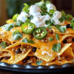 - 1 pound ground turkey or beef - 1 packet taco seasoning - 1 can (15 oz) black beans, drained and rinsed - 1 can (10 oz) diced tomatoes with green chilies - 1 cup corn kernels (fresh or frozen) - 1 bag (12 oz) tortilla chips - 2 cups cheddar cheese, shredded - 1 cup sour cream - 1/2 cup green onions, sliced - 1/2 cup jalapeños, sliced (optional) - Fresh cilantro for garnish To make a loaded nacho casserole, gather these ingredients. The ground turkey or beef gives the dish its hearty base. The taco seasoning adds that signature flavor. Black beans add protein and texture. Diced tomatoes with green chilies bring spice and moisture. Corn kernels add sweetness, balancing the flavors. Tortilla chips serve as the crunchy layer, while cheddar cheese provides a gooey topping. Sour cream adds creaminess when you serve it. Green onions and jalapeños give color and extra zing. Fresh cilantro brightens the dish with its fresh taste. Each ingredient plays an important role in creating a dish that is both comforting and exciting. You can find the full recipe in the next section. - Preheat the oven: Set your oven to 350°F (175°C). This step is key. A hot oven helps the cheese melt perfectly. - Cook the ground meat: In a large skillet, cook 1 pound of ground turkey or beef over medium heat. Stir it for about 5 to 7 minutes until it turns brown. If there’s fat, drain it off. - Mix in the taco seasoning: Next, add 1 packet of taco seasoning. Pour in 1/4 cup of water. Stir well and let it simmer for 2 to 3 minutes. This helps the flavors blend nicely. - First layer of tortilla chips: Use a 9x13 inch casserole dish. Start by placing half of a bag (12 oz) of tortilla chips at the bottom. This gives a crunchy base. - Adding the meat mixture: Spoon half of your cooked meat mixture over the chips. This adds a hearty flavor. - Topping with cheese: Sprinkle half of 2 cups of shredded cheddar cheese on top. The cheese makes everything melty and delicious. - Cover and bake: Cover the dish with aluminum foil. Bake it in the preheated oven for 20 minutes. This helps heat everything through. - Removing the foil: After 20 minutes, carefully take off the foil. Bake for another 10 minutes. You want the cheese to be melted and bubbly. - Cooling before serving: After baking, let the casserole cool for a few minutes. This helps it set and makes serving easier. You can add dollops of sour cream, sliced green onions, jalapeños, and fresh cilantro on top for extra flavor. Enjoy your Loaded Nacho Casserole! For the full recipe, check the other sections. Choosing the right meat I often use ground turkey for a lighter dish. It has great flavor and is healthier. Ground beef works well too if you prefer a richer taste. Just make sure to drain any extra fat after cooking. This keeps the casserole from being too greasy. Perfect layering technique Layering is key to a great nacho casserole. Start with a base of tortilla chips. This gives a nice crunch. Then, add half of your meat mixture and half of the cheese. Repeat this process. Finish with cheese on top. This helps it melt beautifully and get bubbly. Pairing with sides This casserole is filling on its own. However, a fresh salad or guacamole can add a nice touch. You can also serve it with rice for a heartier meal. Fresh sides balance the rich flavors of the casserole. Garnishing options Garnishes make your dish pop. Use sliced green onions for a fresh taste. Jalapeños add heat if you like spice. Don't forget cilantro for a burst of color and flavor. A dollop of sour cream adds creaminess and coolness. Preparing in advance You can make this casserole ahead of time. Just prepare it up to the baking step and cover it. Store it in the fridge for a day or two. This saves time on busy nights. Reheating tips When it's time to eat, bake it straight from the fridge. You may need to add a few minutes to the cooking time. This ensures it heats evenly and the cheese gets melty again. Enjoy your easy and tasty meal! {{image_2}} You can easily tweak this recipe to fit your needs. For a vegetarian option, swap the ground turkey or beef for lentils or mushrooms. These add great texture and flavor. If you're looking for dairy-free alternatives, use cashew cream or a dairy-free cheese. They melt nicely and keep the dish creamy. Want to kick up the taste? Add extra spices like cumin or paprika. These bring warmth and depth. You can also experiment with toppings. Try diced avocado or fresh salsa for a fresh touch. Fresh lime juice adds a zing too! Serving this dish can be fun. For individual servings, use ramekins to create mini casseroles. This makes it perfect for parties. If you’re heading to a potluck, the full casserole works great. It’s easy to transport and share with friends. Everyone loves a hearty helping of loaded nacho casserole! To store leftovers, place the nacho casserole in a sealed container. This keeps it fresh. You can also cover it tightly with foil or plastic wrap. The casserole lasts for about 3 to 4 days in the fridge. You can freeze this dish both before and after baking. If you freeze it before baking, wrap it tightly. This helps keep the flavor. For best results, bake it right from the freezer. If you freeze it after baking, let it cool first. Then, place it in a freezer-safe container. It can last for about 2 to 3 months in the freezer. For reheating, the oven works best. Preheat the oven to 350°F (175°C). Cover the casserole with foil to keep it moist. Bake for about 20 minutes. If you want to avoid sogginess, do not add extra moisture while reheating. You can also reheat in a microwave, but the oven gives you a better texture. Enjoy your Loaded Nacho Casserole warm and tasty! What can I substitute for ground meat? You can use beans or lentils instead of ground meat. Cooked mushrooms also work well. They add great flavor and texture. These options make the dish vegetarian-friendly. Can I make this dish spicy? Yes! You can add more jalapeños or use spicy taco seasoning. You might also add hot sauce to the meat mixture. Just mix it in to control the heat level. How do I adjust the recipe for fewer servings? To adjust for fewer servings, cut the ingredients in half. Use a smaller baking dish. This will help cook evenly and still taste great! Can I use a slow cooker for this recipe? Absolutely! Cook the meat and mix the filling in the slow cooker. Layer the chips on top, then add cheese. Cook on low for 4-6 hours for a delicious dish. How to avoid soggy chips? To avoid soggy chips, layer them at the bottom last. Use thicker chips for better crunch. Bake just until cheese melts, then serve right away. Is this recipe gluten-free? Yes, if you use gluten-free tortilla chips. Check the taco seasoning label to ensure it’s gluten-free. This makes it safe for those with gluten sensitivities. How to make it low-carb? To make it low-carb, skip the chips. Instead, use cauliflower rice or zucchini slices as a base. You’ll still get great flavors without the carbs. Check out the Full Recipe for more details on how to make this tasty dish! This post walked you through making a delicious casserole with simple steps. We covered the essential ingredients, from ground meat to toppings like cheese and sour cream. You learned tips for prepping ahead and storage options to keep leftovers fresh. Enjoy experimenting with variations and serving styles. This dish is great for gatherings or a cozy night in. Embrace your creativity in the kitchen and make it your own!