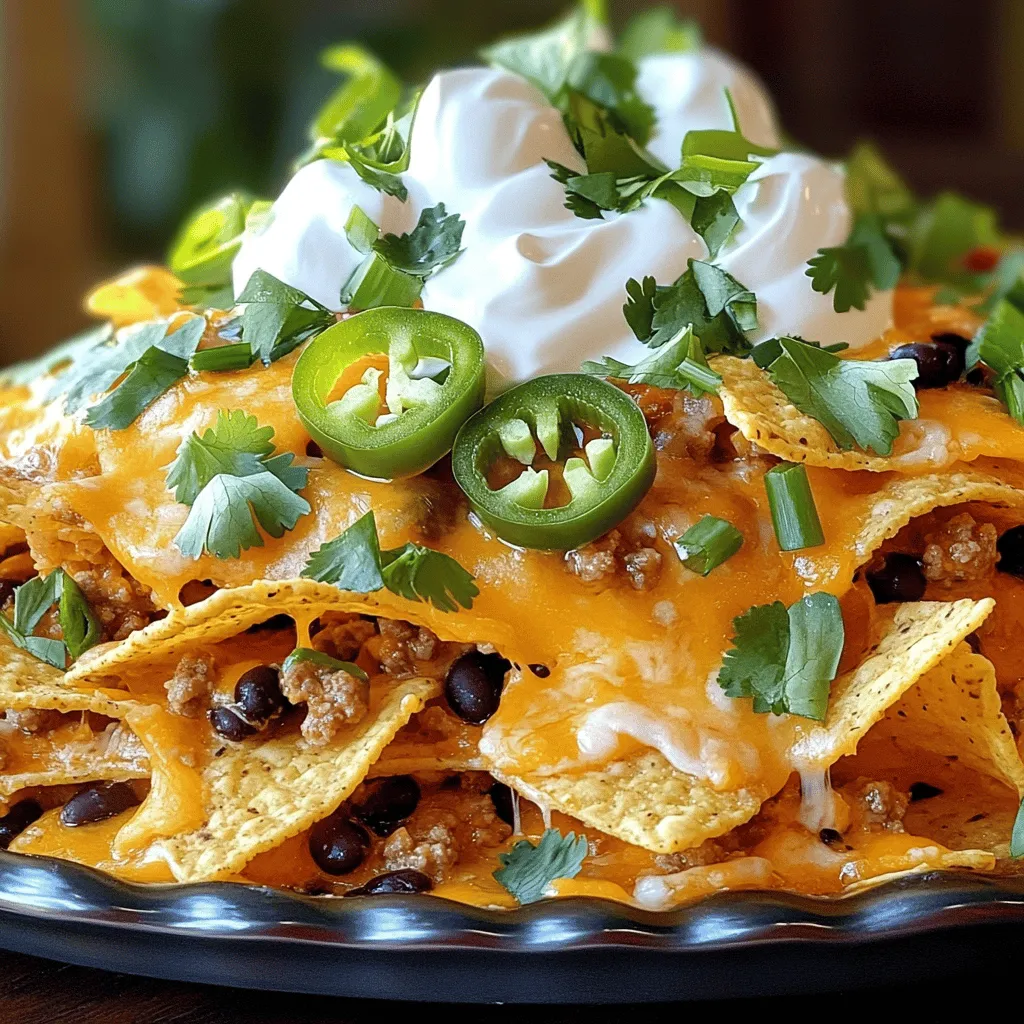 - 1 pound ground turkey or beef - 1 packet taco seasoning - 1 can (15 oz) black beans, drained and rinsed - 1 can (10 oz) diced tomatoes with green chilies - 1 cup corn kernels (fresh or frozen) - 1 bag (12 oz) tortilla chips - 2 cups cheddar cheese, shredded - 1 cup sour cream - ½ cup green onions, sliced - ½ cup jalapeños, sliced (optional) - Fresh cilantro for garnish To make a loaded nacho casserole, gather these ingredients. The ground turkey or beef gives the dish its hearty base. The taco seasoning adds that signature flavor. Black beans add protein and texture. Diced tomatoes with green chilies bring spice and moisture. Corn kernels add sweetness, balancing the flavors. Tortilla chips serve as the crunchy layer, while cheddar cheese provides a gooey topping. Sour cream adds creaminess when you serve it. Green onions and jalapeños give color and extra zing. Fresh cilantro brightens the dish with its fresh taste. Each ingredient plays an important role in creating a dish that is both comforting and exciting. You can find the full recipe in the next section. - Preheat the oven: Set your oven to 350°F (175°C). This step is key. A hot oven helps the cheese melt perfectly. - Cook the ground meat: In a large skillet, cook 1 pound of ground turkey or beef over medium heat. Stir it for about 5 to 7 minutes until it turns brown. If there’s fat, drain it off. - Mix in the taco seasoning: Next, add 1 packet of taco seasoning. Pour in ¼ cup of water. Stir well and let it simmer for 2 to 3 minutes. This helps the flavors blend nicely. - First layer of tortilla chips: Use a 9x13 inch casserole dish. Start by placing half of a bag (12 oz) of tortilla chips at the bottom. This gives a crunchy base. - Adding the meat mixture: Spoon half of your cooked meat mixture over the chips. This adds a hearty flavor. - Topping with cheese: Sprinkle half of 2 cups of shredded cheddar cheese on top. The cheese makes everything melty and delicious. - Cover and bake: Cover the dish with aluminum foil. Bake it in the preheated oven for 20 minutes. This helps heat everything through. - Removing the foil: After 20 minutes, carefully take off the foil. Bake for another 10 minutes. You want the cheese to be melted and bubbly. - Cooling before serving: After baking, let the casserole cool for a few minutes. This helps it set and makes serving easier. You can add dollops of sour cream, sliced green onions, jalapeños, and fresh cilantro on top for extra flavor. Enjoy your Loaded Nacho Casserole! For the full recipe, check the other sections. Choosing the right meat I often use ground turkey for a lighter dish. It has great flavor and is healthier. Ground beef works well too if you prefer a richer taste. Just make sure to drain any extra fat after cooking. This keeps the casserole from being too greasy. Perfect layering technique Layering is key to a great nacho casserole. Start with a base of tortilla chips. This gives a nice crunch. Then, add half of your meat mixture and half of the cheese. Repeat this process. Finish with cheese on top. This helps it melt beautifully and get bubbly. Pairing with sides This casserole is filling on its own. However, a fresh salad or guacamole can add a nice touch. You can also serve it with rice for a heartier meal. Fresh sides balance the rich flavors of the casserole. Garnishing options Garnishes make your dish pop. Use sliced green onions for a fresh taste. Jalapeños add heat if you like spice. Don't forget cilantro for a burst of color and flavor. A dollop of sour cream adds creaminess and coolness. Preparing in advance You can make this casserole ahead of time. Just prepare it up to the baking step and cover it. Store it in the fridge for a day or two. This saves time on busy nights. Reheating tips When it's time to eat, bake it straight from the fridge. You may need to add a few minutes to the cooking time. This ensures it heats evenly and the cheese gets melty again. Enjoy your easy and tasty meal! {{image_2}} You can easily tweak this recipe to fit your needs. For a vegetarian option, swap the ground turkey or beef for lentils or mushrooms. These add great texture and flavor. If you're looking for dairy-free alternatives, use cashew cream or a dairy-free cheese. They melt nicely and keep the dish creamy. Want to kick up the taste? Add extra spices like cumin or paprika. These bring warmth and depth. You can also experiment with toppings. Try diced avocado or fresh salsa for a fresh touch. Fresh lime juice adds a zing too! Serving this dish can be fun. For individual servings, use ramekins to create mini casseroles. This makes it perfect for parties. If you’re heading to a potluck, the full casserole works great. It’s easy to transport and share with friends. Everyone loves a hearty helping of loaded nacho casserole! To store leftovers, place the nacho casserole in a sealed container. This keeps it fresh. You can also cover it tightly with foil or plastic wrap. The casserole lasts for about 3 to 4 days in the fridge. You can freeze this dish both before and after baking. If you freeze it before baking, wrap it tightly. This helps keep the flavor. For best results, bake it right from the freezer. If you freeze it after baking, let it cool first. Then, place it in a freezer-safe container. It can last for about 2 to 3 months in the freezer. For reheating, the oven works best. Preheat the oven to 350°F (175°C). Cover the casserole with foil to keep it moist. Bake for about 20 minutes. If you want to avoid sogginess, do not add extra moisture while reheating. You can also reheat in a microwave, but the oven gives you a better texture. Enjoy your Loaded Nacho Casserole warm and tasty! What can I substitute for ground meat? You can use beans or lentils instead of ground meat. Cooked mushrooms also work well. They add great flavor and texture. These options make the dish vegetarian-friendly. Can I make this dish spicy? Yes! You can add more jalapeños or use spicy taco seasoning. You might also add hot sauce to the meat mixture. Just mix it in to control the heat level. How do I adjust the recipe for fewer servings? To adjust for fewer servings, cut the ingredients in half. Use a smaller baking dish. This will help cook evenly and still taste great! Can I use a slow cooker for this recipe? Absolutely! Cook the meat and mix the filling in the slow cooker. Layer the chips on top, then add cheese. Cook on low for 4-6 hours for a delicious dish. How to avoid soggy chips? To avoid soggy chips, layer them at the bottom last. Use thicker chips for better crunch. Bake just until cheese melts, then serve right away. Is this recipe gluten-free? Yes, if you use gluten-free tortilla chips. Check the taco seasoning label to ensure it’s gluten-free. This makes it safe for those with gluten sensitivities. How to make it low-carb? To make it low-carb, skip the chips. Instead, use cauliflower rice or zucchini slices as a base. You’ll still get great flavors without the carbs. Check out the Full Recipe for more details on how to make this tasty dish! This post walked you through making a delicious casserole with simple steps. We covered the essential ingredients, from ground meat to toppings like cheese and sour cream. You learned tips for prepping ahead and storage options to keep leftovers fresh. Enjoy experimenting with variations and serving styles. This dish is great for gatherings or a cozy night in. Embrace your creativity in the kitchen and make it your own!