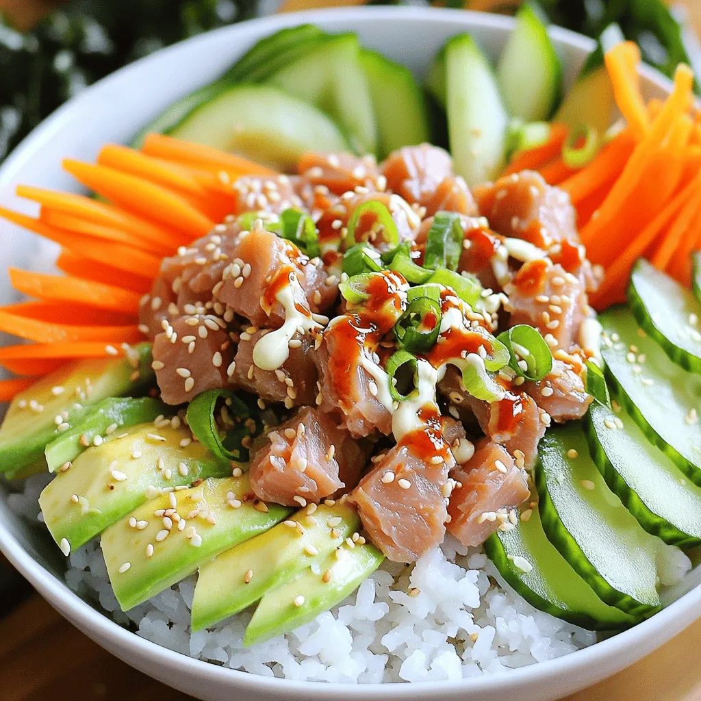 - 1 cup sushi rice - 1 ¼ cup water - 1 tablespoon rice vinegar - 1 tablespoon sugar - ½ teaspoon salt - 8 ounces sushi-grade tuna, diced - 2 tablespoons mayonnaise (preferably Kewpie) - 1 tablespoon Sriracha (or to taste) - 1 avocado, sliced - 1 carrot, julienned - ½ cucumber, thinly sliced - 2 green onions, sliced - Sesame seeds for garnish - Seaweed sheets, cut into strips (for serving) - Soy sauce (for drizzling) Gather these ingredients before you start. The sushi rice gives a nice base. The spicy tuna adds flavor. The toppings bring freshness and crunch. Each part plays an important role. You can mix and match some toppings if you like. Maybe add radish or pickled ginger for a twist. Always choose high-quality ingredients for the best taste. If you want the full recipe, check the [Full Recipe]. - Rinse the rice until water runs clear. - Combine rice and water, bring to a boil, then simmer. First, rinsing the rice is important. It removes excess starch and helps the rice cook evenly. Use cold water and rinse it until the water is clear. Then, add the rinsed rice to a medium pot with water. Bring it to a boil over high heat. Once boiling, lower the heat to low and cover the pot. Let it simmer for about 15 to 20 minutes. The rice will absorb all the water and become tender. - Prepare vinegar mixture and fold into cooked rice. - Allow rice to cool. While the rice cooks, prepare a vinegar mixture. In a small bowl, mix rice vinegar, sugar, and salt. Stir until the sugar and salt dissolve. Once the rice is cooked, transfer it to a large bowl. Gently fold the vinegar mixture into the rice. This adds flavor and makes the rice sticky. Let it cool while you prepare the spicy tuna. - Combine diced tuna, mayonnaise, and Sriracha in a bowl. - Adjust spice level to preference. In a separate bowl, combine diced sushi-grade tuna, mayonnaise, and Sriracha. Mix well until the tuna is fully coated. If you like it spicier, add more Sriracha. Taste it and adjust based on your spice preference. This mix is what makes the dish pop with flavor. - Scoop sushi rice into serving bowls. - Layer with spicy tuna and fresh toppings. Now, it’s time to build your sushi bowls. Scoop a generous portion of sushi rice into each serving bowl. Then, top it with the spicy tuna mixture. Add fresh toppings like sliced avocado, julienned carrot, and cucumber slices. This gives a nice crunch and freshness to the dish. - Garnish with sesame seeds and green onions. - Drizzle with soy sauce and serve with seaweed strips. Finish your bowls with a sprinkle of sesame seeds and sliced green onions. These add flavor and a nice look. Drizzle with soy sauce for extra taste. Serve with strips of seaweed on the side for that perfect sushi experience. If you want the full recipe, be sure to check out the full recipe section! To make great sushi rice, start by rinsing the rice. Rinsing removes excess starch. This helps the rice stay fluffy and not too sticky. Use a proper water-to-rice ratio. For one cup of sushi rice, use 1 ¼ cups of water. This balance ensures the rice cooks well and absorbs the water perfectly. You can adjust the spice level of your dish with Sriracha. Add more if you like it hot. If you prefer a milder taste, use less. I recommend Kewpie mayonnaise for its rich flavor. You can also use regular mayo, but Kewpie adds a nice twist. Mixing these ingredients well creates a creamy, spicy blend. How you arrange your toppings makes a big difference. Start with a base of sushi rice in the bowl. Then, layer the spicy tuna, avocado, carrot, and cucumber. This adds color and texture. For garnish, sprinkle sesame seeds on top. You can also add sliced green onions for extra freshness. Serve with seaweed strips on the side for a nice crunch. {{image_2}} You can change up the protein in your spicy tuna sushi bowls. Salmon is a great choice if you want a rich flavor. It pairs well with the spicy sauce. If you prefer a plant-based option, try tofu. Firm tofu can soak up flavors well. This way, non-seafood lovers can still enjoy a tasty bowl. Adding more veggies can make your bowl even better. You can use bell peppers for crunch or radishes for a spicy kick. Seasonal produce is always a good idea. In the summer, fresh corn or zucchini can bring sweetness. This way, you get a unique taste every time you make it. Don't be afraid to play with flavors. You can try different sauces or marinades. Miso adds a savory depth, while wasabi gives a good kick. A drizzle of sesame oil can also enhance the taste. Experimenting helps you find what you love best. For more ideas, check the Full Recipe for inspiration! To keep your sushi rice and tuna fresh, use airtight containers. This prevents air from getting in and keeps flavors strong. Store sushi rice in one container and the spicy tuna mix in another. Always refrigerate them right away. If you leave them out too long, they can spoil quickly. Reheating sushi rice can be tricky. To keep its texture, sprinkle some water on the rice. Use a microwave-safe bowl, cover it with a damp paper towel, and heat for about 30 seconds. Stir and check if it needs more time. For tuna, it’s best to enjoy it cold, so try not to reheat it. You can freeze sushi rice, but it may change texture. To freeze, pack it tightly into a container and remove as much air as possible. For the spicy tuna, I don’t recommend freezing because it can lose its taste. If you freeze any parts, thaw them slowly in the fridge overnight before using. Always check for freshness before you eat. To pick sushi-grade tuna, look for bright color and a fresh smell. The fish should feel firm and moist. You can ask your fishmonger about its source and handling. Always choose tuna from a trusted seller. This ensures quality and safety for your bowl. You can use regular rice, but sushi rice is best. Sushi rice is sticky and has a unique taste. If using regular rice, opt for short-grain varieties. This will help mimic the texture of sushi rice. Remember, the flavor and texture will change. If you lack Sriracha, try other hot sauces or chili paste. You can also mix mayonnaise with red pepper flakes. Another option is to use gochujang for a different kick. Adjust the amount based on your spice level. To make it gluten-free, swap soy sauce with tamari or coconut aminos. For mayonnaise, use a gluten-free brand. Many options are available at grocery stores today. Always check labels to ensure they are certified gluten-free. Yes, you can prep the ingredients in advance. Store the rice, tuna mix, and veggies separately. This keeps everything fresh and tasty. Assemble the bowls just before serving for the best flavor. It’s a great way to save time on busy days. You now have everything you need to make tasty spicy tuna sushi bowls. We covered the main ingredients, from sushi rice to fresh toppings. You learned step-by-step how to cook, mix, and assemble your bowls. Remember to experiment with flavors and make it your own. Whether you're a sushi lover or just starting out, this recipe is simple and fun. Enjoy your homemade sushi bowls with your favorite ingredients!