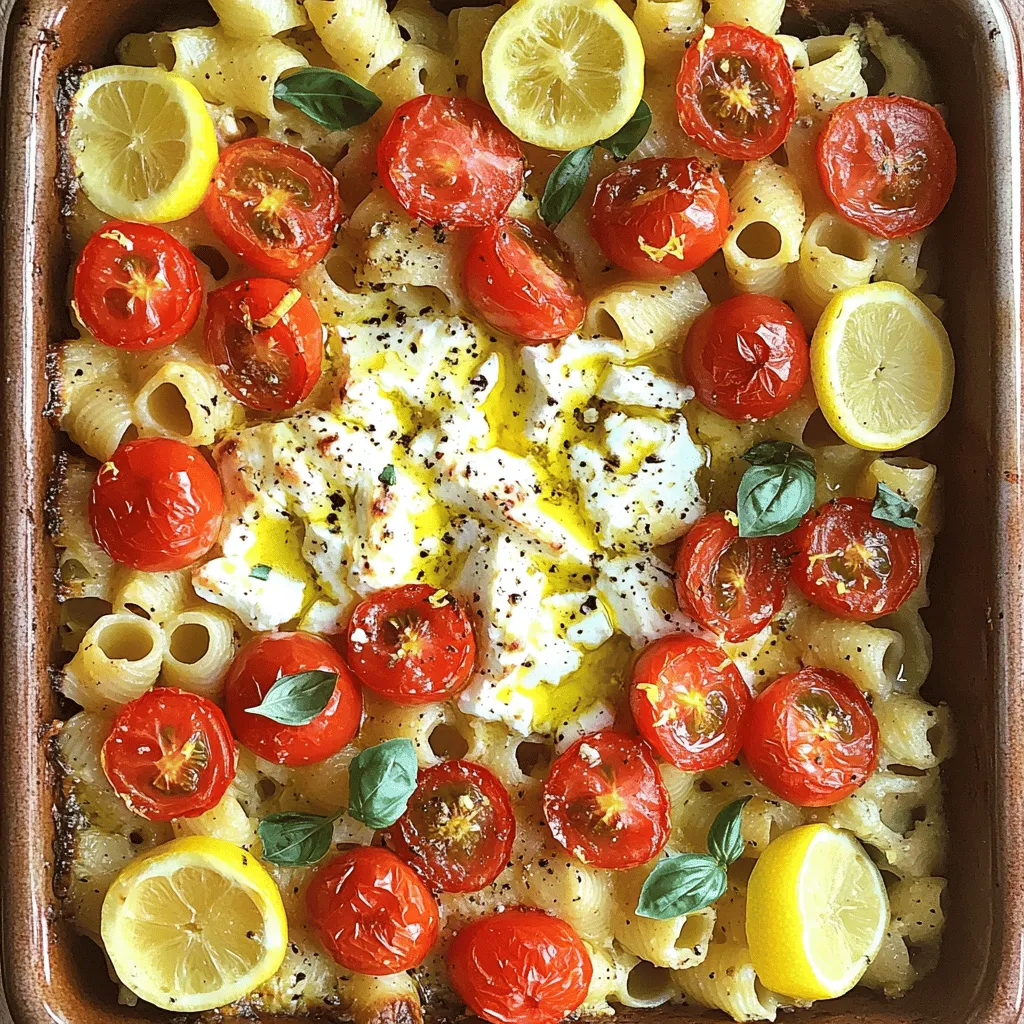 When making Baked Feta Pasta, you need some simple ingredients that pack a punch. Here’s what you’ll need: - 8 ounces of pasta (penne or rigatoni) - 1 block (8 ounces) of feta cheese - 1 pint of cherry tomatoes, halved - ¼ cup of olive oil - 4 cloves of garlic, minced - 1 teaspoon of dried oregano - ½ teaspoon of red pepper flakes (adjust to taste) - Salt and pepper to taste - ¼ cup of fresh basil, chopped (for garnish) - Zest of 1 lemon (for a fresh twist) Gather these ingredients before you start. They are easy to find at your local market. Fresh ingredients make the dish taste better. You can choose any shape of pasta you like, but I prefer penne or rigatoni for this recipe. The feta cheese adds a creamy texture when baked, while the tomatoes burst with flavor. The garlic and herbs give it that extra kick. Don't forget the lemon zest; it brightens the whole dish! For a full experience, you can check the Full Recipe. - Preheat your oven to 400°F (200°C). - Take an 8-ounce block of feta cheese and place it in the center of a baking dish. - Surround the cheese with 1 pint of halved cherry tomatoes. - Add 4 minced garlic cloves on top of the cheese and tomatoes. - Drizzle ¼ cup of olive oil over the feta and tomatoes. - Sprinkle 1 teaspoon of dried oregano, ½ teaspoon of red pepper flakes, salt, and pepper to taste on top. - Bake the dish for 25-30 minutes. The cheese should be soft and the tomatoes bursting. - While the feta and tomatoes bake, cook 8 ounces of pasta according to the package instructions. Drain it when done. - After baking, take the dish out of the oven. Use a fork to mash the feta and tomatoes together. - Mix in the cooked pasta, ensuring it combines well with the creamy mixture. - Stir in the zest of 1 lemon and ¼ cup of chopped fresh basil. - Taste and adjust the seasoning if needed. Serve warm for a delightful meal. For the full recipe, be sure to check the details above! Choosing the right pasta shape Pasta shape matters for this dish. I like penne or rigatoni. Their curves hold sauce well. You can use any pasta you enjoy, but these shapes work best. How to achieve the perfect feta consistency Bake the feta until soft but not runny. You want it creamy, not liquid. When you mix it with tomatoes, it should blend smoothly. Adding more spices or herbs Feel free to add your favorite spices. Try thyme, rosemary, or crushed red pepper. They can boost the taste. Fresh herbs like parsley or dill also add great flavor. Incorporating vegetables for variety You can add more veggies to the mix. Spinach, bell peppers, or zucchini work well. Toss them in with the tomatoes. They will cook down and add color and nutrients. Serving suggestions for visual appeal Serve the dish in a large bowl. This makes it look inviting. Add a sprinkle of cheese on top for flair. A drizzle of olive oil can also enhance the look. Garnishing with fresh herbs Finish with fresh herbs like basil or parsley. They add color and freshness. A little lemon zest on top also brightens the dish. It looks great and tastes even better. For a complete guide to making this delicious dish, check out the Full Recipe. {{image_2}} If you need gluten-free options, use gluten-free pasta. Many brands make great choices, like brown rice pasta or quinoa pasta. These can give you the same tasty dish without gluten. For a vegan twist, swap the feta cheese for a plant-based cheese. Look for brands that melt well. You can also use tofu for a protein boost. Just marinate it in lemon juice and herbs for extra flavor. Want to add protein? Chicken and shrimp work well in this dish. Cook them separately and toss them in with the pasta. This adds a hearty touch. You can also try different cheeses. Goat cheese adds a tangy flavor, while mozzarella gives a creamy texture. Experiment and find your favorite cheese that fits your taste. Seasonal vegetables can make this dish even better. In summer, add zucchini or bell peppers. In fall, use roasted butternut squash or Brussels sprouts. Fresh veggies add color and nutrition. Herbs can change the flavor too. Try fresh thyme or parsley for a new twist. You can also use a mix of herbs, depending on what you have. These small changes can make your baked feta pasta special. For the full recipe, check out [Full Recipe]. To keep your Baked Feta Pasta fresh, start by refrigerating leftovers. Place the pasta in an airtight container. Make sure to cool it to room temperature before sealing. This helps prevent moisture buildup. You can also freeze portions for meal prep. Use freezer-safe bags or containers. Divide the pasta into serving sizes. Just remember to label them with the date. When you’re ready to enjoy leftovers, it's best to reheat gently. Use the stove or the microwave. If using a microwave, cover the dish to keep moisture in. Stir the pasta halfway through to heat evenly. Avoid cooking too long, as it can turn the pasta mushy. A splash of water or olive oil can help revive the dish. Baked Feta Pasta can last in the fridge for about 3 to 5 days. Always check for signs of spoilage. Look for any off smells, changes in color, or mold. If you notice any of these, it’s best to discard the dish. Keeping track of how long it’s been stored helps ensure you enjoy it at its best. What can I substitute for feta cheese? You can use goat cheese or ricotta for a similar taste. Cream cheese also works well. Each option gives a nice twist to your dish. Can I use frozen vegetables in this dish? Yes, frozen vegetables are great! Just add them in with the tomatoes. They will cook well in the oven. Remember to adjust cooking time if needed. How do I make Baked Feta Pasta in a one-pot? To make it in one pot, cook the pasta in a large pot with water. Add the feta, tomatoes, and spices directly into the pot. Stir everything together while it cooks. This saves time and cleanup! Could I use roasted garlic instead of fresh? Absolutely! Roasted garlic adds a sweet, deep flavor. Just use about half the amount since it’s stronger. Mix it in with the feta and tomatoes. What are the calorie counts per serving? Each serving has around 400 calories. This can vary based on the pasta and oil you use. Adjust your ingredients to fit your diet. Is this recipe suitable for a low-carb diet? This recipe is not low-carb due to the pasta. For a low-carb option, use zucchini noodles or spaghetti squash instead. They are healthy and delicious alternatives. This Baked Feta Pasta combines fresh ingredients for a flavorful meal. You need simple steps, from baking the feta and tomatoes to mixing in cooked pasta. With tips for storage and variations, you can easily adapt this dish. I hope you feel inspired to try different flavors. Meal prep or inviting friends over can be fun with it. Enjoy your cooking, and remember to add your own twist!