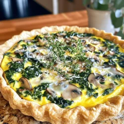 - 1 pre-made pie crust (9-inch) - 2 cups fresh spinach, chopped - 1 cup mushrooms, sliced (cremini or button) - 4 large eggs - 1 cup milk (or dairy-free alternative) - 1 cup shredded swiss cheese - 1/2 cup grated parmesan cheese - 1 small onion, finely diced - 2 cloves garlic, minced - 1 teaspoon dried thyme - Salt and pepper to taste - Olive oil for sautéing These ingredients form the base of a tasty and simple Spinach Mushroom Quiche. You can find many options for pie crust, but I love the convenience of a pre-made one. It saves time and effort. Fresh spinach adds a nice green color and nutrition. Mushrooms bring a savory flavor that pairs well with the eggs. For the cheese, Swiss gives a creamy texture, while parmesan adds a salty bite. Eggs and milk create a rich filling that binds everything together. Onions and garlic add depth to the dish, making it more flavorful. Dried thyme brings a warm aroma that complements the spinach and mushrooms. - Nutmeg - Fresh herbs (e.g., basil, parsley) You can add a pinch of nutmeg for warmth. Fresh herbs like basil or parsley can brighten the dish. Feel free to mix and match flavors. Use this list as your guide for a delicious quiche. For the full recipe, follow the steps outlined in the instructions! 1. Start by preheating your oven to 375°F (190°C). This helps cook your quiche evenly. 2. Next, place your pre-made pie crust in a pie dish. Press it gently to fit. 3. In a skillet, pour a splash of olive oil. Heat it over medium. 4. Add the finely diced onion. Sauté it until it looks clear, about 4 to 5 minutes. 5. Now, add 2 cloves of minced garlic. Stir it for a minute until you smell the garlic. 1. Toss in 1 cup of sliced mushrooms. Cook them until they are soft, around 5 to 7 minutes. 2. Then, add 2 cups of chopped spinach. Cook until it wilts, which takes about 2 minutes. 3. Remove the skillet from heat and let the mixture cool slightly. Season it with 1 teaspoon of dried thyme, salt, and pepper. 4. In a mixing bowl, whisk together 4 large eggs and 1 cup of milk. Mix until smooth. 5. Stir in 1 cup of shredded swiss cheese and 1/2 cup of grated parmesan cheese. 6. Now, fold in your cooled spinach and mushroom mixture. Mix well until everything is even. 1. Pour the filling into your prepared pie crust. Spread it so it sits evenly. 2. Bake your quiche in the oven for 30 to 35 minutes. It should be set and golden on top. 3. To check doneness, insert a knife in the center. It should come out clean. 4. When ready, take the quiche out of the oven. Let it cool for 10 minutes before slicing into it. For the complete recipe, look for the full recipe section. - Avoid overcooking the filling. This keeps your quiche creamy and soft. - Ensure the eggs are well combined. This gives a smooth texture to your filling. Mixing the eggs well helps them blend with the milk and cheese. Use a whisk to break up the yolks and incorporate air. This makes your quiche fluffy. - Best baking dish types: I recommend a 9-inch pie dish or a tart pan. These shapes help with even cooking. - Essential kitchen tools: A good whisk, a sharp knife, and a sturdy cutting board make prep easier. A skillet for sautéing is also key. Using the right tools saves time. They help you focus on creating great flavors. - Garnishing options: Fresh herbs like thyme or parsley add color and taste. A sprinkle of cheese on top can also be nice. - Pairing ideas with salads or sides: Serve this quiche with a light green salad. A simple vinaigrette adds a nice contrast to the richness of the quiche. These suggestions make your meal feel special. They add flavor and freshness to each bite. For the full recipe, check out the details above. {{image_2}} You can switch up the cheese in this quiche. Try feta or goat cheese for a tangy taste. If you want a dairy-free option, use almond or oat milk. You can also replace the eggs with a mix of flaxseed and water for a vegan version. Adding sun-dried tomatoes can give your quiche a burst of flavor. You can also use different vegetables like bell peppers, zucchini, or artichokes. They all add great taste and texture. Mix and match your favorites to find what you love most. If you need a gluten-free crust, look for pre-made options made from almond flour or rice flour. You can also make a crustless quiche. Just pour the filling directly into a greased pie dish. This way, it’s easy and quick, with no crust to worry about. Store leftover quiche in the fridge. Place it in an airtight container. This keeps it fresh for up to three days. If you cover it well, it will maintain its taste and texture. For best results, slice the quiche before storing. This makes it easy to grab a piece later. Use a glass or plastic container with a tight lid. Avoid using foil or plastic wrap alone, as they can trap moisture. You can freeze both baked and unbaked quiche. If freezing baked quiche, let it cool first. Wrap it tightly in plastic wrap, then foil. It can last up to three months in the freezer. For unbaked quiche, prepare it as normal but do not bake. Wrap it well and freeze it. When ready to bake, thaw it in the fridge overnight. Then, bake it as normal. This keeps the filling fresh and delicious. For reheating, a baked quiche can go from freezer to oven. Just add a few extra minutes to the bake time. Enjoy your tasty quiche anytime! For the full recipe, check the recipe section. A Spinach Mushroom Quiche lasts about 3 to 4 days in the fridge. Keep it in an airtight container. This way, it stays fresh and tasty. If you freeze it, the quiche can last up to 2 months. Just make sure to wrap it well. Yes, you can make this quiche ahead of time. Prepare it and bake as directed. Then, cool it completely before storing it in the fridge. You can also freeze it before baking if you want to enjoy it later. Just remember to thaw it overnight before baking. You can serve your Spinach Mushroom Quiche with a simple green salad. A fresh salad with light vinaigrette works well. You can also add fruit, like sliced strawberries or oranges, for a sweet touch. Pairing it with soup is a cozy option too. Yes, you can use frozen spinach instead of fresh. Just make sure to thaw and drain it well. Squeeze out any extra water before adding it to your mix. This keeps your quiche from being too watery. Absolutely! You can make a crustless version of the quiche. Just skip the pie crust and pour the filling directly into a greased pie dish. The filling will set on its own. It’s a great low-carb option! For the full recipe, check out the Spinach & Mushroom Delight Quiche. In this blog post, we covered the tasty spinach mushroom quiche. We listed the key ingredients and offered cooking steps to guide you. Plus, I shared tips for a perfect bake and suggested fun variations. A well-made quiche is delicious and easy to customize. Keep these tips in mind as you create your own quiche masterpiece. Enjoy every bite!
