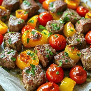 - 1 pound sirloin steak, cut into 1-inch cubes - 4 cloves garlic, minced - 3 tablespoons olive oil - 2 tablespoons soy sauce - 1 tablespoon Worcestershire sauce - 1 teaspoon smoked paprika - 1/2 teaspoon black pepper - 1 teaspoon salt - 1 cup cherry tomatoes, halved - 1 cup bell peppers (any color), chopped - Fresh parsley, chopped for garnish To make the irresistible sheet pan garlic steak bites, you need fresh and quality ingredients. Start with a pound of sirloin steak. Cut it into 1-inch cubes for even cooking. Garlic is key here. Use four cloves, minced finely, to pack in flavor. Next, add three tablespoons of olive oil. This helps the steak sear nicely and keeps it juicy. For the umami kick, mix in two tablespoons of soy sauce and one tablespoon of Worcestershire sauce. These sauces add depth and richness to your dish. Now, let’s season it! Use one teaspoon of smoked paprika for a touch of warmth. Add half a teaspoon of black pepper and one teaspoon of salt to enhance the taste. Don’t forget the veggies! You'll need one cup of halved cherry tomatoes and one cup of chopped bell peppers. These add color and balance to your meal. Finally, finish with fresh parsley. It brings brightness and a pop of flavor. For the full recipe, check the details above. 1. Preheat your oven to 425°F (220°C). Line a large baking sheet with parchment paper. This makes cleanup easy. 2. In a mixing bowl, combine the cubed sirloin steak, minced garlic, olive oil, soy sauce, Worcestershire sauce, smoked paprika, black pepper, and salt. 3. Toss the steak well to coat it in the marinade. Each piece needs to soak in those great flavors. 1. Let the steak marinate for about 15 minutes. This step is key for better flavor. The longer the steak sits, the tastier it becomes. If you have more time, marinating for an hour is even better. 1. After marinating, spread the steak bites on one side of the baking sheet. Make sure they are in a single layer. 2. Toss the halved cherry tomatoes and chopped bell peppers in the same bowl. Add a little olive oil, salt, and pepper. Spread these veggies on the other side of the baking sheet. 3. Place the baking sheet in the oven. Roast for 12-15 minutes. Check the steak for doneness. If you want it medium-rare, aim for about 130°F (54°C). 4. When done, take the baking sheet out. Let the steak bites rest for a few minutes. Garnish with fresh parsley before serving. Enjoy your meal! For the full recipe, check out the earlier section. For the best flavor, let the steak marinate for at least 15 minutes. This short time allows the garlic and spices to soak in. If you want a different taste, try using balsamic vinegar or a citrus-based marinade. These can add a fresh twist to your steak bites. To get the perfect doneness, use a meat thermometer. Aim for 130°F (54°C) for medium-rare steak. Don't forget to check your veggies too! Roast them until they are tender and a bit caramelized. This adds a nice sweetness to balance the savory steak. Pair your steak bites with simple sides like rice or a fresh salad. A nice red wine or a cold beer works great with this dish. For presentation, arrange the steak bites and veggies on a large platter. Sprinkle fresh parsley on top for color and freshness. This makes the dish look inviting and delicious. For the full recipe, check out the detailed instructions above. {{image_2}} You can switch the steak with other cuts of beef. Flank steak or ribeye works well. These cuts add a different taste and texture. You can also use chicken or pork. Chicken thighs or pork tenderloin can be great substitutes. They absorb flavors and cook nicely. Just adjust the cooking time for chicken or pork, as they may cook faster. Feel free to mix in other vegetables. Zucchini, asparagus, or carrots add color and taste. You can also use seasonal veggies like squash in summer or Brussels sprouts in fall. This keeps the dish fresh and fun. Just remember to cut the vegetables to a similar size for even cooking. Want more flavor? Add spices like cayenne for heat or cumin for warmth. Fresh herbs like rosemary or thyme can elevate your dish. If you like it spicy, consider adding red pepper flakes. These small changes can make a big difference in taste. With these variations, you can always enjoy garlic steak bites in a new way. Check out the Full Recipe for more tips! To store leftovers, let the steak bites cool. Place them in airtight containers. I recommend glass or plastic containers with tight lids. This helps keep them fresh for up to three days. For reheating, the best method is using an oven. Preheat the oven to 350°F (175°C). Place the steak bites on a baking sheet. Heat for about 10 minutes. This way, they stay juicy and warm. To keep the steak tender, cover it with foil. This traps moisture and prevents drying. To freeze garlic steak bites, let them cool completely. Place them in freezer-safe bags. Remove as much air as possible before sealing. They can last up to three months in the freezer. When ready to eat, thaw them overnight in the fridge. You can also cook them from frozen. Just add a few extra minutes to the cooking time. The result will still be tasty! For the full recipe, check out the detailed instructions included. Cook steak bites for 12 to 15 minutes at 425°F (220°C). The time varies by how you like your steak. For rare, aim for 12 minutes. For medium, go for about 14 minutes. If you prefer well-done, cook a bit longer. Always check the steak's color to ensure it meets your taste. Yes, you can use other cuts of steak. Ribeye, flank, or tenderloin work well, too. Each cut has its own taste and texture. Ribeye gives a rich flavor. Flank is leaner but still tasty. Tenderloin is very tender, making it a great choice for this dish. Marinating is not a must, but it adds flavor and makes the steak tender. The garlic, soy sauce, and Worcestershire sauce work together to infuse great taste. A short marinating time, like 15 minutes, helps the flavors soak in. If you have more time, let it marinate longer for an even better taste. This blog post shared a recipe for delicious garlic steak bites. You learned about the key ingredients, from sirloin steak to fresh vegetables. I covered simple steps for marinating and roasting to enhance flavor. Plus, I shared tips on cooking techniques, variations, and storage. In conclusion, these bites are easy to make and fun to eat. You can adjust flavors and use different meats or veggies. Enjoy experimenting in your kitchen!