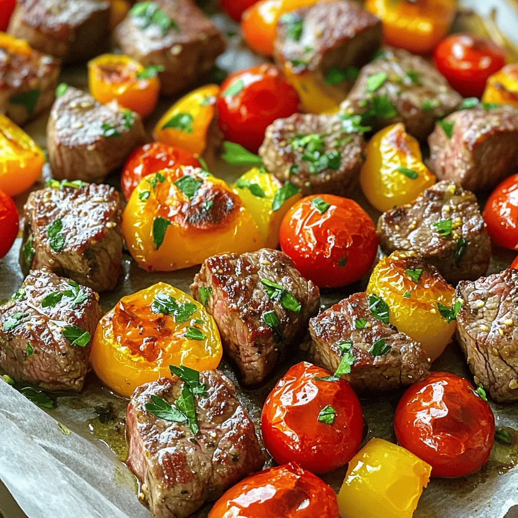 - 1 pound sirloin steak, cut into 1-inch cubes - 4 cloves garlic, minced - 3 tablespoons olive oil - 2 tablespoons soy sauce - 1 tablespoon Worcestershire sauce - 1 teaspoon smoked paprika - ½ teaspoon black pepper - 1 teaspoon salt - 1 cup cherry tomatoes, halved - 1 cup bell peppers (any color), chopped - Fresh parsley, chopped for garnish To make the irresistible sheet pan garlic steak bites, you need fresh and quality ingredients. Start with a pound of sirloin steak. Cut it into 1-inch cubes for even cooking. Garlic is key here. Use four cloves, minced finely, to pack in flavor. Next, add three tablespoons of olive oil. This helps the steak sear nicely and keeps it juicy. For the umami kick, mix in two tablespoons of soy sauce and one tablespoon of Worcestershire sauce. These sauces add depth and richness to your dish. Now, let’s season it! Use one teaspoon of smoked paprika for a touch of warmth. Add half a teaspoon of black pepper and one teaspoon of salt to enhance the taste. Don’t forget the veggies! You'll need one cup of halved cherry tomatoes and one cup of chopped bell peppers. These add color and balance to your meal. Finally, finish with fresh parsley. It brings brightness and a pop of flavor. For the full recipe, check the details above. 1. Preheat your oven to 425°F (220°C). Line a large baking sheet with parchment paper. This makes cleanup easy. 2. In a mixing bowl, combine the cubed sirloin steak, minced garlic, olive oil, soy sauce, Worcestershire sauce, smoked paprika, black pepper, and salt. 3. Toss the steak well to coat it in the marinade. Each piece needs to soak in those great flavors. 1. Let the steak marinate for about 15 minutes. This step is key for better flavor. The longer the steak sits, the tastier it becomes. If you have more time, marinating for an hour is even better. 1. After marinating, spread the steak bites on one side of the baking sheet. Make sure they are in a single layer. 2. Toss the halved cherry tomatoes and chopped bell peppers in the same bowl. Add a little olive oil, salt, and pepper. Spread these veggies on the other side of the baking sheet. 3. Place the baking sheet in the oven. Roast for 12-15 minutes. Check the steak for doneness. If you want it medium-rare, aim for about 130°F (54°C). 4. When done, take the baking sheet out. Let the steak bites rest for a few minutes. Garnish with fresh parsley before serving. Enjoy your meal! For the full recipe, check out the earlier section. For the best flavor, let the steak marinate for at least 15 minutes. This short time allows the garlic and spices to soak in. If you want a different taste, try using balsamic vinegar or a citrus-based marinade. These can add a fresh twist to your steak bites. To get the perfect doneness, use a meat thermometer. Aim for 130°F (54°C) for medium-rare steak. Don't forget to check your veggies too! Roast them until they are tender and a bit caramelized. This adds a nice sweetness to balance the savory steak. Pair your steak bites with simple sides like rice or a fresh salad. A nice red wine or a cold beer works great with this dish. For presentation, arrange the steak bites and veggies on a large platter. Sprinkle fresh parsley on top for color and freshness. This makes the dish look inviting and delicious. For the full recipe, check out the detailed instructions above. {{image_2}} You can switch the steak with other cuts of beef. Flank steak or ribeye works well. These cuts add a different taste and texture. You can also use chicken or pork. Chicken thighs or pork tenderloin can be great substitutes. They absorb flavors and cook nicely. Just adjust the cooking time for chicken or pork, as they may cook faster. Feel free to mix in other vegetables. Zucchini, asparagus, or carrots add color and taste. You can also use seasonal veggies like squash in summer or Brussels sprouts in fall. This keeps the dish fresh and fun. Just remember to cut the vegetables to a similar size for even cooking. Want more flavor? Add spices like cayenne for heat or cumin for warmth. Fresh herbs like rosemary or thyme can elevate your dish. If you like it spicy, consider adding red pepper flakes. These small changes can make a big difference in taste. With these variations, you can always enjoy garlic steak bites in a new way. Check out the Full Recipe for more tips! To store leftovers, let the steak bites cool. Place them in airtight containers. I recommend glass or plastic containers with tight lids. This helps keep them fresh for up to three days. For reheating, the best method is using an oven. Preheat the oven to 350°F (175°C). Place the steak bites on a baking sheet. Heat for about 10 minutes. This way, they stay juicy and warm. To keep the steak tender, cover it with foil. This traps moisture and prevents drying. To freeze garlic steak bites, let them cool completely. Place them in freezer-safe bags. Remove as much air as possible before sealing. They can last up to three months in the freezer. When ready to eat, thaw them overnight in the fridge. You can also cook them from frozen. Just add a few extra minutes to the cooking time. The result will still be tasty! For the full recipe, check out the detailed instructions included. Cook steak bites for 12 to 15 minutes at 425°F (220°C). The time varies by how you like your steak. For rare, aim for 12 minutes. For medium, go for about 14 minutes. If you prefer well-done, cook a bit longer. Always check the steak's color to ensure it meets your taste. Yes, you can use other cuts of steak. Ribeye, flank, or tenderloin work well, too. Each cut has its own taste and texture. Ribeye gives a rich flavor. Flank is leaner but still tasty. Tenderloin is very tender, making it a great choice for this dish. Marinating is not a must, but it adds flavor and makes the steak tender. The garlic, soy sauce, and Worcestershire sauce work together to infuse great taste. A short marinating time, like 15 minutes, helps the flavors soak in. If you have more time, let it marinate longer for an even better taste. This blog post shared a recipe for delicious garlic steak bites. You learned about the key ingredients, from sirloin steak to fresh vegetables. I covered simple steps for marinating and roasting to enhance flavor. Plus, I shared tips on cooking techniques, variations, and storage. In conclusion, these bites are easy to make and fun to eat. You can adjust flavors and use different meats or veggies. Enjoy experimenting in your kitchen!