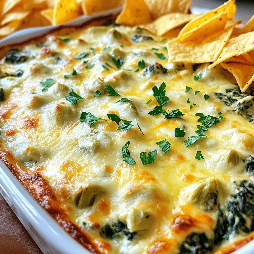 To make Creamy Spinach Artichoke Dip, you need a few key ingredients. Each ingredient plays a role in making the dip rich and tasty. Here’s what you’ll need: - 1 cup frozen spinach, thawed and drained - 1 cup canned artichoke hearts, drained and chopped - 1 cup cream cheese, softened - ½ cup sour cream - ½ cup mayonnaise - 1 cup shredded mozzarella cheese - ½ cup grated Parmesan cheese - 2 cloves garlic, minced - 1 teaspoon lemon juice - Salt and pepper to taste - ¼ teaspoon red pepper flakes (optional, for a bit of heat) Frozen spinach is easy to find and saves you prep time. Canned artichoke hearts add a unique flavor. Cream cheese gives the dip its creamy base. Sour cream and mayonnaise make it rich and smooth. Mozzarella and Parmesan cheese add a delightful cheesy depth. Garlic brings a savory punch, while lemon juice brightens the flavor. Add salt and pepper to enhance all the tastes. If you like heat, the red pepper flakes can spice things up. This dip is perfect for parties. You can serve it with tortilla chips, toasted bread, or veggie sticks. For the full experience, check out the Full Recipe. 1. Preheat the oven. Start by warming your oven to 350°F (175°C). This helps the dip cook evenly and become bubbly. 2. Mix cream cheese, sour cream, and mayonnaise. In a medium bowl, combine 1 cup of softened cream cheese, ½ cup of sour cream, and ½ cup of mayonnaise. Stir until the mixture is smooth and creamy. 3. Incorporate spinach and artichokes. Next, add 1 cup of thawed and drained spinach along with 1 cup of chopped artichokes. Mix well until everything is combined. 4. Add garlic, seasonings, and cheeses. Now, include 2 minced cloves of garlic, 1 teaspoon of lemon juice, salt, pepper, and red pepper flakes if you want some heat. Stir everything together. Then, fold in 1 cup of shredded mozzarella and ½ cup of grated Parmesan cheese. Make sure to save some mozzarella for topping. 5. Spread in a baking dish. Take the mixture and transfer it to a medium-sized baking dish. Spread it out evenly for even cooking. 6. Bake until bubbly. Top the dip with the reserved mozzarella cheese. Bake in your preheated oven for about 25-30 minutes. You should see it bubbling and turning golden brown on top. This Creamy Spinach Artichoke Dip recipe is delicious and perfect for sharing. For the complete details, check out the Full Recipe. - How to choose the best spinach and artichokes: I recommend using frozen spinach. It’s easy and has great flavor. Make sure you thaw and drain it well. For artichokes, canned ones work best. Look for ones packed in water, not oil. This keeps the dip light and fresh. - Importance of draining ingredients thoroughly: Draining is key! If you skip this step, your dip can become watery. You want a thick and creamy texture. Press out any excess liquid from the spinach and artichokes. Trust me, it makes a big difference. - Adjusting spice levels to taste: Spice it up or tone it down! You can add more red pepper flakes if you like heat. Start with a little and taste as you go. This way, you can make the dip just right for your group. - Best items for dipping: I love serving this dip with tortilla chips. They add a nice crunch. Toasted bread is also a great option. For a healthier choice, try fresh vegetable sticks. Carrots and bell peppers work well. - Garnishes that elevate presentation: A sprinkle of fresh parsley makes the dip pop. You can also add a few red pepper flakes on top. This adds color and hints at the flavors inside. - Ideal pairings and drink suggestions: This dip pairs great with a crisp white wine. A light beer also complements the flavors. For non-drinkers, a sparkling water with lemon is refreshing. These drinks balance the richness of the dip perfectly. For the full recipe, check out the [Full Recipe]. {{image_2}} You can easily change the dip's flavor by swapping out some ingredients. For a lighter twist, use Greek yogurt instead of sour cream. It adds creaminess and a bit of tang. If you want a cheesier dip, try adding different cheeses like cheddar or gouda. Each cheese brings its own taste and texture. You can also add more veggies to the mix. Roasted red peppers can bring a sweet and smoky flavor. They also add a nice pop of color. Mix them in for a fun twist on the classic recipe. If you need gluten-free options, choose dippers like vegetable sticks or gluten-free chips. These pair well with the creamy dip. This way, everyone can enjoy it without worry. For those who follow a vegan diet, there are easy swaps. Use a plant-based cream cheese and vegan mayo. These substitutes will keep the dip creamy without using dairy. You can still enjoy the same great taste while sticking to your dietary needs. For the full recipe, check out the original version. To keep your creamy spinach artichoke dip fresh, follow these simple steps. First, let the dip cool down to room temperature after baking. Then, place it in an airtight container. This helps keep out air and moisture. Make sure to seal the container tightly. You can store it in the refrigerator for up to four days. If you plan to keep it longer, consider freezing it. When reheating your dip, you want to keep its creamy texture. The best way to do this is by using the oven. Preheat your oven to 350°F (175°C). Place the dip in an oven-safe dish and cover it with foil. Heat it for about 15-20 minutes or until warm. If you're short on time, you can use the microwave. Transfer the dip to a microwave-safe bowl. Heat it in short bursts of 30 seconds, stirring in between. This method prevents uneven heating. Avoid overheating, as it can make the dip gritty. For more details about making this dip, check out the Full Recipe. Can I make Creamy Spinach Artichoke Dip ahead of time? Yes, you can prepare this dip a day before. Just mix all the ingredients and store it in the fridge. When you’re ready to serve, bake it until bubbly. This makes it perfect for a party. What can I substitute if I don’t have artichokes? If you lack artichokes, use chopped cooked spinach or roasted peppers. Both add great flavor. You could also try using mushrooms for a unique taste. How long does this dip last in the refrigerator? This dip stays fresh for about 3 to 5 days in the fridge. Keep it in an airtight container to maintain its taste and texture. Can I freeze Creamy Spinach Artichoke Dip? Yes, you can freeze this dip. Store it in a freezer-safe container for up to 3 months. When you want to eat it, thaw in the fridge overnight before baking. What are some variations for serving this dip? You can serve this dip with many dippers. Try tortilla chips, toasted bread, or fresh veggies. For a fun twist, use pita chips or mini pretzels. Is there a vegetarian version of this recipe? Yes, this dip is vegetarian-friendly. It contains no meat or fish. Just ensure your cream cheese and mayonnaise are vegetarian as well. For a vegan option, swap in plant-based cream cheese and mayonnaise. For the complete recipe, check the Full Recipe. This blog post covered how to make a delicious Creamy Spinach Artichoke Dip. You learned about the key ingredients and how to prepare them with step-by-step instructions. I shared tips to perfect your dip and creative ways to adapt the recipe for your taste. Remember to store any leftovers properly and reheat them for great texture. With this guide, you're ready to impress at your next gathering. Enjoy making this dip your own!