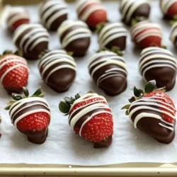- 1 pound fresh strawberries, washed and dried - 8 ounces dark chocolate (70% cocoa), chopped - 2 tablespoons coconut oil The most important part of this recipe is the fresh strawberries. Choose ripe, firm strawberries for the best flavor. They should be bright red and free from blemishes. Wash and dry them well. Any moisture can stop the chocolate from sticking. Next, we have dark chocolate. I prefer using chocolate with at least 70% cocoa. It gives a rich taste, balancing the sweetness of the strawberries. Chop the chocolate into small pieces. This helps it melt evenly. Coconut oil is the last key ingredient. Adding coconut oil makes the chocolate smoother and shinier. It also helps the chocolate coat the strawberries better. - 1/2 cup white chocolate, chopped (optional for drizzling) - Sea salt for sprinkling (optional) If you want to take it up a notch, you can use white chocolate for drizzling. It adds a sweet contrast to the dark chocolate. Melt the white chocolate in the same way as the dark. Sprinkling a little sea salt on top adds a nice touch. The salt enhances the chocolate flavor and gives a gourmet feel. Both options are not necessary but can elevate your treat. For the full recipe, check out Choco-Berry Bliss. Start by washing your strawberries. Use cool water to rinse them well. This step removes dirt and pesticides. After washing, dry the strawberries. Pat them dry using paper towels. It is crucial to ensure they are very dry. Any moisture can stop the chocolate from sticking. Dry strawberries will help the chocolate cling better, giving you a nice, smooth finish. Now, let’s melt the chocolate. Place the chopped dark chocolate and coconut oil in a microwave-safe bowl. Microwave it in short bursts of 30 seconds. Stir the chocolate in between each burst. This helps it melt evenly. You want a smooth and creamy texture. If you see any lumps, keep stirring until they disappear. This smooth chocolate will coat your strawberries perfectly. Grab a strawberry by its stem. Dip it into the melted chocolate. Make sure the whole strawberry gets coated. Let the excess chocolate drip off back into the bowl. Place the dipped strawberry on a parchment-lined baking sheet. Repeat this with all strawberries. For a fun touch, melt white chocolate and drizzle it over the dipped strawberries. Use a fork or a piping bag for this. If you like, sprinkle a little sea salt on top. This will add a nice contrast to the sweet chocolate. For the full recipe, check out the Choco-Berry Bliss section above. To get the best chocolate coating, ensure even coverage. Hold the strawberry by its stem. Dip it into the melted chocolate all the way to the leaves. Swirl it gently to let excess chocolate drip off. This helps avoid clumps and bubbles. If you see any bubbles, gently tap the strawberry. This will smooth the chocolate and give a clean finish. Presentation matters. Arrange your chocolate-dipped strawberries on a nice plate. For an elegant touch, place them in cupcake liners. You can pair them with whipped cream or a scoop of vanilla ice cream. They also go well with a glass of sparkling wine or hot cocoa. This adds a special flair to any gathering. You can pre-dip strawberries to save time. If you dip them a day ahead, store them in the fridge. Keep them in a single layer in an airtight container. This helps keep them fresh. To avoid chocolate sweating, don’t cover them tightly. If you need to store them longer, you can freeze them. Just remember to thaw them slowly in the fridge for the best taste. Enjoy this sweet treat anytime! For the full experience, check out the Full Recipe. {{image_2}} You can choose different types of chocolate for dipping. Milk chocolate is sweet and creamy. It melts well and gives a classic taste. Dark chocolate has a richer flavor, which some people love. It also offers health benefits, like antioxidants. You can get creative with flavored chocolate too. Think about using white chocolate with hints of vanilla or even orange. These flavors add a fun twist to your strawberries. Toppings can make your strawberries extra special. You can add chopped nuts, colorful sprinkles, or crushed cookies for texture. Each topping adds a unique flavor and crunch. Coconut flakes bring a tropical vibe to your treat. They look great and taste amazing. If you want to impress, try using edible gold dust. It adds a touch of luxury to your chocolate-dipped strawberries. Chocolate is not just for strawberries. You can dip many other fruits too. Bananas, pineapple, and apple slices work great. Each fruit offers its own taste and texture. To prepare other fruits, wash and dry them well. Make sure they are firm so the chocolate sticks properly. For bananas, cut them into bite-sized pieces. This way, you get a perfect chocolate-covered snack. For the full recipe, check out Choco-Berry Bliss. To keep your chocolate-dipped strawberries fresh, place them in the fridge. Use an airtight container to prevent air from getting in. This keeps the strawberries juicy and the chocolate firm. Make sure to separate the strawberries with parchment paper. This prevents them from sticking together. To avoid chocolate sweating, store them in a cool area. Keep them away from heat and humidity. If your fridge is humid, consider covering the container lightly with a paper towel. This helps absorb extra moisture. You can freeze chocolate-dipped strawberries, but they may change in texture. To freeze, place them on a baking sheet. Ensure they do not touch each other. Freeze them for about two hours. Once firm, move them to an airtight bag or container. They can stay in the freezer for up to three months. When you are ready to eat them, thaw them in the fridge. This helps keep the chocolate intact. Avoid using a microwave to thaw; it can make the chocolate melt and lose its shine. Chocolate-dipped strawberries last about 24 hours at room temperature. In the fridge, they can last up to 3 days. After that, they start to lose taste and texture. Look for signs of spoilage, such as a mushy texture or off smell. If the chocolate looks dull or starts to crack, it may be time to toss them. Always trust your senses to decide if they are still good. For the full recipe of these delightful treats, check out the Choco-Berry Bliss! To make chocolate-dipped strawberries shine, start with good chocolate. Use high-quality chocolate with cocoa butter. Melt it slowly to avoid burning. You can add a little coconut oil to the chocolate. This will help it shine more. After dipping, let the chocolate cool and set at room temperature. This helps create a glossy look. Yes, you can use different types of chocolate. Dark chocolate gives a rich taste. Milk chocolate is sweeter and creamier. White chocolate adds a nice contrast. Each type has its pros and cons. Dark chocolate has more cocoa and less sugar. Milk chocolate is often loved by kids. White chocolate can be fun for drizzles but lacks cocoa flavor. Choose the type you like best for your strawberries. You can find chocolate-dipped strawberries at local shops or online. Many bakeries and gourmet stores sell them fresh. You can also order them from online retailers. When buying, check for freshness and quality. Look for strawberries that are bright red and firm. Ensure the chocolate looks smooth and shiny. This helps you get the best treat possible. Leftover chocolate can be used in many fun ways! You can make chocolate bark by spreading it on parchment paper. Add nuts or dried fruits for extra flavor. You can also drizzle it over cookies or cakes. Use a fork or piping bag to create fun designs. This way, you won’t waste any chocolate and can enjoy more treats. Yes, you can eat chocolate-dipped strawberries after a day or two. Store them in the fridge to keep them fresh. They are best eaten within 1-2 days for the best taste. Check for any signs of spoilage, like mushy spots or a strange smell. If they look and smell good, enjoy your sweet treat! You've learned how to make delicious chocolate-dipped strawberries. We covered essential ingredients and tips for a perfect treat. You can customize with various chocolates and toppings. Remember to store them well and enjoy fresh or frozen. Try these techniques to impress your friends and family. Happy dipping!