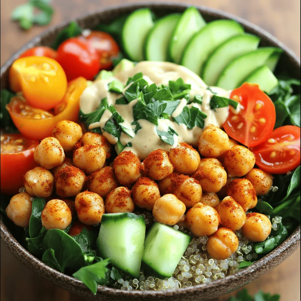 - 1 can (15 oz) chickpeas, drained and rinsed - 2 tablespoons olive oil - 1 teaspoon smoked paprika - 1 teaspoon garlic powder - 2 cups cooked quinoa or brown rice - 1 cup cherry tomatoes, halved - 1 cucumber, diced - 1 avocado, sliced - 1 cup baby spinach or arugula - ¼ cup tahini dressing (store-bought or homemade) - Fresh parsley or cilantro for garnish The main ingredients focus on chickpeas, which are full of protein and fiber. I use olive oil to help the spices stick. Smoked paprika gives a nice depth, while garlic powder adds flavor. These simple ingredients create a base that is both healthy and tasty. Next, I add cooked quinoa or brown rice for a filling grain. These grains provide energy and pair well with chickpeas. Cherry tomatoes add sweetness, while diced cucumber brings a refreshing crunch. Sliced avocado adds creaminess, making every bite exciting. Finally, I top the bowl with baby spinach or arugula. These greens add nutrients and color. A drizzle of tahini dressing gives a nutty flavor, and fresh herbs brighten the dish. This bowl is not just good for you; it's also a feast for the eyes. For the full recipe, check out the details in the next section. - Preheat the oven to 400°F (200°C). - In a mixing bowl, combine the rinsed chickpeas, olive oil, smoked paprika, garlic powder, cumin, salt, and pepper. Mix until each chickpea is coated well. - Spread the seasoned chickpeas on a baking sheet in a single layer. - Roast them for 25-30 minutes, shaking the pan halfway through. This step makes them crispy and golden. - While the chickpeas roast, cook quinoa or brown rice as per the package instructions. - In your bowl, start with a base of quinoa or brown rice. - Top it with the roasted chickpeas, cherry tomatoes, diced cucumber, sliced avocado, and a handful of baby spinach or arugula. - Drizzle tahini dressing over the top. Add fresh parsley or cilantro for a pop of color. - Serve this nutrient-packed bowl right away and enjoy every bite! To get crispy roasted chickpeas, start by drying them well. Use a clean towel to pat them dry. Extra moisture makes them soggy. Next, coat them evenly with olive oil and seasonings. This step is key for crispiness. Experiment with spices for more flavor. Try chili powder for heat or lemon zest for brightness. You can also mix in herbs like rosemary or thyme. This adds unique taste to your bowl. Batch cooking chickpeas and grains is a great idea. Cook a large batch of chickpeas and store them in an airtight container. They stay fresh in the fridge for up to five days. When you cook grains, make extra too. Quinoa or brown rice can be stored for a week. Keep your grains and chickpeas separate until you serve. This keeps everything fresh and tasty. Chickpeas are full of protein and fiber. They help you feel full longer. They are also low in fat, making them great for a healthy diet. Adding fresh veggies like tomatoes and cucumbers boosts your vitamins. Avocados provide healthy fats, ensuring a well-balanced meal. Keep your bowl colorful for more nutrients. Each color brings different health benefits. For the full experience, follow the [Full Recipe]. {{image_2}} You can swap quinoa for other grains. Brown rice works great and is filling. Farro adds a nutty taste, too. If you want a low-carb choice, try cauliflower rice. It’s light and still tasty. To boost plant-based protein, consider adding tofu or tempeh. Both options absorb flavors well. For gluten-free meals, choose grains like quinoa or rice. This keeps the bowl safe for all diets. Get creative with dressings! Lemon-tahini or balsamic can change the taste. You can also add roasted veggies for more flavor. Nuts add crunch and extra nutrients. Try almonds or walnuts for a tasty twist. To keep your Roasted Chickpea Bowl fresh, store it in an airtight container. This helps lock in flavor and moisture. Place it in the fridge right after serving. Leftovers can stay fresh for about three days. After that, the veggies may lose their crunch and taste. You can freeze the roasted chickpeas easily. They stay crispy when cooked and frozen. I recommend freezing them in a single layer on a baking sheet first. Once frozen, transfer them to a freezer bag. You can also freeze cooked quinoa or brown rice. To reheat, bake the chickpeas at 400°F (200°C) for about 10 minutes. Warm the grains in the microwave or stove until hot. This bowl pairs well with many side dishes. Try serving it with a light salad or some roasted veggies. It’s a great lunch option, but I love it for dinner too. You can prep it ahead for a quick meal during the week. Enjoy it any time for a tasty, healthy treat! For the full recipe, check out the detailed instructions provided above. You can easily add heat to your roasted chickpeas. Try using spices like cayenne pepper or red pepper flakes. Mix these into the chickpeas along with olive oil and seasonings. You can also drizzle hot sauce over your bowl before serving. This will give your dish a nice kick! Yes, you can use dried chickpeas! To prepare them, soak one cup of dried chickpeas overnight in water. The next day, drain and rinse them. Then, boil them in fresh water for about 1 to 1.5 hours, or until they are tender. Drain and dry them before seasoning and roasting. If you need a tahini substitute, try using almond butter or sunflower seed butter. These will give you a creamy texture. You can also mix plain yogurt with lemon juice and a bit of garlic for a tangy dressing. This works well if you avoid sesame due to allergies. In this blog post, we explored a tasty chickpea bowl recipe from start to finish. We covered the main ingredients, preparation steps, and tips to perfect your dish. Remember, you can mix grains and flavors to suit your taste. Meal prep ideas help keep your bowl ready when you need a quick meal. Whether you choose to add spice or switch up toppings, this bowl is packed with nutrition. Enjoy making this versatile dish anytime you want a healthy meal!
