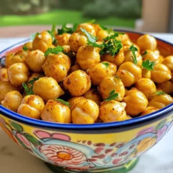 - 1 can (15 oz) chickpeas, drained and rinsed - 2 tablespoons olive oil - 1 teaspoon garlic powder - 1 teaspoon smoked paprika - 1/2 teaspoon ground cumin - 1/4 teaspoon cayenne pepper (optional for heat) - Fresh herbs (like parsley or cilantro) for garnish - Baking sheet - Parchment paper - Mixing bowl To make a crispy chickpea snack, gather these main ingredients first. Chickpeas are the star of the show. They provide protein and fiber, making them a healthy choice. You will also need olive oil, garlic powder, and smoked paprika for flavor. Next, consider the optional ingredients. Ground cumin adds warmth and depth. If you like heat, cayenne pepper gives a nice kick. Fresh herbs can brighten the dish and add color. For tools, a baking sheet lined with parchment paper is key. This helps prevent sticking and makes cleaning easy. A mixing bowl will help you combine everything well. Once you have these ingredients and tools, you are ready to create a tasty and healthy snack. Check out the Full Recipe for step-by-step details. - Preheat your oven to 400°F (200°C). - Line a baking sheet with parchment paper. - Drain and rinse the chickpeas. - Pat the chickpeas dry using a clean kitchen towel. - In a large bowl, combine the dried chickpeas with olive oil and seasonings. - Toss until the chickpeas are evenly coated. - Transfer the seasoned chickpeas to the baking sheet in a single layer. - Bake for 25-30 minutes, shaking the pan halfway through. - Check for doneness by looking for a golden brown color and crispy texture. This recipe makes a tasty snack that you can enjoy anytime. For the full recipe, check the ingredients section. To get the best crunch, start by drying your chickpeas well. After you drain and rinse them, spread them on a kitchen towel. Pat them dry with another towel. This step helps remove extra moisture. If the chickpeas are wet, they won't crisp up. Next, when you place the chickpeas on your baking sheet, give them space. Lay them out in a single layer. This way, hot air can circulate. If they are too close together, they will steam instead of bake. You can change the flavors easily. For a savory kick, try adding more garlic powder or smoked paprika. For something different, sprinkle in some Italian herbs or curry powder. You can also add a squeeze of lemon juice for brightness. If you like heat, add cayenne pepper or crushed red pepper flakes. Adjust the amount based on your taste. A little goes a long way! Serve your crispy chickpeas in a bright bowl. Drizzle a bit of olive oil on top. Add a sprinkle of fresh herbs like parsley or cilantro for color. You can enjoy them as a snack on their own. They also pair well with dips like hummus or yogurt. Try them on salads for added crunch. They add a fun twist to your meals. Don’t forget to check out the Full Recipe for all the details! {{image_2}} You can easily change the taste of your crispy chickpeas. Here are two fun ideas: - Spicy Garlic Chickpeas: Add 1 teaspoon of crushed red pepper and 1 teaspoon of onion powder. This mix gives a nice kick and flavor. - Italian Herb Chickpeas: Use 1 teaspoon of dried oregano and 1 teaspoon of dried basil. This blend brings a fresh, herby taste to your snack. You can cook crispy chickpeas in different ways. Here are two methods to try: - Air Fryer Instructions: Preheat your air fryer to 400°F (200°C). Place the seasoned chickpeas in a single layer in the basket. Cook for 15-20 minutes, shaking the basket halfway. They should be crispy and delicious! - Stovetop Options: Heat a skillet over medium heat. Add the seasoned chickpeas and cook, stirring frequently, for about 10 minutes. This method gives a quick and crunchy snack. You can make adjustments to fit your diet. Here are some ideas: - Gluten-Free Adjustments: This recipe is already gluten-free. Ensure your seasonings are also gluten-free if needed. - Vegan-Friendly Substitutions: This snack is vegan as is. It’s perfect for plant-based diets. Enjoy without any changes! These variations and methods keep your crispy chickpea snack exciting. You can always find a new way to enjoy them! To keep your crispy chickpeas crunchy, store them in an airtight container. This will help lock out moisture. I recommend using a glass jar or a plastic container with a tight seal. Avoid metal containers; they can trap moisture. Store them at room temperature for the best texture. If you want to warm up your chickpeas, use the oven. Preheat it to 350°F (175°C). Spread the chickpeas on a baking sheet and heat for about 10 minutes. This will help revive their crispiness. If you store them in the fridge, use them within three days. For the freezer, they can last up to a month. For the best taste, eat your crispy chickpeas within a week. After that, they may lose their crunch. If stored in the fridge, aim to eat them within three days for optimal flavor. Always check for any signs of spoilage before munching! Yes, you can use dried chickpeas. However, you must soak and cook them first. Soak them overnight in water. Drain and cook them in boiling water until soft. This process takes time but adds a fresh taste. Chickpeas are quite nutritious. They are high in protein, fiber, and vitamins. Here are a few key benefits: - Protein-rich: Great for muscle health. - High in fiber: Helps with digestion. - Low in calories: A smart choice for weight control. - Packed with nutrients: They contain iron and magnesium. Eating chickpeas can help keep you full and satisfied. You can find them at most grocery stores. Look in the snack aisle or health food section. Many brands offer unique flavors. Pros and cons of homemade vs. store-bought: - Homemade: You choose the flavors and control the ingredients. - Store-bought: Convenient but may have added preservatives. You can easily adapt this recipe. Here are some ideas: - Gluten-free: This recipe is already gluten-free. - Vegan: No animal products are used here. - Low sodium: Reduce or omit salt. Feel free to swap spices to match your taste. For example, try curry powder for a different flavor twist. You can make a tasty crispy chickpea snack with simple ingredients and tools. Start with canned chickpeas and season them well. Bake until they’re crunchy. Don’t forget tips for storing and reheating to keep them tasty. Try different flavors and cooking methods for variety. Enjoy experimenting with this healthy snack option.