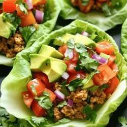 - 1 lb ground chicken - 1 tablespoon olive oil - 1 teaspoon chili powder - 1 teaspoon cumin - 1/2 teaspoon garlic powder - 1/2 teaspoon onion powder - 1/4 teaspoon paprika - Salt and pepper to taste For this recipe, ground chicken works best. It cooks quickly and stays juicy. The olive oil helps to keep the chicken moist. Seasonings are key to bringing out bold flavors. I love using chili powder and cumin for warmth. Garlic and onion powders add depth, while paprika gives a hint of sweetness. - 1 cup diced tomatoes - 1 small red onion, finely chopped - 1 bell pepper (any color), diced - 1/4 cup fresh cilantro, chopped - 1 tablespoon lime juice Fresh ingredients make these wraps bright and zesty. Diced tomatoes add juiciness, while red onion gives a nice crunch. Bell peppers add sweetness and color. The cilantro brings a fresh, herbaceous note that pairs perfectly. A splash of lime juice ties everything together with a citrus kick. - Iceberg lettuce leaves - 1 avocado, sliced - Optional toppings: shredded cheese, salsa, sour cream Iceberg lettuce is perfect for wraps. It’s crisp and holds the filling well. Sliced avocado adds creaminess and richness. Feel free to add cheese for extra flavor or salsa for a kick. Sour cream can also enhance the dish, making it richer and more satisfying. For the full recipe, check out the detailed instructions. First, heat one tablespoon of olive oil in a large skillet over medium heat. Once the oil is hot, add one pound of ground chicken. Cook it for about five to seven minutes. Stir the chicken often to brown it evenly. When the chicken starts to brown, mix in the spices. Use one teaspoon of chili powder, one teaspoon of cumin, half a teaspoon of garlic powder, half a teaspoon of onion powder, and a quarter teaspoon of paprika. Add salt and pepper to taste. Cook everything together for another two to three minutes. This will let the spices mix well with the chicken. While the chicken cooks, grab a mixing bowl. Combine one cup of diced tomatoes, one small finely chopped red onion, and one diced bell pepper. You can use any color bell pepper. Add a quarter cup of fresh chopped cilantro and one tablespoon of lime juice. Stir everything well to create a fresh salsa. This salsa will add a bright taste to your wraps. Now it's time to build your wraps! Take a leaf from a head of iceberg lettuce and lay it flat. Spoon some of the cooked chicken mixture into the center of the leaf. Next, add a generous scoop of the fresh salsa on top. For extra creaminess, add slices of one avocado. If you like, you can also add optional toppings like shredded cheese, extra salsa, or sour cream. Finally, wrap the lettuce around the filling and serve immediately. For the full recipe, check out the detailed instructions above! To make your chicken taco lettuce wraps truly shine, adjust the spices to suit your taste. If you love heat, add more chili powder. For a milder flavor, reduce the spices. Using fresh ingredients also makes a big difference. Fresh tomatoes and crisp lettuce enhance the taste and texture. Always choose ripe and vibrant produce for the best results. These wraps pair well with side dishes like rice or beans. You can add a fresh salad for more crunch. Serve the wraps right after making them. This keeps the lettuce crisp and enjoyable. If you let them sit, the lettuce may get soggy. You can prep your ingredients before cooking. Chop the veggies and store them in the fridge. Cook the chicken ahead of time and keep it warm. Just remember to assemble the wraps right before serving. This keeps them fresh and tasty. For the full recipe, check out the details above. {{image_2}} You can switch up the protein in these wraps. Ground turkey works well and has a lighter taste. If you prefer beef, use ground beef for a richer flavor. For a meatless option, try plant-based ground meat. This choice gives you the same texture and taste without meat. Each option brings a different flavor and texture, so feel free to experiment. Toppings can really change how your wraps taste. Add shredded cheese for creaminess. A drizzle of salsa adds a nice kick. Sour cream can provide a cool contrast. You can also try jalapeños for spice or black olives for a salty bite. Fresh lime juice over the top brightens every bite. Mix and match to find your favorite combination! For a unique twist, try adding different herbs or spices. Fresh basil can give a sweet touch. Cilantro adds a fresh flavor that pairs well with lime. You can also use smoked paprika for a deeper taste. If you like heat, toss in some cayenne pepper. Each little change can create a whole new dish. Don't be afraid to make it your own! To keep your chicken taco lettuce wraps fresh, store the chicken and salsa separately. Place the chicken in an airtight container. Let it cool first to avoid steam buildup. For the fresh salsa, use a different container. This keeps the salsa crisp. Store both in the fridge. Use them within three days for best taste. When you are ready to eat your leftovers, reheat the chicken. Use a skillet over medium heat. Stir the chicken until it’s hot. This method keeps it juicy. Avoid using the microwave, as it can make the chicken dry. Once heated, serve in fresh lettuce leaves. Add the salsa and toppings after reheating. The chicken taco mixture lasts three to four days in the fridge. If you want to freeze it, place the cooled chicken in a freezer bag. Remove as much air as possible before sealing. It can last up to three months in the freezer. To enjoy, thaw it overnight in the fridge before reheating. This way, you can savor your tasty chicken taco lettuce wraps again! For the full recipe, check above. You can use other greens like collard greens or Swiss chard. They hold the filling well. You can also try bell pepper halves or zucchini slices. These options keep it low-carb and gluten-free. Yes, you can make the chicken mixture ahead of time. Cook it fully and let it cool. Then, store it in a sealed container in the fridge. It stays fresh for up to three days. Just reheat it before serving. This saves time on busy nights. To make a vegetarian version, swap the ground chicken for black beans or lentils. You can also use crumbled tofu or tempeh for protein. Season them with the same spices for great flavor. This keeps the dish tasty and healthy. For the best results, check the Full Recipe for tips! Chicken taco lettuce wraps are tasty and easy to make. We covered key ingredients like ground chicken, fresh veggies, and delicious toppings. I shared step-by-step instructions to help you cook and assemble the wraps perfectly. Remember, you can adjust spices and try different proteins too. Fresh ingredients really boost flavor, so always go for them. Lastly, store your leftovers wisely to enjoy them later. Get creative and make this dish your own!