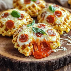 - 1 and 1/2 cups all-purpose flour - 2 teaspoons baking powder - 1/2 teaspoon salt - 1 tablespoon sugar - 1 cup milk - 1 large egg - 1/4 cup melted butter - 1 cup shredded mozzarella cheese - 1/2 cup mini pepperoni These main ingredients create a simple yet tasty base. The all-purpose flour gives the waffles structure. The baking powder makes them rise and become fluffy. Salt and sugar balance the flavors. Milk, egg, and melted butter bring moisture and richness. The mozzarella cheese melts beautifully, while mini pepperoni adds a savory bite. - Bell peppers - Olives - Selection of sauces for stuffing Feel free to get creative with toppings! Bell peppers add a sweet crunch. Olives bring a briny flavor that pairs well with cheese. You can also use different sauces like marinara or pesto for extra taste. This allows you to customize each waffle to your liking. - Waffle maker - Mixing bowls - Whisk A good waffle maker is key to achieving the perfect texture. Mixing bowls help you combine ingredients easily. A whisk ensures your batter is smooth without lumps. With these tools, you’ll be ready to make delicious pizza stuffed waffles. For the complete cooking details, check the Full Recipe. First, let's mix the dry ingredients. In a large bowl, combine: - 1 and 1/2 cups all-purpose flour - 2 teaspoons baking powder - 1/2 teaspoon salt - 1 tablespoon sugar Whisk these together until they blend well. This step helps create a light waffle. Next, we need to combine the wet ingredients. In another bowl, mix: - 1 cup milk - 1 large egg - 1/4 cup melted butter Stir these until they are smooth. Now, slowly add the wet mix to the dry mix. Gently stir until just combined. Remember, it’s okay if the batter has some lumps. Now, fold in: - 1 cup shredded mozzarella cheese - 1/2 cup mini pepperoni (or your choice of toppings) This will give the waffles a tasty surprise inside. Before we cook, preheat your waffle maker. This step is key for crispy waffles. Follow the maker’s guide for the right settings. Lightly grease it with olive oil or non-stick spray. Pour a small amount of batter into the preheated waffle maker. Just enough to cover the bottom. Next, add a teaspoon of pizza sauce in the center. Then, top it with more batter to cover the sauce. This way, the sauce stays inside. Close the waffle maker and cook for about 3-5 minutes. Check them for a golden brown color. This means they are ready! Carefully remove the waffles from the maker. Use a fork to avoid burns. Serve them hot! You can add extra pizza sauce on the side for dipping. For a special touch, sprinkle some grated parmesan cheese and fresh basil on top. Enjoy your delicious Pizza Stuffed Waffle Snacks! For the full recipe, check the recipe section above. To make great pizza stuffed waffles, avoid overmixing the batter. Mix just until the flour disappears. A few lumps are okay. This keeps the waffles light and fluffy. To ensure a crispy exterior, preheat your waffle maker well. Use enough batter to cover the bottom but not overflow. This helps create that perfect crunchy bite. Dip your pizza stuffed waffles in sauces for extra flavor. Pizza sauce is a classic choice. You can also try ranch or garlic sauce for a tasty twist. For garnishing, sprinkle some grated parmesan cheese on top. Fresh basil or oregano adds a nice touch, too. These small details elevate your dish. Make it fun for children by letting them help. Let them choose their toppings. They can add mini pepperoni, bell peppers, or even pineapple! Customizing toppings can make each waffle unique. Kids love making their own creations. This way, everyone gets a pizza stuffed waffle they enjoy. For the full recipe, check the section above! {{image_2}} You can use different types of cheese in your waffles. Cheddar adds a sharp taste. Pepper jack gives a spicy kick. For plant-based eaters, vegan cheese works great too. Blending cheeses can create complex flavors. Try mixing mozzarella with gouda for extra creaminess. Feel free to get creative with your fillings. Adding veggies like spinach or bell peppers makes it healthier. You can also try unique ingredients like crispy bacon or savory sausage. These options can add flavor and texture to your snack. If you need a gluten-free option, swap all-purpose flour for gluten-free flour. This keeps the taste while making it safe for gluten-sensitive eaters. For vegan adjustments, replace the milk with almond or oat milk. You can use flaxseed or applesauce instead of eggs. These swaps keep your pizza stuffed waffles tasty and accessible. After enjoying your pizza stuffed waffle snacks, let them cool. Place them in airtight containers. This keeps them fresh and prevents moisture loss. If you plan to eat them later, refrigerate them. They are great for up to three days in the fridge. For longer storage, freeze them. Wrap each waffle tightly in plastic wrap before placing them in a freezer bag. This helps to prevent freezer burn. To reheat, use an oven or microwave. The oven gives the best texture. Preheat it to 350°F (175°C). Place the waffles on a baking sheet. Heat them for about 10 minutes. This makes them crispy again. If using a microwave, heat for 30 seconds at a time. Check if they are warm enough. Microwaving may make them soft, so the oven is better. Stored waffles last about three days in the fridge. If frozen, they can last up to two months. Make sure to label your containers with the date. This way, you can enjoy them at their best. Always check for any signs of spoilage before eating. Making Pizza Stuffed Waffle Snacks is quick and fun. It takes about 10 minutes to prep and around 3-5 minutes to cook each batch. So, in total, you'll spend about 25 minutes from start to finish. This includes mixing the ingredients and cooking. You can serve them hot and fresh in no time! Yes, you can make these waffles ahead of time! Cook them and let them cool completely. Then, store them in an airtight container in the fridge. They stay fresh for about 2-3 days. If you want to keep them longer, freeze them! Just place them in a freezer-safe bag. When you’re ready to eat, pop them in the oven or microwave to heat them up. You can find Pizza Stuffed Waffle Snacks at some local restaurants, especially those that serve creative brunch options. Some grocery stores may also sell similar snacks in the frozen aisle. If you want the freshest taste, making them at home with the full recipe is the best choice! You now know how to make delicious pizza-stuffed waffles. We covered ingredients like flour, cheese, and toppings. You learned step-by-step instructions for mixing batter and cooking. With tips for kids and variations for health needs, it's easy to customize your waffles. Remember to store leftovers properly to enjoy later. Experiment with different cheeses and fillings to find your favorite mix. Enjoy making these fun snacks anytime!