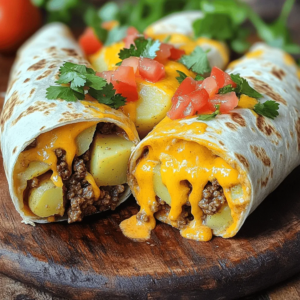 To make these cheesy beef and potato burritos, gather the following ingredients: - 1 lb ground beef - 2 medium potatoes, peeled and diced - 1 cup shredded cheddar cheese - 1 cup shredded Monterey Jack cheese - 1 packet taco seasoning - 1 tablespoon olive oil - 4 large flour tortillas - 1 cup nacho cheese sauce (store-bought or homemade) - ½ cup diced tomatoes - ¼ cup chopped fresh cilantro - Sour cream and jalapeños for garnish (optional) These ingredients create a delicious blend of flavors. The beef and potatoes provide a hearty filling. The cheeses add richness, while the nacho drizzle enhances every bite. To prepare the burritos, you will need: - A large pot for boiling potatoes - A large skillet for cooking beef - A spatula for stirring - A large bowl for mixing ingredients - Non-stick skillet for grilling burritos - Measuring cups and spoons - A sharp knife for chopping Having the right tools makes cooking easier and more fun. When selecting your ingredients, keep these tips in mind: - Choose lean ground beef for a healthier option. Look for 80/20 or 85/15 blends. - Select fresh, firm potatoes. Yukon Gold or Russet potatoes work best. - Opt for high-quality cheese for the best melting effect. - Fresh cilantro adds a bright flavor. Look for vibrant green leaves. - If using store-bought nacho cheese, check the label for real cheese content. Using quality ingredients ensures your burritos taste amazing. For the complete recipe, check the [Full Recipe]. Start by boiling water in a large pot. Add a pinch of salt to the water. Once it boils, add the diced potatoes. Cook them for about 10 to 12 minutes. You want them to be tender but not mushy. After cooking, drain the potatoes and set them aside. This step gives your burritos a hearty base. Now, heat a large skillet over medium heat. Add one tablespoon of olive oil to the skillet. When the oil is hot, put in the ground beef. Cook it until it turns brown, which takes about 5 to 7 minutes. Make sure to break the meat into small pieces as it cooks. If there is too much fat, drain it off. Add a packet of taco seasoning and a quarter cup of water. Mix well and let it simmer for about 5 minutes. Remove it from heat when done. This will give your beef a tasty kick. Lay a large flour tortilla flat on a clean surface. Spoon a generous amount of the beef and potato mixture into the center. Don’t overfill; you want to roll it easily! Fold in the sides of the tortilla, then roll it tightly from the bottom to the top. Repeat this for the rest of the tortillas. To grill, preheat a non-stick skillet over medium heat. Place the burritos seam-side down in the skillet. Grill each side for 2 to 3 minutes until they turn golden and crispy. This gives a nice crunch to your burritos. While your burritos are grilling, warm the nacho cheese sauce. You can do this in a small pot on the stove or in the microwave. Heat it until it is warm and smooth. Once the burritos are ready, place them on a serving plate. Drizzle the warm nacho cheese over the top. Finish with diced tomatoes and fresh cilantro for a burst of flavor. Enjoy your cheesy beef and potato burritos! For the full recipe, check the recipe section above. To roll your burrito right, start with a flat tortilla. Place your filling in the center. Leave space on the sides. Fold the sides in first, then roll from the bottom up. Keep it tight but not too tight. This keeps all the tasty filling inside. Practice makes perfect! Seasoning is key for taste. Use taco seasoning to add a punch. Mix it well with the beef for even flavor. You can also add garlic powder, onion powder, or chili powder for extra kick. Fresh herbs like cilantro can brighten the dish too. Don't be afraid to taste as you go! Serve your burritos hot for the best flavor. Drizzle warm nacho cheese right before serving. Add diced tomatoes and cilantro for a fresh touch. You can also offer sour cream and jalapeños on the side. Cut the burritos in half to show off the filling. This makes for a great presentation! Try these tips to make your cheesy beef and potato burritos even more delightful. For the full recipe, check out the detailed instructions above. {{image_2}} You can easily make these burritos meat-free. Use black beans or lentils instead of beef. They add protein and fiber. Use the same taco seasoning for bold flavor. You can also add extra veggies. Think bell peppers, corn, or zucchini. These add color and taste. This vegetarian option keeps the meal hearty and satisfying. If you love heat, add diced jalapeños to your filling. You can mix them with beef or potatoes. You can also sprinkle cayenne pepper into the taco seasoning. For a different kick, try chipotle peppers in adobo sauce. They add smokiness and spice. Top your burrito with hot sauce for extra flavor. Switch up the cheese for a different taste. Pepper jack cheese adds a nice kick. You can also use queso fresco for a creamy texture. If you prefer a vegan option, try cashew cheese. It melts well and has a great flavor. Don't forget to check out the Full Recipe for more details on how to create these delicious variations! To keep your Cheesy Beef & Potato Burritos fresh, let them cool first. Place them on a plate at room temperature for about 30 minutes. Once cool, wrap each burrito in plastic wrap. This helps keep them moist. Store the wrapped burritos in an airtight container. They stay good in the fridge for up to three days. If you have extra burritos, freezing is a great option. Wrap each burrito tightly in foil after cooling. Then, place them in a freezer-safe bag. Remove as much air as possible to avoid freezer burn. These burritos can last up to three months in the freezer. Just label the bag with the date so you know when to use them. Reheating burritos can be tricky. For the best taste, use an oven. Preheat it to 350°F (175°C). Unwrap the burritos and place them on a baking sheet. Heat for about 15-20 minutes. This method keeps them crispy. If you are short on time, you can use a microwave. Just wrap them in a damp paper towel and heat for 1-2 minutes. The microwave makes them soft but may lose some crunch. To enjoy that nacho drizzle, reheat it separately in a small pot. Pour it over the warm burritos before serving. For the full recipe, check back to the main section. You can make burritos ahead by preparing the filling first. Cook the beef and potatoes as noted in the recipe. Once cooled, wrap the filling in tortillas and seal them tightly. Store them in an airtight container in the fridge. When ready to eat, grill them as instructed. You can also freeze them for later. Just reheat before serving. If you don’t have taco seasoning, make your own mix. Use chili powder, cumin, garlic powder, and onion powder. Combine these spices in a bowl. Use about two tablespoons of this mix for the recipe. It adds flavor without store-bought seasoning. Yes, you can use different cheeses for the drizzle. Pepper Jack adds a spicy kick. Gouda gives a rich flavor. Just make sure it melts well. You can also blend cheeses for a unique taste. Experiment to find your favorite mix. Cheesy beef and potato burritos are easy to make and tasty. We covered the main ingredients and essential tools. I shared tips to pick the best items. The step-by-step guide helps you cook and assemble the burritos with a delicious nacho drizzle. You can enhance flavors and roll them perfectly with my tips. Feel free to try variations like vegetarian options or different cheeses. Proper storage and reheating methods keep leftovers fresh. Enjoy your cooking journey, and get ready to delight your taste buds with this fun dish!