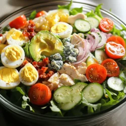 Classic Cobb Salad is fresh and filling. Here are the key ingredients you need: - 4 cups mixed salad greens (romaine, arugula, and spinach) - 2 large eggs, hard boiled and sliced - 1 cup cooked chicken breast, diced - 1 large avocado, diced - 1 cup cherry tomatoes, halved - 1/2 cup crumbled blue cheese - 1/4 cup cooked bacon bits (optional) - 1/2 cup cucumber, sliced - 1/4 cup red onion, thinly sliced These ingredients create a colorful and tasty dish. The greens provide a crisp base. The chicken adds protein, while the eggs give richness. Avocado brings creaminess, and tomatoes add sweetness. Blue cheese gives a bold flavor, and bacon adds a savory crunch. You can customize your Cobb Salad to fit your taste. Here are some optional ingredients: - Chopped nuts for extra crunch - Fresh herbs like parsley or cilantro for brightness - Bell peppers for extra color and sweetness - Different cheeses like feta or goat cheese Feel free to mix and match. This makes the salad your own. A good dressing ties everything together. For a classic Cobb Salad dressing, use: - 1/4 cup olive oil - 2 tablespoons red wine vinegar (or apple cider vinegar for a twist) - 1 teaspoon Dijon mustard - Salt and pepper to taste This dressing is simple yet full of flavor. It adds a tangy brightness to the salad. You can adjust the vinegar for more zest or the mustard for a kick. For a creamier option, try adding yogurt or sour cream. Remember, you can find the full recipe for this delicious salad [Full Recipe]. Enjoy crafting your perfect Cobb Salad! To start, you need to prep your ingredients. First, hard boil the eggs. Place them in a pot of water. Bring it to a boil, then let it simmer for 10 minutes. Next, cool the eggs under cold water. This helps them peel easily. Once cooled, peel and slice the eggs. Now, take your mixed salad greens. I like to use romaine, arugula, and spinach. Wash them well and spin them dry. This makes the salad crisp and fresh. Dice the cooked chicken breast and avocado. Halve the cherry tomatoes and slice the cucumber. For the red onion, slice it thinly. In a large bowl, start with the mixed greens as your base. This gives your salad a nice, fresh look. Next, arrange the diced chicken, diced avocado, halved cherry tomatoes, and cucumber slices in neat rows over the greens. Now it’s time for the blue cheese. Crumble it on top for a salty kick. If you like bacon, sprinkle the bacon bits over the salad. Finally, add the thinly sliced red onion. This adds a nice crunch and flavor. For the dressing, grab a separate bowl. Whisk together olive oil, red wine vinegar, and Dijon mustard. Add salt and pepper to taste. This will give your salad a zesty flavor. Once your dressing is ready, drizzle it over the arranged salad just before serving. This keeps the greens fresh and crisp. If you want, you can gently toss the salad for a mixed flavor. Or, serve it as is for a beautiful presentation. For the complete steps and tips, check out the Full Recipe. To hard boil eggs, start with fresh eggs. Place them in a pot and cover them with cold water. Bring the water to a boil over high heat. Once boiling, turn off the heat and cover the pot. Let the eggs sit for about 12 minutes. After that, cool them in ice water for a few minutes. Then, crack and peel the shells. This method helps prevent green rings around the yolk and keeps the eggs tender. Fresh ingredients make the Cobb salad shine. When picking salad greens, look for vibrant colors and no wilted leaves. For tomatoes, choose firm ones with smooth skin. Avocados should be slightly soft to the touch but not mushy. The chicken should have a pleasant smell, and bacon should be crisp. Always check the sell-by dates on packaged items like cheese and dressings. For a beautiful Cobb salad, presentation matters. Use a large clear bowl to show off the colorful layers. You can also serve the salad on individual plates for a nice touch. Arrange the ingredients in neat rows for a stunning look. Garnish with extra blue cheese and a sprig of fresh herb for added appeal. This makes your salad not just tasty but also a feast for the eyes. {{image_2}} You can easily make a Cobb salad vegetarian or vegan. For a vegetarian dish, skip the chicken and bacon. Instead, add protein-rich ingredients like chickpeas or quinoa. You can also use feta or a dairy-free cheese. For a vegan option, replace eggs with sliced avocado or roasted chickpeas. Use a vegan dressing made with tahini or avocado oil. These swaps keep the salad tasty and filling. If you want to switch up proteins, there are many options. Grilled shrimp or salmon add a nice twist. You can also use turkey or tofu for a different flavor. For a meat-free option, try lentils or black beans. Each protein brings its unique taste and texture to the classic Cobb salad. Dressings make the salad come alive. While a classic vinaigrette works well, you can explore fun flavors. Try a spicy chipotle dressing for a kick or a creamy avocado dressing for richness. Adding toppings like roasted nuts, seeds, or fresh herbs can enhance the taste. You can even add fruits like apples or berries for a sweet touch. These twists keep the salad fresh and exciting. For the full recipe, check the Crispy Cobb Salad Delight section above. To keep your Cobb salad fresh, first, separate the dressing from the salad. This keeps the greens crisp and prevents sogginess. Place any leftover salad in an airtight container. Make sure to cover it tightly. Store it in the fridge for up to three days. If you have leftover dressing, store it in a small jar. It can last up to a week in the refrigerator. I recommend using glass containers for storing salads. Glass keeps food fresh and is easy to clean. Choose containers that have tight-fitting lids. This helps keep your Cobb salad safe from air and moisture. If you prefer plastic, look for BPA-free options. These are safe and can save weight in your lunch bag. If you have leftover chicken from your Cobb salad, reheating it is simple. Place the chicken in a microwave-safe dish. Add a splash of water to keep it moist. Cover the dish with a lid or microwave-safe cover. Heat for 30 seconds at a time until the chicken is hot. Always check the temperature to ensure it is safe to eat. Enjoy your chicken warm, but avoid reheating the salad greens. They taste best fresh! A Classic Cobb Salad has many tasty ingredients. You need mixed greens, like romaine, arugula, and spinach. Add hard-boiled eggs, diced chicken, and avocado. Cherry tomatoes, blue cheese, and bacon bits bring in extra flavor. For crunch, include sliced cucumber and red onion. This salad is colorful and full of textures. Yes, you can make Cobb Salad ahead of time. Prepare the ingredients and store them separately. Keep the greens fresh in a bag or container. You can mix the other items in another container. Just add the dressing right before serving. This keeps the salad crisp and fresh. If you don't like blue cheese, you have options. Feta cheese adds a salty kick. Goat cheese is another great choice; it is creamy and tangy. Parmesan cheese can give a nutty flavor too. Use what you enjoy most for a tasty twist on this salad. To keep your salad fresh, store it in an airtight container. Use paper towels to absorb moisture inside. This helps prevent sogginess. If using dressing, keep it separate until ready to eat. Following these tips will help you enjoy your Cobb Salad longer. For the full recipe, check out the Crispy Cobb Salad Delight section. Cobb salad is a versatile dish that offers many options for everyone. We covered classic ingredients, optional add-ins, and tasty dressings. You learned how to prepare, layer, and dress your salad just right. Remember the tips for hard-boiling eggs and choosing fresh ingredients to enhance your dish. Variations let you personalize your salad, and proper storage helps keep leftovers fresh. Enjoy experimenting with flavors and make your own perfect Cobb salad.