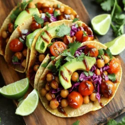 - 1 can (15 oz) chickpeas, drained and rinsed - 1/2 cup BBQ sauce (your favorite brand) - 1 tablespoon ranch seasoning mix These main ingredients create the heart of your BBQ Ranch Chickpea Tacos. Chickpeas are a great source of protein and fiber. They add a nice texture to the dish. The BBQ sauce brings sweetness and tang. It gives the tacos a smoky flavor. The ranch seasoning mix adds a creamy and herby taste that ties everything together. - 1 avocado, sliced - 1 cup red cabbage, shredded - 1/2 cup cherry tomatoes, halved - 1/4 cup fresh cilantro, chopped Toppings make these tacos fun and colorful. Sliced avocado adds creaminess. Red cabbage gives a nice crunch and vibrant color. Halved cherry tomatoes add sweetness and juiciness. Fresh cilantro brings a burst of freshness and flavor. Each topping adds something special to the dish. - 8 small corn or flour tortillas - Lime wedges, for serving You can use corn or flour tortillas for your tacos. Corn tortillas are gluten-free and have a great taste. Flour tortillas are soft and chewy. Both options work well. Serve with lime wedges for an extra zing. Squeezing lime juice over the tacos brightens the flavors. Check out the Full Recipe for step-by-step guidance to make these tasty tacos! - Combine chickpeas and spices In a medium bowl, mix one can of chickpeas with 1/2 cup of BBQ sauce, 1 tablespoon of ranch seasoning, 1 tablespoon of olive oil, and 1 teaspoon of smoked paprika. Stir until the chickpeas are well coated. - Cook the chickpea mixture Heat a skillet over medium heat. Add the chickpea mixture and cook for about 6-8 minutes. Stir occasionally until the chickpeas are warm and slightly caramelized. - Warm the tortillas While the chickpeas cook, warm the tortillas. You can use a skillet or microwave until they are soft and easy to fold. - Assemble the tacos Take the warm tortillas and distribute the BBQ chickpeas evenly among them. Each taco should have a good amount of the flavorful mixture. - Add toppings Top each taco with shredded red cabbage, sliced avocado, halved cherry tomatoes, and fresh cilantro. These toppings add crunch and flavor. - Squeeze lime juice Just before serving, squeeze fresh lime juice over the tacos. This adds a burst of brightness and enhances the overall taste. For the full recipe, check out the details above. Enjoy your tasty BBQ Ranch Chickpea Tacos! You can make these tacos your own. Want more protein? Add cooked chicken or tofu. You can also mix in black beans or corn for extra texture. If you like heat, try adding jalapeños or a splash of hot sauce. Spice it up as you wish! For the best taste, marinate your chickpeas for an hour. This lets the flavors soak in. Use a good BBQ sauce; it makes all the difference. When cooking, stir the chickpeas often. This helps them caramelize and enhances their flavor. These tacos pair great with a fresh salad or chips. You can also serve them with guacamole or salsa on the side. For garnish, think fresh cilantro or a sprinkle of cheese. Lime wedges add a nice zing when you squeeze them on top. For the complete method, check out the Full Recipe. {{image_2}} Vegan options These tacos are already vegan! Chickpeas and veggies shine here. Use your favorite BBQ sauce, and ranch seasoning mix that does not have dairy. This keeps the dish flavorful and plant-based. Gluten-free alternatives You can easily make these tacos gluten-free. Simply swap regular tortillas for gluten-free corn tortillas. They hold up well and add a nice texture to your meal. Alternate legumes You can switch chickpeas for other legumes. Black beans or lentils work great. They add different flavors but still give you that hearty texture. Different sauces Feel free to change the BBQ sauce. Try a spicy sauce for heat or teriyaki for sweetness. Each change can make the dish feel new and exciting. Adding spices or herbs Spices can boost the flavor. Add cumin or chili powder for a kick. Fresh herbs like parsley or dill can also bring freshness to your tacos. Alternative toppings Get creative with toppings! Instead of avocado, try guacamole or cashew cream. You can also use radishes for crunch or pickled onions for tang. Each choice adds its own flair to your meal. For the full recipe, check out the BBQ Ranch Chickpea Tacos section. To keep your BBQ Ranch Chickpea Tacos fresh, store them in an airtight container. This method locks in flavor and keeps the tacos from drying out. Place the chickpea mixture and toppings in separate containers. This way, the tortillas stay soft. You can store the leftovers in the fridge for up to three days. If you want to keep them longer, freeze the chickpea mix. It lasts for about two months in the freezer. When you're ready to enjoy leftovers, reheating is key. For the chickpea mixture, use a skillet over medium heat. Stir it often to avoid burning. If you prefer the microwave, heat it in short bursts. Check every 30 seconds to keep texture. For tortillas, briefly warm them in a skillet or microwave. This keeps them soft and tasty. Avoid overheating, as this can make them tough. Leftover BBQ Ranch Chickpea Tacos have a good shelf life. In the fridge, they are best within three days. After that, they may lose taste or texture. When frozen, the chickpea mix lasts about two months. Always check for spoilage signs before eating. Look for off-smells or unusual colors. If you notice any, it's best to discard the food. Enjoy the full recipe for the best flavor! BBQ Ranch Chickpea Tacos are a fun twist on traditional tacos. They use chickpeas as the main filling. The chickpeas mix with BBQ sauce and ranch seasoning for a tasty flavor. These tacos are easy to make and perfect for any meal. To make these tacos vegan, simply use a vegan BBQ sauce. You can also swap ranch seasoning with a vegan version. Check the labels to ensure they are plant-based. This way, you keep all the great taste without using animal products. Yes, you can use dried chickpeas! Start by soaking them overnight. Rinse and cook them in boiling water for about 1 to 1.5 hours until tender. Once cooked, follow the same steps in the recipe. This method gives a fresh taste to your tacos. Yes, BBQ Ranch Chickpea Tacos can be gluten-free. Use corn tortillas instead of flour tortillas. Many brands offer gluten-free options, so check the package. This way, you can enjoy the tacos without gluten concerns. BBQ Ranch Chickpea Tacos are healthy and filling. Each serving has about 400 calories. You get 15 grams of protein and 10 grams of fiber. This makes them a great choice for a balanced meal. Check the Full Recipe for more details on nutrition. BBQ Ranch Chickpea Tacos are simple and fun to make. We covered the main ingredients, cooking steps, and tasty ideas for toppings. Customizing your tacos makes them fit your taste and diet. Remember to store leftovers well for later. Enjoy these flavors with friends and family. With the right tips, you can make this dish your own. Now you have all the info to create a delicious meal!