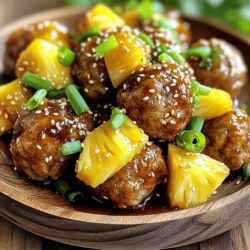 - 1 lb ground chicken (or turkey) - 1/2 cup breadcrumbs - 1/4 cup green onions, finely chopped - 1/4 cup fresh cilantro, chopped - 1/4 cup soy sauce - 2 tablespoons brown sugar - 1 tablespoon grated ginger - 2 cloves garlic, minced - 1/2 cup crushed pineapple, with juice - 1 teaspoon sesame oil - 1 tablespoon cornstarch mixed with 2 tablespoons water (for thickening) - Sesame seeds for garnish Each ingredient plays a big part in the flavor and texture of your meatballs. - Ground chicken or turkey gives a nice, light taste. You can use beef if you prefer. - Breadcrumbs help keep the meatballs tender and moist. They soak up the juices well. - Green onions and cilantro add freshness and a pop of color. - Soy sauce is salty and umami-rich. It brings depth to the dish. - Brown sugar balances the salty soy sauce with sweetness. - Ginger and garlic add a warm, spicy note. They enhance the overall flavor. - Crushed pineapple brings sweetness and moisture. It also adds a fun tropical twist. - Sesame oil gives a nutty flavor that ties everything together. If you want to change things up, here are some easy swaps: - Use ground turkey instead of chicken for a leaner option. - Try panko breadcrumbs for extra crunch. - If you don’t have green onions, use regular onions. - Replace soy sauce with tamari for gluten-free meatballs. - Honey or maple syrup can substitute for brown sugar. - For a spicy kick, add a pinch of red pepper flakes. These substitutions help you adapt the recipe to your taste or what you have on hand. Enjoy experimenting! For the full recipe, check out the complete guide. Start by gathering your ingredients. You will need ground chicken, breadcrumbs, green onions, cilantro, soy sauce, ginger, garlic, crushed pineapple, and sesame oil. In a large bowl, mix the ground chicken and breadcrumbs. Then add half of the green onions and cilantro. Next, pour in the soy sauce, ginger, garlic, and crushed pineapple with its juice. Use your hands to mix everything until it is just combined. This keeps the meatballs tender. Preheat your oven to 400°F (200°C). While the oven heats, form the meat mixture into 1-inch meatballs. Place them on a baking sheet lined with parchment paper. Make sure they have some space between them. Bake the meatballs for 20-25 minutes. They should be golden brown and cooked through. You can use a meat thermometer to check the inside temperature, which should be 165°F (74°C). While the meatballs bake, it’s time to make the teriyaki sauce. In a small saucepan, mix the remaining soy sauce, brown sugar, sesame oil, and ginger. Heat it over medium heat. Stir well until the sugar dissolves. Bring the sauce to a simmer. In a separate bowl, mix cornstarch with water and whisk it into the sauce. Keep cooking for 2-3 minutes until it thickens. Once the meatballs are done, toss them gently in the sauce. Serve them warm, topped with green onions and sesame seeds. For the full recipe, check the link above. To make moist meatballs, start with ground chicken or turkey. These meats stay tender. Adding breadcrumbs helps too. They soak up moisture and keep your meatballs juicy. Also, don’t overmix the meat. Mix just until combined to keep them soft. Lastly, shape them gently. Rough handling can make them tough. For a great teriyaki sauce, balance is key. Use soy sauce for saltiness and richness. The brown sugar adds sweetness, which complements the savory flavor. Grated ginger gives the sauce a fresh kick. When making the sauce, heat it slowly. This allows the flavors to blend well. Whisk in cornstarch-water to thicken. Make sure to stir constantly to avoid lumps. Serve pineapple teriyaki meatballs over rice for a filling meal. You can also use noodles for a different twist. Add steamed broccoli or snap peas for color and crunch. For a fun snack, serve them as appetizers with toothpicks. Don’t forget to drizzle extra teriyaki sauce on top for more flavor. For more details, check the Full Recipe. {{image_2}} You can easily make this dish vegetarian or vegan. Instead of ground chicken, use plant-based meat. Look for brands that mimic chicken well. If you prefer a healthier option, use mashed chickpeas or lentils. For a firm texture, add oats or quinoa. Adjust the soy sauce and pineapple to keep the flavors bright and tasty. This recipe works great with different proteins. Try ground turkey for a leaner meatball. You can also use beef or pork for a richer taste. For those who love seafood, ground shrimp or fish can add a unique twist. Each protein will absorb the sauce differently, so experiment and find your favorite! You can change the flavors to suit your taste. Add more ginger for a spicier kick. If you like heat, toss in some red pepper flakes. You can also mix in a bit of teriyaki sauce for extra flavor. For a sweet touch, try adding honey or brown sugar. Use fresh herbs like basil or mint for a fresh note. Check out the Full Recipe for more ideas! To store leftover pineapple teriyaki meatballs, let them cool first. Place them in an airtight container. This helps keep them fresh. You can store them in the fridge for up to four days. Make sure to label the container with the date. This way, you will know how long they have been there. When you're ready to enjoy the leftovers, you can reheat them easily. The best way is to use the oven. Preheat the oven to 350°F (175°C). Place the meatballs on a baking sheet. Heat them for about 10-15 minutes. You can also use the microwave. Just heat them for 1-2 minutes, checking often. If you want to save some meatballs for later, freezing is a great option. After cooling, place the meatballs in a freezer-safe container. You can also use a zip-top bag. Make sure to remove as much air as possible. They will stay good in the freezer for up to three months. When you are ready to eat them, thaw in the fridge overnight before reheating. For the full recipe, check out the details provided above. Yes, you can use store-bought teriyaki sauce. It saves time and effort. Look for sauces with natural ingredients for better flavor. If you pick a brand, check the label for the right taste. Many sauces work well with these meatballs. Just pour it over the meatballs after baking. It’s quick and easy! To make meatballs from scratch, mix the ground chicken, breadcrumbs, and seasonings. Use a large bowl for mixing. You want to combine them well but not overmix. Then, form the mixture into 1-inch balls. This keeps them tender. You can use your hands or a scoop. Once shaped, place them on a baking sheet lined with parchment paper. Yes, grilling these meatballs is a great idea! Grilling adds a smoky flavor. To grill, preheat your grill to medium heat. Place the meatballs on skewers for easier handling. Grill them for about 10-15 minutes, turning often. Make sure they cook all the way through. This method gives a nice char while keeping them juicy. In this article, we covered how to make tasty teriyaki meatballs. We looked at the key ingredients and shared useful substitutions. I provided step-by-step instructions for quick prep and baking, plus tips for moist meatballs. We explored variations, including vegetarian options, and discussed storage methods for leftovers. For the best results, follow these guidelines and feel free to experiment. You’ll enjoy delicious meals that suit your taste. Happy cooking!