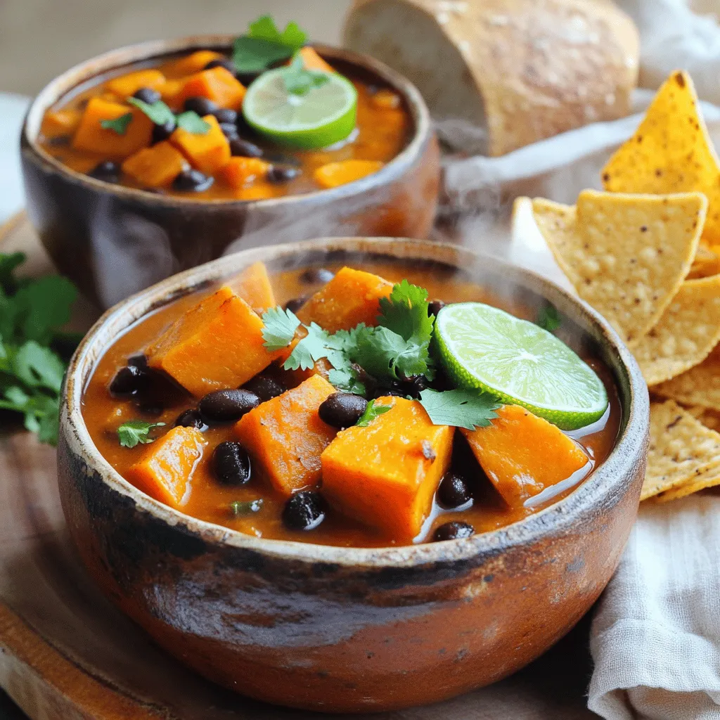 For a hearty sweet potato black bean chili, you will need: - 2 medium sweet potatoes, peeled and diced - 1 can (15 oz) black beans, drained and rinsed - 1 can (14 oz) diced tomatoes - 1 medium onion, chopped - 2 cloves garlic, minced - 1 bell pepper (any color), chopped The spices bring the flavor to life: - 1 tablespoon chili powder - 1 teaspoon cumin - 1 teaspoon smoked paprika - ½ teaspoon cayenne pepper (adjust to your taste) - Salt and pepper to taste For the perfect finish, consider these garnishes and sides: - Fresh cilantro - Lime wedges - Crusty bread - Tortilla chips This recipe is packed with color and flavor. You can find the full recipe [here](Full Recipe). Enjoy the vibrant mix of sweet potatoes and black beans that make this dish both filling and nutritious! To start, you will need to sauté the onion and bell pepper. Use a large pot and heat the olive oil over medium heat. Once hot, add the chopped onion and bell pepper. Sauté for about 5 minutes. You want them soft but not brown. Next, it’s time to add the garlic and spices. After the onion and bell pepper soften, add the minced garlic. Cook for one more minute until you smell its great aroma. Then, mix in the chili powder, cumin, smoked paprika, and cayenne pepper. This adds a bold flavor to your chili. Now, incorporate the sweet potatoes and liquids. Stir in the diced sweet potatoes. Pour in the vegetable broth and add the can of diced tomatoes, including their juices. This will create a rich and hearty base for your chili. Bring the mixture to a boil. Once it boils, reduce the heat to low. Let it simmer for about 25 to 30 minutes. You want the sweet potatoes to become tender. After the sweet potatoes are tender, add the black beans. Gently stir them into the pot to combine. Let them simmer for an additional 10 minutes. This heats the black beans through and blends the flavors. Finally, season with salt, pepper, and lime juice to taste. To serve, ladle the chili into bowls. Top with fresh cilantro and a squeeze of lime. This adds a burst of freshness to each bite. Enjoy it with crusty bread or tortilla chips on the side for a complete meal. For the full recipe, check out [Full Recipe]. To cook sweet potatoes evenly, cut them into small, equal pieces. This helps them cook at the same rate. When you add them to the pot, stir them well with spices. It makes the flavors mix better. Adjusting spice levels is key. If you like it mild, cut back on the cayenne pepper. For a kick, add more! Taste the chili as it cooks. This way, you can find your perfect heat. To check for doneness, simply pierce a sweet potato piece with a fork. It should be soft and tender. If it resists, let it simmer a bit longer. Don't rush this step; well-cooked sweet potatoes make the chili great. If you want a thicker chili, let it simmer uncovered. This allows extra liquid to evaporate. You can also mash some sweet potato pieces against the pot's side for a creamy texture. Want to boost the flavor? Try adding a dash of cinnamon or a splash of balsamic vinegar. Both can add a unique twist to your chili. You can also mix in corn or diced green chiles for extra flavor. For garnishes, fresh cilantro works wonders. It adds a burst of freshness. A wedge of lime can give your bowl a zesty finish. You can even sprinkle some cheese on top if you like! Remember, you can find the full recipe to help guide you in making this delicious dish. Enjoy your cooking! {{image_2}} You can add more protein to your chili. Try using other beans like kidney or pinto beans. Lentils are another great choice for extra fiber. They cook fast and blend well with the chili. If you want a different texture, include tofu or tempeh. These plant-based proteins soak up flavors well and add a hearty bite. Feel free to mix in other vegetables. Zucchini, carrots, or corn can add nice texture and color. You can also use seasonal veggies for freshness. In summer, try adding fresh tomatoes or bell peppers. In fall, consider using butternut squash or pumpkin. Each veggie changes the taste and makes the dish unique. Spices can change the whole flavor of your chili. Try different chili spice blends for variety. You can use chipotle powder for a smoky flavor or even curry powder for a twist. To adjust the heat, use various peppers. Jalapeños or serranos can add heat, while bell peppers keep it mild. Experiment with spices to find your perfect balance. To keep your sweet potato black bean chili fresh, use airtight containers. Glass or plastic containers work well. Fill the container, leaving space at the top. This helps avoid spills. If you want to save it for longer, freezing is a great option. Just use freezer-safe bags or containers. Be sure to label them with the date. You can reheat chili in two ways: the microwave or the stovetop. For the microwave, place your chili in a bowl. Cover it loosely to avoid splatters. Heat for 1-2 minutes, stirring halfway. On the stovetop, use a pot over medium heat. Stir often to warm it evenly. This method keeps the texture nice. In the fridge, your chili lasts about 4-5 days. Always check for signs of spoilage. If it smells sour or looks off, it’s best to toss it. If the texture changes or you see mold, don’t eat it. Fresh chili is always best for taste and safety. For more details, check the Full Recipe. Yes, you can use a slow cooker for this chili. Here are the steps: 1. Prep your veggies: Chop the onion, bell pepper, and sweet potatoes. 2. Sauté first: Heat olive oil in a pan. Sauté the onion and bell pepper for about 5 minutes. Add garlic and cook for another minute. 3. Combine in slow cooker: Transfer the sautéed veggies to your slow cooker. Add sweet potatoes, black beans, diced tomatoes, and vegetable broth. 4. Spice it up: Stir in chili powder, cumin, smoked paprika, and cayenne pepper. 5. Set the timer: Cover and cook on low for 6-8 hours or high for 3-4 hours. Stir occasionally if you can. 6. Finish with lime: Before serving, add lime juice and stir. This method makes the chili rich and flavorful. If you want to swap sweet potatoes, here are some great options: - Regular potatoes - Butternut squash - Carrots - Pumpkin - Parsnips Each of these adds a unique flavor and texture. Adjust cooking times as needed. Yes, this chili is gluten-free! All the ingredients are safe. Just be cautious with any canned products. Check labels for hidden gluten. Enjoy this hearty dish without worry. This blog post guides you through making a delicious chili. You learned about key ingredients, spices, and how to prepare them. We also covered cooking steps, useful tips, and tasty variations. The storage section ensures your chili stays fresh. Cooking can be fun and rewarding. Enjoy sharing your chili with family and friends. Remember, you can adjust the recipe to fit your tastes. Happy cooking!