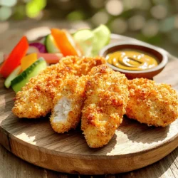 To make tasty air fryer chicken tenders, you need: - 1 lb chicken breast, sliced into strips - 1 cup buttermilk - 1 cup all-purpose flour - 1 cup breadcrumbs (preferably panko for extra crispiness) These main ingredients give you the perfect base. The chicken makes the dish hearty. Buttermilk adds moisture. Flour and breadcrumbs create the crunchy coating. Next, let’s spice things up! You will need: - 1 teaspoon garlic powder - 1 teaspoon onion powder - 1 teaspoon paprika - 1/2 teaspoon cayenne pepper (optional for extra spice) - Salt and pepper to taste These seasonings bring flavor. Garlic and onion powder add depth. Paprika gives a nice color. Cayenne pepper can add a little kick if you like spice. Want to make your chicken tenders even better? Consider these add-ins: - Fresh herbs like parsley or thyme - Grated Parmesan cheese mixed with breadcrumbs - A splash of hot sauce in the buttermilk These options let you play with flavors. Fresh herbs add brightness. Cheese gives a rich taste. Hot sauce can make them fiery and fun! For the full recipe, check out the Crispy Air Fryer Chicken Tenders. You’ll love how easy it is to whip up this crunchy and juicy treat! Start by marinating the chicken. Take your chicken strips and place them in a large bowl. Pour in the buttermilk until the chicken is fully covered. Cover the bowl with plastic wrap and place it in the fridge. Let the chicken soak for at least 30 minutes to make it tender. If you can wait longer, leave it overnight. This step is key for juicy and flavorful chicken. Next, we need to set up our breading station. In one shallow bowl, mix the flour, garlic powder, onion powder, paprika, cayenne pepper, salt, and pepper. This mix gives a great flavor to the chicken. In another shallow bowl, add your breadcrumbs. I prefer panko for crunch, but any breadcrumbs work. This setup makes breading the chicken easy and fun. Now, it's time to preheat the air fryer. Set it to 400°F (200°C) and let it heat for about 5 minutes. Preheating helps the chicken cook evenly and become crispy. While the air fryer heats up, you can start coating the chicken strips. Follow the breading steps for a delicious finish. For the full recipe, check out the details above. After you coat the chicken, it's time to arrange them in the air fryer. Place the chicken tenders in a single layer. Make sure they do not touch each other. This allows hot air to flow around each piece, giving you that perfect crunch. If you crowd the basket, they may steam instead of fry. Set your air fryer to 400°F (200°C). Cook the chicken tenders for 10 to 12 minutes. This high heat helps create a crispy outside while keeping the inside juicy. You want them golden brown. Use a meat thermometer to check the internal temperature. It should reach 165°F (75°C) for safety. Halfway through cooking, flip the chicken tenders. This step is key for even crispiness. The air fryer cooks from all sides, but flipping helps achieve that perfect golden color. Use tongs for this step to prevent burns. After flipping, spray the top again with a bit of cooking spray for added crunch. {{image_2}} To make your chicken tenders crunchy, use panko breadcrumbs. They add extra texture. Coat each tender well with the flour mix. This step is key for a great crunch. Don't skip the buttermilk soak; it keeps the chicken juicy. Ensure your air fryer is preheated to 400°F. This helps the tenders crisp right away. To stop chicken tenders from sticking, spray the air fryer basket with cooking spray. A light coat goes a long way. Arrange the tenders in a single layer. Avoid overcrowding; it leads to uneven cooking. Flip the chicken halfway through cooking. This helps both sides crisp up nicely. Serve your chicken tenders hot for the best taste. Pair them with sauces like honey mustard or BBQ. Add some fresh veggies or a salad on the side for color. This makes your plate look great and adds healthy crunch. You can find the full recipe to start cooking today! You can easily change the flavor of your chicken tenders. For a spicy kick, add more cayenne pepper or some hot sauce to the buttermilk. This gives the chicken a nice heat. If you prefer mild flavors, skip the cayenne altogether. Instead, add herbs like thyme or rosemary for a fresh taste. You can also mix in some lemon zest for brightness. You can make these chicken tenders gluten-free. Use gluten-free flour instead of all-purpose flour. Also, choose gluten-free breadcrumbs. These swaps keep the crunchy texture while being safe for those with gluten sensitivities. Always check labels to ensure your ingredients are truly gluten-free. While an air fryer is great, you can also bake or pan-fry these tenders. To bake, preheat your oven to 425°F (220°C). Place the tenders on a baking sheet and spray them with cooking spray. Bake for about 15-20 minutes, flipping halfway. For pan-frying, heat oil in a skillet over medium heat. Cook the tenders for about 4-5 minutes on each side until golden brown. Each method gives you a tasty result, just with a different texture. For the complete recipe, check the [Full Recipe]. To check if your chicken tenders are cooked, use a meat thermometer. The inside should reach 165°F (75°C). The outside will be golden and crispy. You can also cut one open. The meat should be white and not pink. Juices should run clear. This ensures your chicken is safe and tasty. Yes, you can prepare these chicken tenders ahead of time. Marinate the chicken and coat it with the breading. Then, store them in the fridge for up to 24 hours. When you're ready, just air fry them. You can also freeze the breaded tenders. When frozen, they last for about three months. Cook them from frozen; just add a few extra minutes to the cooking time. Dipping sauces can make your chicken tenders even better. Some popular choices include: - Honey mustard - Ranch dressing - Barbecue sauce - Ketchup - Buffalo sauce Feel free to mix and match! You can even create your own sauces. Try mixing yogurt with herbs for a fresh dip. Get creative and find your favorite combo. For more ideas, check the Full Recipe. You learned how to make tasty air fryer chicken tenders. We discussed key ingredients, the right steps for cooking, and helpful tips for perfect crispiness. Remember to marinate your chicken and preheat your air fryer for the best results. Variations, like spicy or gluten-free options, let you get creative. Enjoy your chicken tenders with your favorite dipping sauces for a fun meal. Now, get cooking and impress your friends and family!