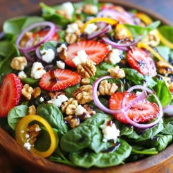 To make a delicious Strawberry Spinach Salad, you need fresh items. Here’s what you need: - 6 cups fresh spinach, washed and dried - 1 cup strawberries, hulled and sliced - 1/2 cup walnuts, toasted - 1/4 cup feta cheese, crumbled - 1 small red onion, thinly sliced These fresh ingredients give the salad great color and taste. The spinach adds a nice crunch. Strawberries bring a sweet touch, while walnuts add a nutty flavor. Feta cheese gives a creamy bite, and red onion adds a sharp taste. Now, let's look at pantry items you need for the dressing: - 1/4 cup balsamic vinegar - 2 tablespoons honey - 3 tablespoons olive oil - Salt and pepper to taste These pantry items help create a dressing that’s both sweet and tangy. Balsamic vinegar adds depth, and honey balances the acidity. Olive oil gives the dressing a smooth texture. Salt and pepper bring out all the flavors. This recipe serves four people. Each serving has a good mix of nutrients. Spinach is packed with vitamins and minerals. Strawberries are rich in antioxidants. Walnuts provide healthy fats. Feta cheese adds protein. This salad is not just tasty; it’s also healthy. It’s perfect for a light lunch or dinner side. You can check the [Full Recipe] for more details on preparation and serving tips. Enjoy! To make Strawberry Spinach Salad, start with fresh ingredients. You need 6 cups of spinach, 1 cup of strawberries, 1/2 cup of walnuts, and 1/4 cup of feta cheese. Also, gather 1 small red onion, 1/4 cup of balsamic vinegar, 2 tablespoons of honey, and 3 tablespoons of olive oil. Wash and dry the spinach well. Hull and slice the strawberries thinly. Toast the walnuts in a pan for extra flavor. Thinly slice the red onion for a crisp bite. In a large mixing bowl, combine the spinach, strawberries, walnuts, feta cheese, and red onion. Gently mix them together. Use your hands or a large spoon for this. Make sure everything is evenly distributed. The colors will be bright and inviting. This step is important because it helps blend the flavors. In a small bowl, whisk together the balsamic vinegar, honey, and olive oil. Mix until the dressing is well-blended and a bit thick. Drizzle this dressing over the salad ingredients. Gently toss everything to coat well. Add salt and pepper to taste. Allow the salad to sit for a few minutes. This lets the flavors mix together nicely. Serve it fresh for the best taste. You can find the Full Recipe for more details. When picking strawberries, look for bright red color. The best berries feel firm and plump. Avoid ones with soft spots or dark patches. The green leaves should be fresh and green, not wilted. If you can, smell them. Good strawberries have a sweet aroma. Local farmers' markets often have the freshest options. Always wash strawberries right before you plan to use them. If you have leftover salad, store it in an airtight container. Keep the dressing separate to prevent sogginess. The salad stays fresh for about one day in the fridge. Before eating, check for any wilted greens or soggy fruit. If it looks good, toss in some fresh spinach or new strawberries to brighten it up. To boost the flavor, add nuts or seeds for crunch. Try using sunflower seeds or slivered almonds for a twist. Fresh herbs like basil or mint can add a unique touch. To make it sweeter, drizzle more honey or add sliced apples. Experiment with different cheeses too, like goat cheese or blue cheese. Each change can create a new taste adventure. For more details, check out the Full Recipe. {{image_2}} Want to make your salad heartier? Add protein! Grilled chicken adds great flavor. Shrimp also works well and cooks quickly. For a vegetarian option, try chickpeas or black beans. Each adds a nice texture and boost of protein. You can also use tofu for a vegan twist. The dressing can change the whole vibe of your salad. Balsamic vinegar is classic, but you can try honey mustard. A creamy ranch dressing pairs nicely with strawberries too. If you want something light, use lemon juice and olive oil. Each dressing brings its own taste to the mix. Don’t limit yourself to strawberries! In summer, use peaches or nectarines. Apples or pears work well in fall. In winter, try pomegranate seeds for a pop of color. Each season offers unique fruits to explore. Swap fruits to keep the salad fresh and exciting. For the full recipe, check out the details above. To keep your salad fresh, store each ingredient separately. Place spinach in a dry bag. Keep strawberries in a container with air holes. This prevents them from getting mushy. Walnuts should stay in a cool, dark place. Use an airtight container for feta cheese. Make sure to keep it chilled. Once mixed, the salad tastes best right away. However, it can last in the fridge for 1 to 2 days. The spinach may wilt after that time. If you mixed it with the dressing, it might not last as long. The salad may lose its crunch after a day. Always check for freshness before eating. Freezing this salad is not a good idea. Fresh spinach and strawberries do not freeze well. They lose their texture and flavor when thawed. If you want to save some ingredients, freeze the walnuts. They will stay fresh for a few months. For the best taste, use fresh ingredients from the Full Recipe. Yes, you can prepare parts of the salad ahead of time. Wash and dry the spinach early. Slice the strawberries and store them in the fridge. Keep them separate from the dressing. Mixing it all together right before serving keeps it fresh. This way, the spinach stays crisp, and the strawberries remain juicy. This salad pairs well with many side dishes. Grilled chicken adds protein and flavor. You can also serve it with garlic bread for a nice touch. Rice or quinoa can add heartiness to your meal. For a lighter option, serve it with a bowl of soup. To make this salad vegan, skip the feta cheese. You can use vegan cheese or just leave it out. Replace honey with maple syrup for a sweet touch. This way, you keep the taste great while making it plant-based. Enjoy your fresh and bright salad! In this post, we explored how to make a delicious Strawberry Spinach Salad. We covered fresh ingredients, pantry staples, and serving size details. I provided step-by-step instructions for preparation, mixing, and dressing the salad. You learned tips for selecting strawberries and storing leftovers. We also discussed flavor variations and best storage practices. In closing, this salad is easy, tasty, and fun to make. Enjoy creating it with your unique twist!
