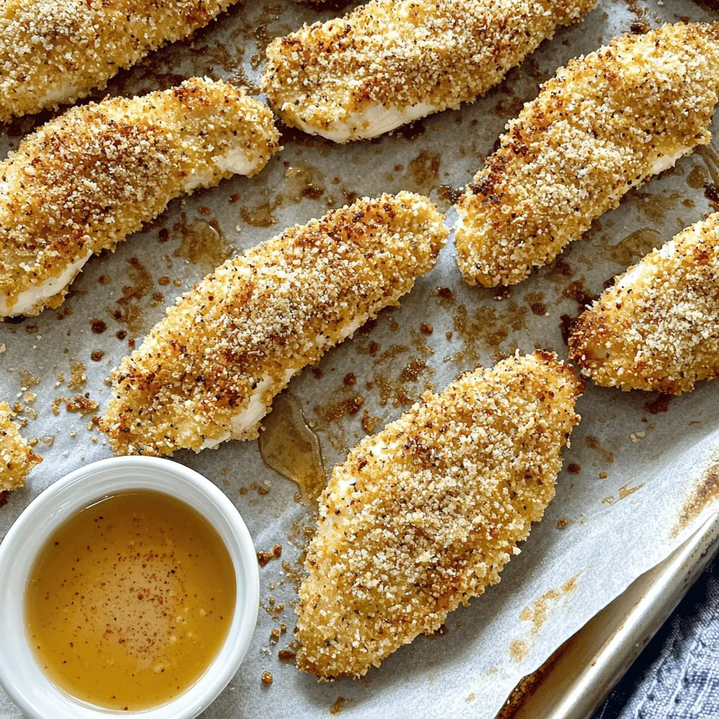 - 1 lb chicken breast, cut into strips - 1 cup breadcrumbs (preferably panko for extra crunch) - ½ cup grated Parmesan cheese - 1 teaspoon garlic powder - 1 teaspoon paprika - ½ teaspoon salt - ½ teaspoon black pepper - 1 large egg - 2 tablespoons Dijon mustard - 1 tablespoon honey - Cooking spray To make crispy baked chicken tenders, gather your ingredients first. Use fresh chicken breast for the best taste. Panko breadcrumbs give a great crunch. Parmesan cheese adds flavor and helps the coating stick. Garlic powder and paprika bring warmth and a nice color. Each serving has around: - Calories: 320 - Protein: 28g - Fats: 14g - Carbs: 20g This dish is a tasty option for a snack or meal. It packs protein, which is great for energy. - Baking sheet - Mixing bowls - Whisk - Measuring cups These tools make cooking easy. A baking sheet helps the tenders crisp up in the oven. Mixing bowls are key for combining ingredients. A whisk is perfect for blending the egg mixture. Measuring cups ensure you use the right amounts. For the full recipe, refer back to the recipe section. 1. First, preheat your oven to 400°F (200°C). This helps the chicken cook evenly. 2. Line a baking sheet with parchment paper. Lightly spray it with cooking spray to prevent sticking. 3. In a large bowl, mix the breadcrumbs with grated Parmesan cheese, garlic powder, paprika, salt, and black pepper. Stir well to combine all the flavors. 4. In another bowl, whisk together the egg, Dijon mustard, and honey until smooth. This will help the coating stick. 1. Take each chicken strip and dip it into the egg mixture. Let any extra egg drip off. 2. Next, place the chicken strip in the breadcrumb mix. Press down to coat it well. 3. A good tip is to ensure you press the breadcrumbs onto the chicken. This helps the coating stick during baking. 1. Place the coated chicken tenders on your prepared baking sheet. Leave some space between each piece. 2. Bake them in the oven for 15 to 20 minutes. You want the chicken cooked through and the coating golden brown. 3. For an extra crispy finish, turn on the broiler for the last 2 to 3 minutes. Watch closely to avoid burning. This method ensures crispy baked chicken tenders that are easy to make and full of flavor! Check the [Full Recipe] for more details. To get that perfect crispy texture, use panko breadcrumbs. Panko gives a light and airy crunch that regular breadcrumbs can't match. Their larger flakes help create a golden, crispy layer. Spray your chicken tenders with cooking spray before baking. This extra layer of oil helps the coating crisp up nicely in the oven. Pair your crispy baked chicken tenders with your favorite sauces. Ketchup, ranch, or honey mustard work well. For a fun twist, try a spicy dipping sauce. You can also serve these tenders with fresh veggies or a light salad. When plating, stack the tenders and add a sprig of parsley for a pop of color. This makes your dish look even more appealing. One common mistake is overcrowding the baking sheet. Make sure to leave space between the chicken tenders. This allows hot air to circulate and crisp them evenly. Another mistake is not letting the chicken cool before serving. If you serve them too hot, the coating might come off. Let them sit for a few minutes to firm up before enjoying your delicious snack. {{image_2}} You can make crispy baked chicken tenders even healthier. Here are two great options: - Gluten-free breadcrumb options: Use gluten-free breadcrumbs or crushed rice cereal. Both give a nice crunch. - Low-carb versions using almond flour: Swap breadcrumbs for almond flour. This keeps the meal low in carbs and adds a nutty flavor. Want to spice things up? Consider adding some new flavors: - Adding spices like cayenne or Italian herbs: A pinch of cayenne gives heat. Italian herbs add freshness. Experiment with what you like best. - Marinades for different flavor profiles: Marinade chicken tenders in buttermilk, soy sauce, or lemon juice. Each offers a unique taste before you coat and bake. Try these methods for different results: - Air frying option for alternate cooking method: Air fryers cook tenders quickly. They make them crispy without much oil. - Grilling as a summer variation: Grilling adds a smoky flavor. Simply cook the marinated chicken on the grill for a tasty twist. These variations keep your chicken tenders exciting. For the full recipe, check out the complete guide above. To keep your crispy baked chicken tenders fresh, store them in an airtight container. Place a paper towel at the bottom to absorb moisture. This helps maintain their crispiness. Refrigerate them within two hours of cooking. They will stay good for about three days. When you want to enjoy leftovers, reheating them well is key. The oven is best for keeping that crispy texture. Preheat your oven to 375°F (190°C) and place the tenders on a baking sheet. Heat for about 10-15 minutes. This method makes them crunchy again. If you use the microwave, they may become soggy. If you must use the microwave, heat them for 1-2 minutes, but be aware of the texture change. You can freeze chicken tenders for longer storage. To freeze, let them cool completely. Wrap each tender in plastic wrap and place them in a freezer bag. Remove as much air as possible. They can stay frozen for up to three months. To reheat, thaw them in the fridge overnight. Then, bake at 375°F (190°C) for 15-20 minutes, until heated through. This method helps to keep them tasty and enjoyable. For the complete recipe, check out the Full Recipe. Crispy baked chicken tenders stay good for about 3 to 4 days in the fridge. Store them in an airtight container to keep them fresh. When you want to eat them again, check for any off smells or changes in texture. If they look or smell fine, they are likely still good to eat. Yes, you can use frozen chicken for this recipe. Just make sure to thaw it first. The best way is to leave it in the fridge overnight. If you’re in a hurry, you can soak it in cold water for about an hour. After thawing, you can easily cut the chicken into strips and follow the full recipe. There are many tasty dips that go well with baked chicken tenders. Here are some of my favorites: - Honey mustard: A classic choice that adds a sweet touch. - Ranch dressing: Creamy and tangy, it complements the crispy chicken well. - Barbecue sauce: A smoky flavor that many love. - Buffalo sauce: For those who like a spicy kick. - Ketchup: A simple and popular option for kids. Feel free to mix and match to find your favorite dip! This blog post guided you through making crispy baked chicken tenders. We covered the key ingredients, shared careful preparation steps, and highlighted tips for texture and serving. Remember, using panko breadcrumbs makes a big difference. Also, keep an eye on your baking sheet to avoid overcrowding. Whether you want to add spices or try healthier options, the possibilities are endless. With these tips, you’ll create a tasty dish that everyone will enjoy. Happy cooking!