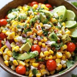 - 4 ears of fresh corn, husked - 1 cup cherry tomatoes, halved - 1/2 red onion, finely diced - 1/2 cup crumbled feta cheese - 1/4 cup fresh cilantro, chopped - 1 avocado, diced - 2 tablespoons mayonnaise - 1 tablespoon sour cream - 1 teaspoon chili powder - 1 lime, juiced - Salt and pepper, to taste Using fresh and quality ingredients makes this salad shine. Choosing the best corn: Look for corn with bright green husks. The kernels should be plump and milky. Sweet corn tastes the best, especially when grilled. Importance of ripe avocados and tomatoes: Ripe avocados feel slightly soft. They add creaminess to the salad. For tomatoes, choose firm ones with a rich color. Ripe cherry tomatoes bring sweetness and balance to the dish. Dairy-free options: Swap feta with a dairy-free cheese. You can also use tahini for creaminess. Gluten-free alternatives: This salad is naturally gluten-free. Just ensure that any added ingredients are also gluten-free. For the full recipe, click [Full Recipe]. - Prep time: 15 minutes - Cook time: 15 minutes - Total time: 30 minutes - Servings: 6 Grilling the corn: Start by preheating your grill to medium-high heat. This step is key for great flavor. Grill the corn for 10 to 12 minutes. Turn the corn occasionally so it chars evenly. You want those nice grill marks! Once cooked, let the corn cool a bit. Then, cut the kernels off the cob. Do this over a large bowl to catch all the juicy kernels. Combining ingredients for the salad: Now that your corn is ready, add the following to your bowl: - 1 cup cherry tomatoes, halved - 1/2 red onion, finely diced - 1/2 cup crumbled feta cheese - 1/4 cup fresh cilantro, chopped - 1 avocado, diced This mix adds color and crunch to your salad. Stir gently so you don’t mash the avocado. Making the dressing: In a small bowl, mix these ingredients: - 2 tablespoons mayonnaise - 1 tablespoon sour cream - 1 teaspoon chili powder - Juice from 1 lime - Salt and pepper to taste Whisk until smooth. This dressing adds creaminess and zest. Adjusting seasoning to taste: Pour the dressing over your salad mix. Gently toss everything together until well coated. Taste your salad. If you want more flavor, add extra salt, pepper, or lime juice. Let the salad sit for at least 10 minutes. This helps the flavors blend together beautifully. You can find the full recipe online if you need more detailed steps! To boost the flavor of your Mexican street corn salad, try adding extra spices. A pinch of smoked paprika can give it a warm, smoky taste. You can also sprinkle some cayenne for a spicy kick. You can incorporate different herbs for a fresh twist. Fresh mint or oregano can add unique notes. Just chop them finely and mix them in with the other ingredients. Present your salad in a large bowl or a colorful platter. Garnish it with extra cilantro and a sprinkle of chili powder for a vibrant look. Adding lime wedges on the side can give guests a zesty option. For protein pairings, grilled chicken or shrimp work well. They complement the salad's flavors. Consider serving it with tortilla chips for a crunchy side. If you want to prepare this dish in advance, do it a few hours before serving. This allows the flavors to blend well. Just keep the salad in the fridge until you're ready to serve. For storage, use an airtight container. This keeps the salad fresh for up to three days. Be sure to add the avocado right before serving. This keeps it from browning too soon. Check out the Full Recipe for more details! {{image_2}} For a vegetarian take on Mexican street corn salad, add tofu or chickpeas. Tofu brings protein and absorbs flavors well. Chickpeas add a nice crunch. For a vegan version, swap mayo with a plant-based option. Use cashew cream or silken tofu mixed with lime juice instead. For cheese, try nutritional yeast or a vegan cheese that melts well. You can change up the ingredients based on the season. In summer, add diced bell peppers for color and crunch. In fall, consider roasted butternut squash for a sweet twist. You can also play with cheese. Feta is classic, but goat cheese adds a creamy tang. Cotija cheese gives a more traditional taste, too. Want some heat? Add diced jalapeños or a splash of hot sauce. This brings a nice kick to the salad. For a sweeter touch, stir in corn salsa. Fresh corn adds sweetness, but salsa can enhance that flavor. You can even mix in diced mango or pineapple for a fruity twist. For the full recipe, check out the detailed instructions to make this delicious dish at home! To keep your Mexican street corn salad fresh, store it in the fridge. Use an airtight container to seal in the flavors. This method helps the salad stay crisp and cool. Aim to eat it within three days for the best taste and texture. If you notice any moisture, drain it before serving. This will help avoid a soggy salad. You can freeze this salad, but I don’t recommend it. Freezing changes the texture of the corn and other fresh ingredients. If you must freeze it, separate the dressing from the salad. Store the salad in a freezer-safe container without the dressing. When you’re ready to eat, thaw it in the fridge overnight. Mix in the dressing just before serving. Each ingredient in this salad has its own shelf life. Here’s a quick guide: - Corn: Fresh corn lasts 3-5 days in the fridge. - Tomatoes: Cherry tomatoes stay fresh for about a week. - Red onion: It keeps well for 1-2 weeks in the fridge. - Feta cheese: It can last up to a month if stored properly. - Cilantro: Fresh cilantro lasts about a week. - Avocado: Ripe avocados should be used within 1-2 days. Knowing how long each ingredient lasts helps you plan meals. This way, you can enjoy the full flavor of your Mexican street corn salad. Mexican Street Corn Salad, or Esquites, is a tasty dish inspired by street food in Mexico. It takes the classic flavors of elote, which is corn on the cob slathered with creamy toppings, and turns it into a salad. The main ingredients are sweet corn, fresh herbs, and tangy cheese. The dish is bright, fresh, and full of flavor. You can enjoy it warm or cold. It makes a great side dish for summer barbecues or a light lunch. Yes, you can! If you don’t have a grill or prefer not to use one, you can boil or roast the corn instead. To boil, simply place the husked corn in a pot of boiling water for about 5-7 minutes. To roast, preheat your oven to 400°F (200°C). Wrap the corn in foil and roast for 25-30 minutes. After cooking, cut the kernels off the cob and mix them into your salad. This method still gives great flavor. This salad pairs well with many dishes. You can serve it alongside grilled chicken, shrimp tacos, or steak. It also goes great with a nice piece of fish. For a vegetarian option, pair it with quesadillas or black bean burgers. The fresh flavors of the salad complement many meals, making it a versatile choice. If you like your salad mild, skip the chili powder. You can also use less lime juice for a milder taste. To make it spicy, add diced jalapeños or a dash of hot sauce. You can even sprinkle a little cayenne pepper into the dressing. Taste as you go, and adjust to find your perfect heat level. In this blog post, we explored a fresh Mexican Street Corn Salad. We covered key ingredients like corn, tomatoes, and avocado, emphasizing quality and freshness. I shared easy steps for preparation, along with tips to enhance flavor. You can customize the dish for dietary needs or personal taste. Remember to store it properly for lasting freshness. This salad is perfect for any meal or gathering. Enjoy your cooking and stay creative with variations. It’s all about making this dish your own!
