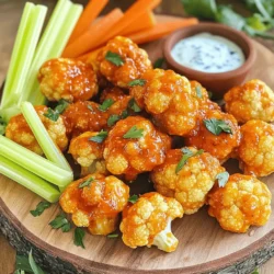 To make Buffalo Cauliflower Bites, you need a few key ingredients: - 1 medium head of cauliflower, cut into bite-sized florets - 1 cup all-purpose flour - 1 teaspoon garlic powder - 1 teaspoon onion powder - 1 teaspoon smoked paprika - 1/2 teaspoon cayenne pepper (adjust for spice level) - 1 cup water (or plant-based milk for creaminess) - 1 cup buffalo sauce (store-bought or homemade) - 2 tablespoons olive oil - Salt and pepper to taste These ingredients come together to create a tasty and healthy snack. The cauliflower gives you a great base, while the flour and spices form a crispy coating. The buffalo sauce adds that famous kick of flavor, and the olive oil helps everything bake to perfection. I love to serve my Buffalo Cauliflower Bites with fresh veggies. Celery and carrot sticks add a nice crunch. They also help cool down the heat from the buffalo sauce. For dipping, you can choose blue cheese or ranch dressing. Both bring extra creaminess and flavor. When you serve these bites, you create a fun and vibrant snack spread that everyone will enjoy. For the full recipe, check out the detailed instructions! First, preheat your oven to 450°F (230°C). This helps the bites get crispy. Line a baking sheet with parchment paper. This keeps the bites from sticking and makes cleanup easy. Next, grab a large mixing bowl. In it, whisk together the flour, garlic powder, onion powder, smoked paprika, cayenne pepper, salt, and pepper. This mix gives the bites great flavor. Gradually add water or plant-based milk to the dry ingredients. Whisk until the batter is smooth. Now it's time to coat the florets. Dip each cauliflower floret into the batter. Make sure each piece gets an even coat. Then, place the coated florets on the lined baking sheet. Bake the cauliflower for 20 to 25 minutes. Halfway through, flip the florets. This ensures they cook evenly. When they are golden and crispy, take them out. While the cauliflower bakes, mix the buffalo sauce with olive oil in a separate bowl. Once the cauliflower comes out of the oven, toss the hot florets in the buffalo sauce mixture. Make sure they are well-coated. Return the coated cauliflower to the baking sheet. Bake them again for another 10 to 15 minutes. This makes the sauce bubble and caramelize. When done, take them out and let them cool slightly before serving. For the full recipe, check above. Enjoy these tasty and healthy bites! To get crispy cauliflower, start with dry florets. Pat them with a towel. This helps the batter stick well. Use a hot oven, set at 450°F (230°C). Bake for a full 25 minutes, flipping halfway through. For extra crunch, bake them a little longer after coating with buffalo sauce. Adjusting spice levels is easy. If you want more heat, add more cayenne pepper. Taste the batter before coating the cauliflower. You can also mix in hot sauce for extra flavor. For milder bites, skip the cayenne. Serving your bites well makes them more fun. Place the cauliflower on a big platter. Add fresh herbs like parsley or cilantro for color. Pair with fresh celery and carrot sticks for crunch. Don’t forget the dip! Set out a bowl of blue cheese or ranch dressing. This adds a cool touch to the spicy bites. You can also use yogurt for a lighter option. For a fun twist, try adding sliced green onions or sesame seeds as a garnish. For the full recipe, check out the detailed steps I provided earlier. {{image_2}} You can switch up the flavor of your Buffalo Cauliflower Bites easily. Do you love heat? Use spicy buffalo sauce. It adds a strong kick. If you prefer less heat, go for mild buffalo sauce. It still packs flavor but won’t burn your tongue. You can also play with different seasoning blends. Try adding lemon zest for a fresh twist. Or, mix in some cumin for a smoky flavor. Garlic lovers can add more garlic powder to enhance that savory taste. Making these bites fit your diet is simple. For a gluten-free option, swap all-purpose flour with gluten-free flour. This change keeps the batter light while ensuring it’s safe for those with gluten issues. Want to make it vegan? Use plant-based milk instead of water in the batter. This tweak gives your bites a creamy texture without dairy. You still get that crunchy outside and soft inside, all while keeping it plant-based. If you're ready to dive into the full experience, check out the Full Recipe. Enjoy playing with these variations to find your perfect bite! To store leftovers, let the Buffalo Cauliflower Bites cool down. Place them in an airtight container. Make sure to keep them in the fridge. They will stay fresh for about three days. If you want to keep them longer, you can freeze them. Just make sure to wrap them well in plastic wrap or foil. This helps prevent freezer burn. To reheat, you want them crispy again. The best method is to use the oven. Preheat your oven to 350°F (175°C). Spread the bites on a baking sheet. Bake for about 10 to 15 minutes. This helps them regain their crunch. You can also use an air fryer for quick reheating. Set it to 350°F (175°C) and cook for 5 to 7 minutes. Both methods work well to keep your Buffalo Cauliflower Bites tasty. For the full recipe, you can check the details above. Can I make Buffalo Cauliflower Bites in advance? Yes, you can make Buffalo Cauliflower Bites ahead of time. Prepare the bites and bake them, then let them cool. Store them in an airtight container in the fridge. When you are ready to eat, reheat them in the oven at 350°F (175°C) for about 10 minutes. This keeps them crispy and delicious. What can I serve with Buffalo Cauliflower Bites? Buffalo Cauliflower Bites pair well with several items. I love serving them with fresh celery sticks and carrot sticks. They add a nice crunch and contrast. You can also offer blue cheese or ranch dressing for dipping. This adds a creamy touch that balances the spice. How do I make homemade buffalo sauce for the recipe? Making homemade buffalo sauce is simple. You can mix 1/2 cup of hot sauce with 1/4 cup of melted butter. For a twist, add a dash of garlic powder or cayenne pepper. Adjust the heat level to your liking. This sauce is perfect for tossing the baked cauliflower bits. For more details, check the Full Recipe. Buffalo Cauliflower Bites are easy and tasty. You need just a few ingredients: cauliflower, flour, and sauce. Follow simple steps to coat and bake them for crispiness. Don't forget to try different flavor options and adjust spice to fit your taste. Store leftovers in the fridge and reheat them for the best results. With all these tips, you can enjoy this delicious snack anytime!