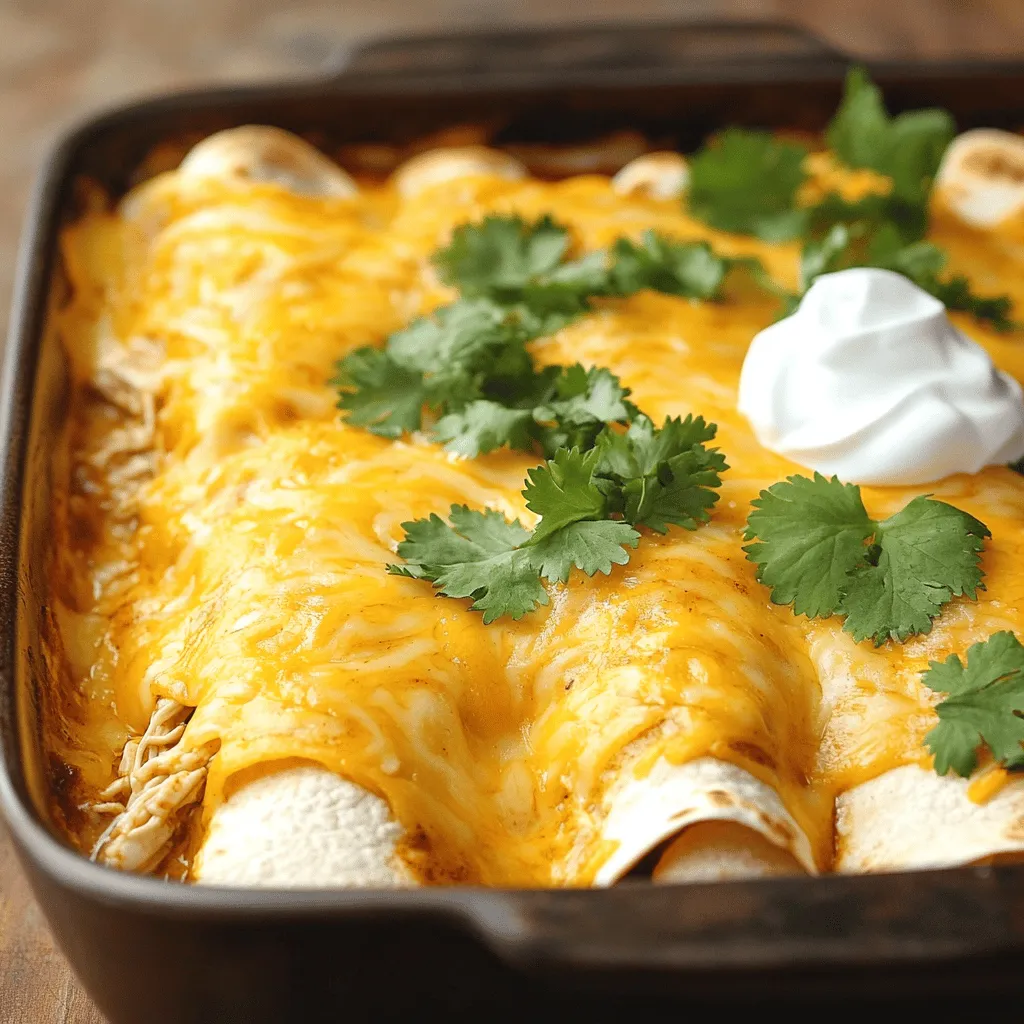 To make classic chicken enchiladas, you need a few key items: - 2 cups cooked shredded chicken - 1 cup enchilada sauce (store-bought or homemade) - 1 cup shredded cheddar cheese - 1 small onion, finely chopped - 1 tablespoon olive oil - 8 small corn or flour tortillas These ingredients form the base of your enchiladas. The cooked shredded chicken adds protein. The enchilada sauce brings flavor, while the cheese provides creaminess. For extra taste, consider adding: - 1 teaspoon ground cumin - 1 teaspoon garlic powder - 1 teaspoon onion powder - Fresh cilantro, chopped (for garnish) - Sour cream (for serving) These optional ingredients enhance the dish. Spices like cumin, garlic, and onion powder deepen the flavors. Fresh herbs like cilantro brighten the plate. Sour cream adds a creamy touch when you serve your enchiladas. For the complete recipe, check out the [Full Recipe]. First, shred the chicken. You can use rotisserie chicken for ease. It saves time and adds great flavor. Next, prepare the sauces and spices. Measure out 1 cup of enchilada sauce. You can use store-bought or homemade. Gather your spices: 1 teaspoon each of ground cumin, garlic powder, and onion powder. Now, it’s time to fill the tortillas. Take a tortilla and lay it flat. Add a generous scoop of the chicken mixture to the center. Roll it up tightly and place it seam-side down in a greased 9x13 inch baking dish. Repeat this for all tortillas. As you fill them, make sure to leave some space between each one. Preheat the oven to 375°F (190°C). Once your enchiladas are in the dish, pour the remaining enchilada sauce over them. Make sure it covers each enchilada evenly. Sprinkle the rest of the cheddar cheese on top. Cover the dish with aluminum foil. Bake for 20 minutes. Remove the foil and bake for another 10 minutes. This helps the cheese bubble and turn golden. Now you’re ready to enjoy your flavorful chicken enchiladas! To keep your tortillas pliable, you can warm them up. Heat them in a pan for about 30 seconds on each side. You can also wrap them in a damp paper towel and microwave them for 20 seconds. This helps avoid cracks when you roll them. To avoid soggy enchiladas, don't soak the tortillas in sauce. Instead, fill them, roll them, and place them in the baking dish. Pour the sauce over the top just before baking. This keeps the tortillas firm. For side dishes, consider serving rice or beans. Mexican rice adds a nice touch. Refried beans also work well and add protein. Garnishes can enhance the flavor of your enchiladas. Fresh cilantro adds a bright taste. Slices of avocado or a dollop of sour cream can also make each bite creamy and rich. For more ideas, you can explore the Full Recipe. {{image_2}} To spice up your filling, consider adding some diced jalapeños or green chiles. These ingredients bring a nice heat without overpowering the dish. You can also mix in black beans for extra fiber and texture. For a vegetarian version, replace the chicken with roasted vegetables like bell peppers, zucchini, or mushrooms. These options add flavor and freshness to your enchiladas. While traditional enchilada sauce is great, you can experiment with other sauces. Try using salsa verde for a tangy twist or mole for a rich depth of flavor. If you prefer creamier enchiladas, make a creamy sauce by blending sour cream with salsa. This adds a smooth texture and a hint of tanginess. You can customize the sauce to fit your taste. Each variation keeps things exciting! To keep your chicken enchiladas fresh, store them in an airtight container. Place them in the fridge within two hours of cooking. They will last for about three to four days. If you want to save them longer, freezing is a great option. To freeze, wrap each enchilada in plastic wrap. Then put them in a freezer-safe bag. They can last up to three months in the freezer. To enjoy your enchiladas again, reheating them properly is key. Preheat your oven to 350°F (175°C). Place the enchiladas in an oven-safe dish. Cover them with foil to keep moisture in. Heat for about 20 minutes or until warm. If you use a microwave, place them on a plate and cover with a damp paper towel. Heat in short bursts of 30 seconds until hot. This way, your enchiladas stay moist and tasty. You can use cooked shredded chicken for enchiladas. Rotisserie chicken works great because it's easy and adds flavor. You can also boil or bake chicken breasts and then shred them. The key is to ensure the chicken is moist and seasoned well. Adding spices, like cumin and garlic powder, enhances the taste. Yes, you can prepare enchiladas in advance. Assemble them up to 24 hours ahead and store them in the fridge. When you're ready to bake, just pour the sauce over and bake as directed. This saves time and makes for a quick meal on busy nights. If you don't have enchilada sauce, you can use salsa or tomato sauce. You can also blend some diced tomatoes with spices for a homemade version. Adding a bit of chili powder or cumin can help mimic the enchilada flavor. Be creative; there are many options! - Read the detailed recipe here: Savory Chicken Enchiladas You learned how to make flavorful chicken enchiladas. We covered essential ingredients, optional spices, and storage tips. Remember, keeping tortillas pliable is key. Get creative with sauces and veggie options for variety. Don’t forget to serve with fresh garnishes. These enchiladas are sure to impress! Enjoy creating this tasty dish in your kitchen. With practice, you’ll master your own perfect recipe.