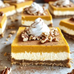 To make pumpkin spice cheesecake bars, we need the following items: - 1 ½ cups graham cracker crumbs - ½ cup unsalted butter, melted - 2 tablespoons brown sugar - 1 teaspoon cinnamon - 1 (8 oz) package cream cheese, softened - ½ cup granulated sugar - 1 cup pumpkin puree - 2 large eggs - 2 teaspoons vanilla extract - 1 teaspoon pumpkin pie spice - ¼ teaspoon salt - Whipped cream (for serving, optional) - Chopped pecans or walnuts (for garnish, optional) The crust has a crunchy and sweet base. It uses graham cracker crumbs, butter, brown sugar, and cinnamon. Press the crust firmly into the pan for the best texture. For the filling, cream cheese brings a rich creaminess. The pumpkin puree adds flavor and moisture. Sugar sweetens the mix, while eggs help set the cheesecake. I love to serve these bars with whipped cream. A dollop adds a light and creamy touch. Chopped pecans or walnuts give a nice crunch. If you have fresh autumn spices, sprinkle them on top for extra flavor. You can find the full recipe for these pumpkin spice cheesecake bars in the link provided. Enjoy making this delicious treat! 1. Preheat the oven and prepare the baking pan Start by preheating your oven to 350°F (175°C). This step is key for even baking. Next, grab an 8-inch square baking pan. Line it with parchment paper, leaving some paper over the edges. This makes it easy to lift the bars out later. 2. Make the graham cracker crust In a mixing bowl, combine 1 ½ cups of graham cracker crumbs with ½ cup of melted unsalted butter, 2 tablespoons of brown sugar, and 1 teaspoon of cinnamon. Mix these together until the mixture looks crumbly. Press this mixture firmly into the bottom of your prepared pan. It should form an even layer. Bake this in the oven for 10 minutes, then take it out and let it cool. 3. Combine cream cheese and sugars In a large bowl, beat 1 (8 oz) package of softened cream cheese with ½ cup of granulated sugar. Mix for about 2-3 minutes until it’s smooth and creamy. You want it to be fluffy, so take your time with this step. 4. Incorporate pumpkin and spices Add 1 cup of pumpkin puree, 2 large eggs, 2 teaspoons of vanilla extract, 1 teaspoon of pumpkin pie spice, and ¼ teaspoon of salt to the cream cheese mixture. Beat everything together until it is well mixed and smooth. This is where the magic happens, as the flavors blend beautifully. 5. Pour filling over crust and bake Once your crust has cooled, pour the pumpkin cheesecake filling over it. Spread it out evenly with a spatula. Place it back in the oven and bake for 30-35 minutes. The edges should look set, while the center will be slightly jiggly. 6. Cooling process and chilling tips After baking, let the bars cool at room temperature for about 10 minutes. Then, move them to the fridge to chill for at least 2 hours. Chilling is important for the texture, so don’t skip this step! Once fully chilled, lift the bars out using the parchment paper. Cut them into squares and enjoy. You can serve them with whipped cream and a sprinkle of chopped pecans or walnuts for added flair. For the full recipe, refer to the complete instructions and ingredient list provided. To get the best texture in your pumpkin spice cheesecake bars, start with room temperature ingredients. When cream cheese and eggs are at room temperature, they mix better. This helps create a smooth filling with no lumps. It also bakes evenly, which is key for great texture. Baking times can vary based on your oven. Keep an eye on the bars in the last few minutes. If your oven runs hot, check them a bit earlier. They are done when the edges look set but the center has a slight jiggle. This ensures a creamy texture. Serve these bars with a dollop of whipped cream. It adds lightness and a nice contrast to the rich cheesecake. You can also sprinkle chopped pecans or walnuts on top. They add a nice crunch and flavor. For gatherings, get creative! Cut the bars into fun shapes using cookie cutters. You can also serve them on a platter with seasonal fruits like apples or pears. This gives your dessert a colorful touch and makes it even more inviting. {{image_2}} You can swap pumpkin puree for other flavors. Try using sweet potato or butternut squash. Both give a nice twist while keeping the creamy texture. For a chocolate twist, mix in cocoa powder. You can also use flavored cream cheese, like cinnamon or maple, for a fun twist. If you want a vegan version, use plant-based cream cheese. You can replace eggs with flaxseed meal or silken tofu. For a gluten-free option, use gluten-free graham crackers for the crust. These changes keep the spirit of the bars while catering to different diets. Adding spices can give your bars a unique flavor. Try nutmeg, ginger, or even cardamom to spice things up. Top your bars with caramel sauce, chocolate drizzle, or a sprinkle of toasted coconut. Each topping adds a new layer of flavor. Seasonal fruits also work great. Chopped apples or pears can enhance the taste. You could also add fresh cranberries for a tart kick. These additions make your pumpkin spice cheesecake bars even more delightful. To keep your pumpkin spice cheesecake bars fresh, store them in the fridge. Use an airtight container to prevent them from drying out. You can also cover them tightly with plastic wrap. If you want to freeze them, cut the bars first. Place them in a single layer in a freezer bag. Make sure to remove as much air as possible. They can last in the freezer for up to three months. In the refrigerator, these bars last about five days. After that, they may lose flavor and texture. If you notice any off smells, mold, or a change in color, discard them. Always check for these signs to ensure you enjoy them at their best. Can I make this recipe ahead of time? Yes, you can make these bars a day or two in advance. Just store them in the fridge. This allows the flavors to blend, making them even tastier. Remember to cover them well to avoid drying out. What’s the best way to cut cheesecake bars? To cut cheesecake bars cleanly, use a sharp knife. Dip the knife in hot water and wipe it dry before each cut. This helps prevent sticking and gives you nice, even squares. Why did my cheesecake bars crack? Cracks often happen when the filling bakes too long or at too high a temperature. Make sure to bake at 350°F and check around 30 minutes. The center should jiggle slightly when done. How can I fix a soggy crust? A soggy crust can be a bummer. To avoid this, bake the crust for 10 minutes before adding the filling. If you already have a soggy crust, try baking it a bit longer to firm it up. You learned how to make delicious pumpkin spice cheesecake bars. We covered the ingredients, step-by-step instructions, tips for texture, and serving ideas. You can customize flavors and store them properly for later. Remember, following these easy steps and FAQs ensures tasty bars every time. Enjoy sharing this treat with friends and family. Make your baking fun and rewarding!